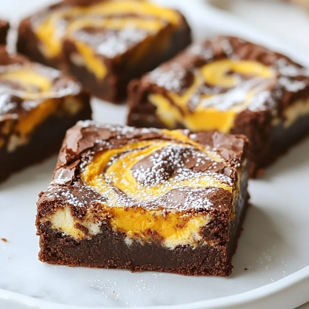 Für die Brownies benötigst du: - 1 Tasse ungesüßtes Kakaopulver - 1 Tasse Weizenmehl - 1 ½ Tassen Zucker - ½ Teelöffel Backpulver - ½ Teelöffel Natron - ½ Teelöffel Salz - 1 Tasse ungesalzene Butter, geschmolzen - 4 große Eier - 1 Teelöffel Vanilleextrakt - 1 Tasse Kürbispüree - 1 Teelöffel gemahlener Zimt - ½ Teelöffel geriebene Muskatnuss Diese Zutaten machen die Brownies schön schokoladig und saftig. Das Kürbispüree bringt eine tolle Textur und einen feinen Geschmack. Für die cremige Marmorierung brauchst du: - 1 Tasse Frischkäse, weich - ¼ Tasse Puderzucker - 1 Eigelb Diese Mischung macht die Brownies besonders lecker. Sie sorgt für einen tollen Kontrast zu den schokoladigen Brownies. Um die Brownies zu backen, brauchst du: - Eine Backform von 23x33 cm (9x13 Zoll) - Zwei große Schüsseln - Einen Schneebesen - Ein Sieb - Ein Messer oder Schaschlikstäbchen zum Marmorieren Mit diesen Utensilien bist du bereit, die Kürbis-Frischkäse-Marmorbrownies zuzubereiten. Viel Spaß beim Backen! {{ingredient_image_2}} Zuerst heize deinen Ofen auf 175°C vor. Fette eine Backform von 23x33 cm ein oder lege sie mit Backpapier aus. In einer großen Schüssel vermischst du das Kakaopulver, Weizenmehl, Zucker, Backpulver, Natron und Salz. Siebe die trockenen Zutaten gut, damit sie gleichmäßig verteilt sind. In einer separaten Schüssel verquirlst du die geschmolzene Butter, die Eier und den Vanilleextrakt. Rühre diese Mischung vorsichtig unter die trockenen Zutaten. Achte darauf, nicht zu viel zu rühren. Der Teig sollte gerade so vermischt sein. In einer kleinen Schüssel rührst du das Kürbispüree mit gemahlenem Zimt und geriebener Muskatnuss glatt. In einer anderen Schüssel schlägst du den weichen Frischkäse mit Puderzucker und einem Eigelb. Mische alles gut, bis eine cremige Masse entsteht. Verteile die Hälfte des Brownieteigs gleichmäßig in der Backform. Setze Löffel von dem Kürbispüree darüber, gefolgt von Löffeln der Frischkäse-Mischung. Mit einem Messer ziehst du sanft durch die Schichten, um einen Marmorierungseffekt zu erzielen. Gieße den restlichen Brownieteig darüber und wiederhole die Löffel-Mischung. Backe die Brownies 30-35 Minuten lang. Ein Zahnstocher sollte mit wenigen feuchten Krümeln herauskommen. Lass die Brownies 15 Minuten abkühlen, bevor du sie schneidest. Um perfekte Kürbis-Frischkäse-Marmorbrownies zu backen, achte auf einige Punkte: - Zutaten richtig abmessen: Verwende einen Messbecher für Flüssigkeiten und eine Küchenwaage für trockene Zutaten. - Butter nicht zu heiß: Lass die geschmolzene Butter etwas abkühlen, bevor du sie zu den Eiern gibst. - Nicht zu viel rühren: Mische die trockenen und feuchten Zutaten nur, bis sie gerade verbunden sind. Zu viel Rühren kann die Brownies zäh machen. - Backzeit im Auge behalten: Jeder Ofen ist anders. Überprüfe die Brownies 5 Minuten vor dem Ende. Die Marmorierung macht die Brownies besonders. Hier sind meine Tipps: - Verwende einen Löffel: Nimm einen Esslöffel, um die Kürbis- und Frischkäse-Mischung gleichmäßig zu verteilen. - Sanft einwirbeln: Nutze ein Messer oder ein Schaschlikstäbchen, um die Mischungen vorsichtig in den Teig einzuwirbeln. - Nicht übertreiben: Achte darauf, nicht zu viel zu vermischen. Du willst die schönen Marmorierungen sehen. Kürbispüree ist das Herzstück dieser Brownies. So nutzt du es am besten: - Frisches oder Dosenpüree: Beide funktionieren gut. Dosenpüree ist oft einfacher. - Konsistenz prüfen: Achte darauf, dass das Püree nicht zu wässrig ist. Das kann die Textur der Brownies beeinflussen. - Würzen: Du kannst zusätzlich Muskatnuss oder Ingwer hinzufügen, um den Geschmack zu verstärken. Diese Tipps helfen dir, die besten Kürbis-Frischkäse-Marmorbrownies zu backen. Viel Spaß beim Backen! Pro Tipps Qualität der Zutaten: Verwende frisches Kürbispüree für den besten Geschmack. Du kannst auch selbstgemachtes Püree verwenden, um die Aromen zu intensivieren. Richtige Backzeit: Überprüfe die Brownies einige Minuten vor der angegebenen Backzeit, um ein Austrocknen zu vermeiden. Die Brownies sind fertig, wenn ein Zahnstocher mit wenigen feuchten Krümeln herauskommt. Marmorierungstechnik: Verwende einen Holzlöffel oder einen Spieß, um die Kürbis- und Frischkäse-Mischung sanft in den Teig einzuwirbeln. So erreichst du einen schönen Marmoreffekt. Perfekte Lagerung: Bewahre die Brownies in einem luftdichten Behälter im Kühlschrank auf, um ihre Frische zu erhalten. Sie können bis zu einer Woche haltbar sein. {{image_4}} Um eine vegane Version der Kürbis-Frischkäse-Marmorbrownies zu machen, kannst du die Eier durch Apfelmus ersetzen. Nutze 1/4 Tasse Apfelmus pro Ei. Für die Butter wähle eine pflanzliche Margarine oder Kokosöl. Statt Frischkäse kannst du einen veganen Frischkäse verwenden. Diese Substitutionen machen die Brownies lecker und frei von tierischen Produkten. Wenn du glutenfreie Brownies möchtest, ersetze das Weizenmehl durch eine glutenfreie Mehlmischung. Achte darauf, dass die Mischung Xanthan oder Guarkernmehl enthält, um die Textur zu verbessern. Diese Änderung sorgt dafür, dass die Brownies trotzdem schön saftig und schokoladig bleiben. Du kannst die Aromen der Brownies leicht variieren. Füge Schokoladenstückchen für mehr Süße hinzu oder nutze gewürzte Nüsse für einen Crunch. Ein Schuss Espresso-Pulver hebt den Schokoladengeschmack hervor. Probiere auch, einen Hauch von Vanille oder Karamellsauce für extra Geschmack hinzuzufügen. Diese kleinen Änderungen machen deine Brownies einzigartig und spannend. Um die Kürbis-Frischkäse-Marmorbrownies frisch zu halten, lege sie in einen luftdichten Behälter. Diese Methode schützt sie vor Austrocknung und hält ihren köstlichen Geschmack. Du kannst sie auch mit Frischhaltefolie abdecken. Achte darauf, dass die Brownies vollständig abgekühlt sind, bevor du sie lagerst. So bleibt die Feuchtigkeit erhalten. Wenn du die Brownies wieder aufwärmen möchtest, heize den Ofen auf 150°C vor. Lege die Brownies auf ein Backblech und wärme sie etwa 10 Minuten lang. So werden sie wieder weich und schokoladig. Du kannst auch eine Kugel Eis oder Sahne hinzufügen, um das Dessert zu verfeinern. Ein Spritzer Karamellsoße bringt einen zusätzlichen Genuss. Im Kühlschrank halten sich die Brownies etwa eine Woche. Bei richtiger Lagerung bleiben sie frisch und lecker. Wenn du sie länger aufbewahren möchtest, friere sie ein. In einem gefrierfesten Behälter sind sie bis zu drei Monate haltbar. Um sie später zu genießen, lasse sie einfach über Nacht im Kühlschrank auftauen. Kürbis-Frischkäse-Brownies sind im Kühlschrank etwa eine Woche haltbar. Stelle sicher, dass du sie in einem luftdichten Behälter aufbewahrst. So bleiben sie frisch und lecker. Wenn du sie länger aufbewahren möchtest, friere sie ein. Eingefroren halten sie bis zu drei Monate. Lass sie einfach im Kühlschrank auftauen. Ja, du kannst frisches Kürbispüree verwenden! Koche dazu den Kürbis, bis er weich ist. Püriere ihn dann, bis er glatt ist. Achte darauf, das Püree gut abtropfen zu lassen. Zu viel Flüssigkeit kann die Konsistenz der Brownies beeinträchtigen. Frisches Püree gibt den Brownies einen tollen Geschmack. Um die Brownies glutenfrei zu machen, ersetze das Weizenmehl durch glutenfreies Mehl. Achte darauf, dass das Mehl eine gute Bindung hat. Reismehl oder Mandelmehl sind gute Alternativen. Du kannst auch eine glutenfreie Mehlmischung verwenden. Diese sorgt für eine ähnliche Textur wie das normale Mehl. In diesem Blogbeitrag haben wir die wichtigsten Zutaten für Kürbis-Frischkäse-Brownies besprochen. Wir haben eine einfache Schritt-für-Schritt-Anleitung gegeben, um den perfekten Teig und die Marmorierung zu kreieren. Zudem gab es Tipps, um Fehler zu vermeiden und Varianten für jeden Geschmack vorzustellen. Abschließend sind diese Brownies einfach zuzubereiten und schmecken klasse. Experimentiere mit neuen Aromen und genieße sie frisch aus dem Ofen. So machst du jeden Anlass besonders lecker!