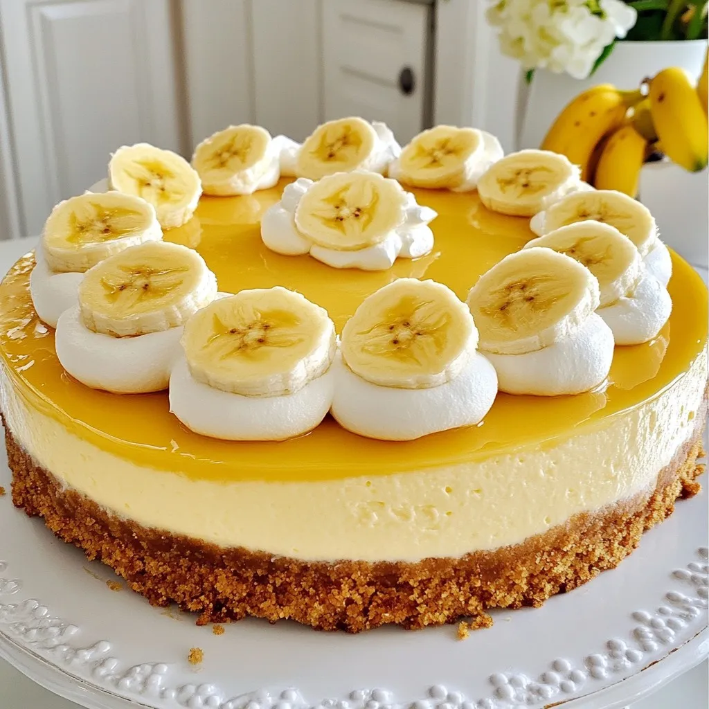 Für unseren Banane Cream Cheesecake brauchen wir die folgenden Hauptzutaten: - 450 g Frischkäse, weich gemacht - 3/4 Tasse Puderzucker - 1 Teelöffel Vanilleextrakt - 2 reife Bananen, zerdrückt - 1 Tasse Schlagsahne - 1/4 Tasse Bananenpüree (eine Banane mit etwas Wasser pürieren) - 1 Esslöffel Zitronensaft Diese Zutaten sind das Herzstück des Käsekuchens. Der Frischkäse sorgt für die cremige Textur, während die Bananen einen frischen Geschmack hinzufügen. Die Kruste ist einfach und lecker. Hier sind die Zutaten dafür: - 2 Tassen Graham-Cracker-Brösel - 1/2 Tasse ungesalzene Butter, geschmolzen - 1/4 Tasse Kristallzucker Die Kruste ist wichtig, um einen guten Biss zu bekommen. Die Mischung aus Graham-Crackern, Butter und Zucker schafft eine süße Basis für unseren Käsekuchen. Um den Käsekuchen schön zu präsentieren, können wir Folgendes verwenden: - Bananenscheiben - Schlagsahne - Einige Graham-Cracker-Brösel zum Bestreuen Diese Dekoration macht den Käsekuchen nicht nur hübsch, sondern fügt auch zusätzliche Texturen und Aromen hinzu. Jeder Bissen wird so noch besser! {{ingredient_image_2}} Um die perfekte Graham-Cracker-Kruste zu machen, brauchst du zuerst die Zutaten. Du benötigst: - 2 Tassen Graham-Cracker-Brösel - 1/2 Tasse ungesalzene Butter, geschmolzen - 1/4 Tasse Kristallzucker Mische die Graham-Cracker-Brösel, die geschmolzene Butter und den Zucker in einer Schüssel. Rühre gut um, bis alles gut vermischt ist. Du willst eine gleichmäßige Masse. Drücke diese Mischung fest in den Boden einer 23 cm Springform. Achte darauf, dass es überall gleichmäßig verteilt ist. Backe die Kruste bei 175 °C im Ofen für 10 Minuten. Lass sie danach vollständig abkühlen. Jetzt kommt der spannende Teil! Für die Füllung brauchst du: - 450 g Frischkäse, weich gemacht - 3/4 Tasse Puderzucker - 1 Teelöffel Vanilleextrakt - 2 reife Bananen, zerdrückt - 1 Tasse Schlagsahne - 1/4 Tasse Bananenpüree - 1 Esslöffel Zitronensaft Schlage den weichen Frischkäse in einer großen Schüssel mit einem Mixer, bis er cremig und glatt ist. Füge dann den Puderzucker und den Vanilleextrakt hinzu. Mixe alles gut durch, bis es gleichmäßig ist. Jetzt hebe die zerdrückten Bananen und das Bananenpüree vorsichtig unter die Mischung. In einer anderen Schüssel schlage die Sahne, bis sich weiche Spitzen bilden. Hebe die Sahne sanft unter die Bananenfüllung. Dies gibt deiner Füllung eine tolle Luftigkeit. Träufle den Zitronensaft langsam hinein und rühre sanft um. Der Zitronensaft bringt den Bananengeschmack hervor und hält die Bananen frisch. Gieße die Bananencremefüllung gleichmäßig in die abgekühlte Graham-Cracker-Kruste. Verwende einen Spachtel, um die Oberfläche glatt zu streichen. Decke die Form ab und stelle sie für mindestens 4 Stunden in den Kühlschrank. So kann der Käsekuchen fest werden. Wenn du bereit bist, ihn zu servieren, garniere ihn mit frischen Bananenscheiben und kleinen Sahnehäufchen. Wenn du magst, streue ein paar Graham-Cracker-Brösel darüber. Das gibt einen netten Crunch! Um die beste Kruste zu machen, verwenden Sie frische Graham-Cracker-Brösel. Mischen Sie sie gut mit geschmolzener Butter und Zucker. Drücken Sie die Mischung fest in die Springform. Backen Sie die Kruste bei 175 °C für 10 Minuten. Lassen Sie sie dann vollständig abkühlen. So wird die Kruste knusprig und hält gut zusammen. Um die Sahne richtig aufzuschlagen, nutzen Sie eine kalte Schüssel und kalte Quirle. Schlagen Sie die Sahne langsam, bis sich weiche Spitzen bilden. Achten Sie darauf, die Sahne nicht zu übermixen. Wenn Sie die Sahne unter die Bananenmasse heben, tun Sie dies vorsichtig. So bleibt die Mischung schön luftig und leicht. Um den Bananengeschmack zu verstärken, fügen Sie etwas Zitronensaft hinzu. Der Zitronensaft verhindert, dass die Bananen braun werden. Außerdem sorgt er dafür, dass der Bananengeschmack frischer bleibt. Verwenden Sie reife Bananen, denn sie sind süßer und aromatischer. Zerdrücken Sie die Bananen gut, damit sie sich gut mit der Füllung vermischen. Pro Tipps Kühlen Sie die Schlagsahne: Um die beste Konsistenz zu erreichen, stellen Sie sicher, dass Ihre Schlagsahne und die Schüssel, in der Sie sie schlagen, gut gekühlt sind. Reife Bananen verwenden: Für den besten Geschmack und die beste Textur sollten Sie sehr reife Bananen verwenden, die leicht braun sind. Zusätzliche Garnitur: Für eine schönere Präsentation können Sie die Bananenscheiben vor dem Servieren leicht mit Zitronensaft beträufeln, um ein Braunwerden zu verhindern. Variationen ausprobieren: Fügen Sie gehackte Nüsse oder Schokoladenstückchen zur Käsekuchenfüllung hinzu, um zusätzliche Textur und Geschmack zu erhalten. {{image_4}} Wenn du eine glutenfreie Option suchst, gibt es einfache Lösungen. Verwende glutenfreie Kekse für die Kruste. Du kannst auch gemahlene Mandeln oder Haferflocken nutzen. Beide Optionen geben der Kruste einen tollen Geschmack und Textur. Achte darauf, dass die Kekse wirklich glutenfrei sind. Schokolade und Nüsse passen hervorragend zu Bananen. Du kannst Schokoladenstückchen in die Füllung mischen. Das gibt einen süßen und reichen Geschmack. Auch gehackte Nüsse sind eine tolle Ergänzung. Walnüsse oder Pekannüsse fügen Crunch und Tiefe hinzu. Streue etwas über die Füllung, bevor du sie kühlst. Für vegane Versionen kannst du den Frischkäse durch eine Mischung aus Tofu und Kokoscreme ersetzen. Verwende Pflanzenmilch für die Sahne. Für eine low-carb Variante, nutze Mandelmehl für die Kruste und Erythrit anstelle von Zucker. Diese Anpassungen machen das Dessert gesund und lecker, ohne den Geschmack zu verlieren. Nach dem Zubereiten ist es wichtig, den Käsekuchen richtig zu lagern. Decke ihn gut ab, um Gerüche zu vermeiden. Ich empfehle, Frischhaltefolie oder einen Deckel zu verwenden. So bleibt der Kuchen frisch und lecker. Lagere ihn im Kühlschrank. Hast du Reste? Keine Sorge! Du kannst sie einfach in kleine Stücke schneiden. Diese Stücke sind perfekt für ein schnelles Dessert oder einen Snack. Du kannst sie auch in Joghurt oder auf Haferflocken geben. Das bringt neue Geschmäcker. Im Kühlschrank hält sich der Käsekuchen etwa 5 bis 7 Tage. Achte darauf, ihn gut einzuwickeln. Wenn du ihn länger aufbewahren möchtest, kannst du ihn einfrieren. Im Gefrierschrank bleibt er bis zu 3 Monate frisch. Lass ihn einfach über Nacht im Kühlschrank auftauen, bevor du ihn servierst. Es dauert etwa 30 Minuten, um die Zutaten vorzubereiten. Die Kühlzeit beträgt mindestens 4 Stunden. Insgesamt brauchen Sie also rund 4 Stunden und 30 Minuten. Das Warten lohnt sich! Ihr Käsekuchen wird perfekt fest und lecker. Ja, frische Bananen sind eine gute Wahl! Sie können zwei reife Bananen zerdrücken und in die Füllung geben. Das sorgt für einen intensiven Bananengeschmack. Achten Sie darauf, die Bananen gut zu zerdrücken, damit sie sich gleichmäßig verteilen. Um braune Flecken zu vermeiden, geben Sie Zitronensaft in die Füllung. Zitronensaft verhindert die Oxidation der Bananen. Dies sorgt dafür, dass Ihr Käsekuchen frisch und schön aussieht. Auch die Verwendung von Bananenpüree hilft dabei, das Problem zu minimieren. Wir haben die Hauptzutaten für den Käsekuchen, die Kruste und die Dekoration erkundet. Ich habe die Zubereitung der Kruste und der Füllung erklärt. Außerdem gab es Tipps für die perfekte Kruste und die Aufbewahrung des Kuchens. Probieren Sie verschiedene Variationen aus, um Ihren eigenen Geschmack zu finden. Denken Sie daran, Kühl- und Lagerhinweise zu befolgen. Egal, ob Sie Ihre Reste nutzen oder einfach frisch backen wollen, dieser Käsekuchen kann großartig sein!