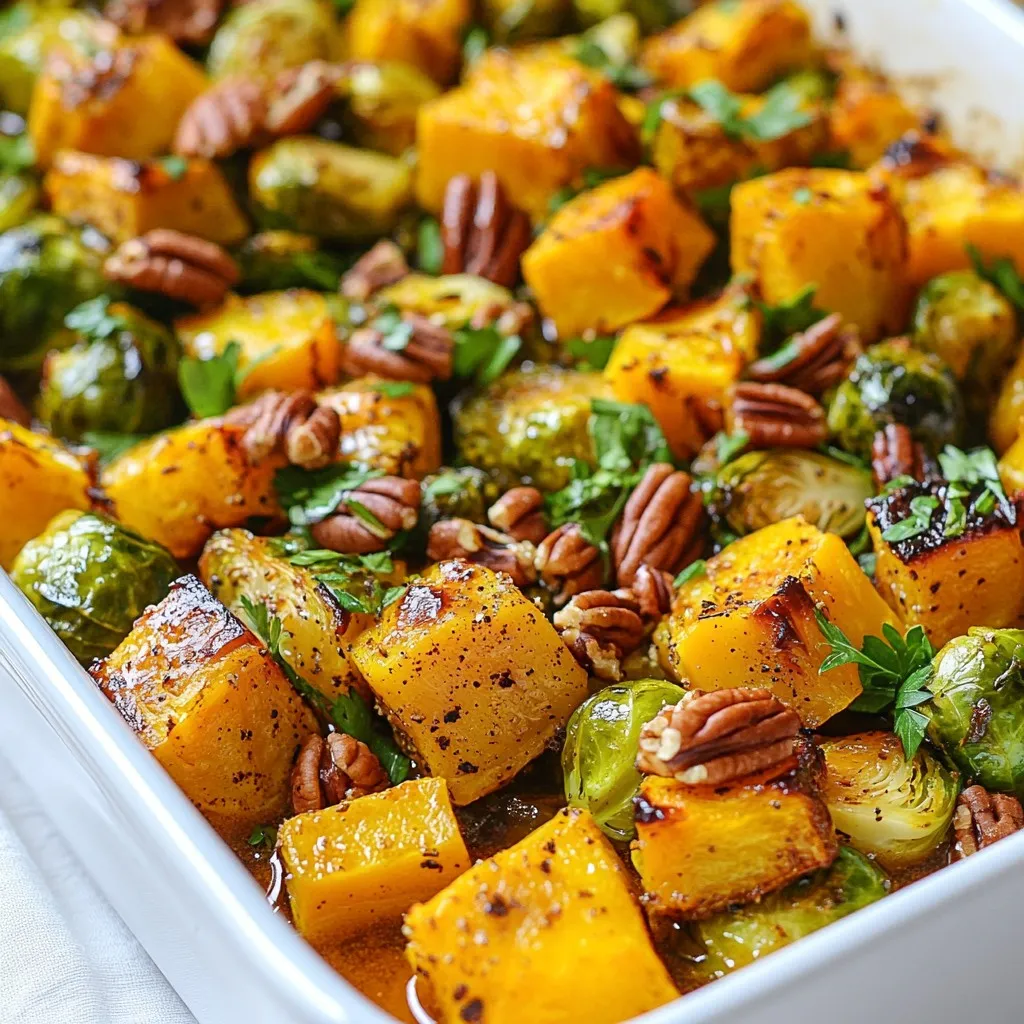 - 1 mittelgroßer Butternut-Kürbis, geschält und gewürfelt - 2 Tassen Rosenkohl, halbiert - 1 Esslöffel Olivenöl - 1 Teelöffel Zimt - 1 Teelöffel Muskatnuss - 1 Teelöffel geräucherter Paprika - Salz und Pfeffer nach Geschmack Die Hauptzutaten sind einfach und frisch. Der Butternut-Kürbis bringt eine süße Note. Rosenkohl sorgt für einen tollen Crunch und eine bittere Tiefe. Gewürze wie Zimt und Muskatnuss geben dem Gericht Wärme. Das Olivenöl hilft, alles zu verbinden und die Aromen freizusetzen. - 1 Tasse Gemüsebrühe - ¼ Tasse Ahornsirup - ½ Tasse Pekannüsse, grob gehackt - Frische Petersilie zum Garnieren Die zusätzliche Brühe macht alles saftig. Ahornsirup fügt eine süße Tiefe hinzu, die den Kürbis wunderbar ergänzt. Pekannüsse geben einen nussigen Crunch und die Petersilie bringt Frische. Diese Zutaten heben das Gericht auf ein neues Level. {{ingredient_image_2}} Heize deinen Ofen auf 200 °C vor. Dies sorgt für gleichmäßige Hitze. Schäle den Butternut-Kürbis und schneide ihn in kleine Würfel. Halbiere die Rosenkohlröschen und lege sie zur Seite. Gib das gewürfelte Gemüse in eine große Schüssel. Träufle 1 Esslöffel Olivenöl über das Gemüse. Füge 1 Teelöffel Zimt, 1 Teelöffel Muskatnuss, und 1 Teelöffel geräucherten Paprika hinzu. Streue Salz und Pfeffer nach Geschmack über die Mischung. Mische alles gründlich, bis das Gemüse gut mit den Gewürzen bedeckt ist. Verteile das gewürzte Gemüse gleichmäßig auf einem großen Backblech. Gieße eine Mischung aus 1 Tasse Gemüsebrühe und ¼ Tasse Ahornsirup über das Gemüse. Röste das Gemüse im Ofen für 25-30 Minuten. Rühre das Gemüse nach der Hälfte der Zeit um. So garen alle Teile gleichmäßig. Nehme das Blech nach dem Backen heraus und streue ½ Tasse gehackte Pekannüsse darüber. Lass sie für 2 Minuten im warmen Gemüse anrösten. Bestreue das Gericht vor dem Servieren mit frischer Petersilie. Um die Garzeit anzupassen, achte auf die Größe der Kürbisstücke. Kleinere Stücke garen schneller. Wenn du die Garzeit um fünf Minuten kürzst, wird der Kürbis schön zart. Für weicheren Kürbis kann die Temperatur auf 180 °C gesenkt werden. So bleibt das Gemüse saftig und wird nicht trocken. Probiere alternative Gewürze wie Ingwer oder Kreuzkümmel. Diese bringen neue Aromen ins Gericht. Wenn du eigene Gewürzmischungen kreieren willst, mische Zimt, Muskatnuss und ein wenig Chili. Das gibt dem Auflauf eine spannende Note. Für eine ansprechende Präsentation richte das Gemüse auf einem schönen Teller an. Streue die Pekannüsse und Petersilie darüber. Diese Farben machen das Gericht lebendig. Kombiniere den Auflauf mit einem frischen Salat oder knusprigem Brot. So schaffst du ein perfektes Herbstessen. Pro Tipps Frische Zutaten: Verwende frische, saisonale Zutaten für den besten Geschmack und die höchste Nährstoffdichte. Richtige Garzeit: Achte darauf, den Kürbis und den Rosenkohl nicht zu lange zu rösten, um ihre knackige Textur zu bewahren. Variationen ausprobieren: Experimentiere mit verschiedenen Nüssen oder füge etwas Feta-Käse hinzu, um das Gericht zu variieren. Serviertipps: Serviere das Gericht warm als Beilage oder als Hauptgericht mit einem frischen Salat. {{image_4}} Du kannst den Auflauf leicht anpassen. Ersetze das Olivenöl durch Pflanzenöl. Das macht ihn vegan. Für die Brühe nutze Gemüsebrühe. Das gibt dem Gericht einen reichen Geschmack ohne Fleisch. Füge saisonale Gemüse hinzu. Karotten oder Süßkartoffeln passen gut. Du kannst auch Reste verwenden. Mische übrig gebliebenes Gemüse für eine kreative Variante. Das reduziert Abfall und schmeckt trotzdem gut. Für eine süßere Note ändere die Süßungsmittel. Verwende Honig anstelle von Ahornsirup. Das gibt einen anderen Geschmack. Du kannst auch Trockenfrüchte hinzufügen. Rosinen oder Cranberries sorgen für eine fruchtige Note. - Kühlschranklagerung: Bewahre den Auflauf in einem luftdichten Behälter auf. So bleibt er frisch. Er hält sich bis zu fünf Tage im Kühlschrank. - Gefrieren von Resten: Du kannst den Auflauf auch einfrieren. Teile ihn in Portionen und lege ihn in gefrierfeste Behälter. So bleibt er bis zu drei Monate haltbar. - Wie lange hält sich der Auflauf? Der Auflauf bleibt im Kühlschrank bis zu fünf Tage gut. Im Gefrierfach hält er bis zu drei Monate. - Reste kreativ nutzen: Verwandle Reste in eine neue Mahlzeit. Füge sie zu einer Suppe hinzu oder mache ein Sandwich. So vermeidest du Verschwendung und hast eine neue Speise. - Beste Methoden zum Aufwärmen: Der beste Weg ist, den Auflauf im Ofen zu erwärmen. Stelle ihn bei 180 °C (350 °F) für etwa 20 Minuten hinein. - Vermeidung von Überkochen: Achte darauf, den Auflauf nicht zu lange zu erhitzen. So bleibt er saftig und lecker. Überprüfe ihn nach 15 Minuten, um die perfekte Temperatur zu finden. Der Kürbis braucht etwa 25 bis 30 Minuten im Ofen. Du kannst die Garstufe prüfen, indem du mit einer Gabel in den Kürbis stichst. Wenn die Gabel leicht hineingeht, ist der Kürbis weich. Mische das Gemüse nach der Hälfte der Zeit um. So garst du es gleichmäßig. Ja, frisches Gemüse ist ideal für diesen Auflauf. Der Hauptunterschied zwischen frischem und gefrorenem Gemüse ist die Textur. Frisches Gemüse bleibt knackiger und hat mehr Geschmack. Gefrorenes Gemüse kann weich und wässrig werden. Wenn du frisches Gemüse nimmst, achte darauf, dass es frisch und fest ist. Dieser Auflauf passt gut zu vielen Herbstgerichten. Kombiniere ihn mit einem warmen Brot oder einem grünen Salat. Auch ein Stück gebratenes Hähnchen oder ein herzhafter Eintopf sind tolle Begleiter. Diese Gerichte bringen die Aromen des Herbstes zusammen und machen die Mahlzeit vollständig. Ein Herbst-Auflauf ist einfach zuzubereiten. Du brauchst frisches Gemüse wie Butternut-Kürbis und Rosenkohl. Mit der richtigen Mischung von Gewürzen und Öl wird dein Gericht geschmackvoll. Achte auf die perfekte Garzeit und Temperatur, damit alles weich und lecker bleibt. Denk an kreative Serviervorschläge, um es ansprechend zu präsentieren. Du kannst viele Variationen ausprobieren, um das Rezept anzupassen. Nutze auch Reste klug. Genieße die Vielfalt der Herbstküche und teile deine liebsten Kombinationen mit anderen!