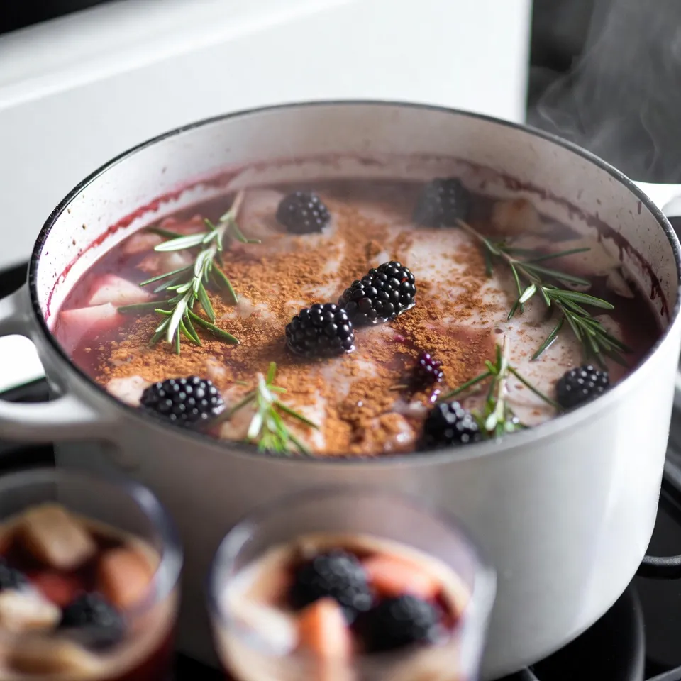 - 4 Tassen Apfelwein - 1 kleiner Kürbis, geschält und gewürfelt - 2 Tassen dunkelrote Cranberries (frisch oder gefroren) Diese Hauptzutaten machen den vergifteten Apfelpunsch besonders. Apfelwein bringt eine süße Note. Kürbis fügt Cremigkeit und Farbe hinzu. Cranberries geben einen fruchtigen, leicht sauren Geschmack. Zusammen schaffen sie eine tolle Basis für den Punsch. - 1 Teelöffel Zimt - 1 Teelöffel Muskatnuss - 1 Teelöffel Piment Die Gewürze sind wichtig für den Geschmack. Zimt bringt Wärme und Tiefe. Muskatnuss gibt eine besondere Note. Piment ergänzt die Aromen perfekt. Wenn du etwas Süße magst, füge braunen Zucker hinzu. Er macht den Punsch noch schmackhafter. - 1/2 Tasse Brombeeren zur Garnitur - Rosmarinnadeln zur Garnitur Die Garnituren machen den Punsch hübsch. Brombeeren sorgen für Farbe und Frische. Rosmarinnadeln fügen einen tollen Duft hinzu. Sie machen das Getränk nicht nur lecker, sondern auch festlich und ansprechend. {{ingredient_image_2}} Beginne mit der Kombination von Apfelwein und Kürbis. Nimm einen großen Topf und füge 4 Tassen Apfelwein und 1 kleinen, gewürfelten Kürbis hinzu. Die Kürbisstücke geben eine schöne Textur und Geschmack. Danach kommen die Cranberries dazu. Frisch oder gefroren, beide Varianten sind gut. Nun füge die Gewürze hinzu: 1 Teelöffel Zimt, 1 Teelöffel Muskatnuss und 1 Teelöffel Piment. Wenn du es süßer magst, kannst du auch 1 Esslöffel braunen Zucker hinzufügen. Rühre alles gut um, bis sich die Zutaten vermischen. Erhitze die Mischung bei mittlerer Hitze. Warte, bis sie zu köcheln beginnt. Dann reduziere die Hitze auf niedrig. Bedecke den Topf und lasse die Mischung etwa 30 Minuten köcheln. Dieser Schritt lässt die Aromen gut entfalten. Es wird warm und duftet köstlich. Nach 30 Minuten ist es Zeit, die Mischung zu pürieren. Nutze einen Stabmixer, um alles glatt zu machen. Achte darauf, dass du keine Klumpen übrig hast. Wenn du keinen Stabmixer hast, kannst du die Mischung in einen normalen Mixer geben. Sei vorsichtig, wenn du es in Chargen machst. Gib die pürierte Mischung zurück in den Topf. Rühre dann 1 Esslöffel Vanilleextrakt ein und erhitze alles weitere 10 Minuten. Um die perfekte Konsistenz für deinen vergifteten Apfelpunsch zu erreichen, verwende einen Stabmixer. Dieser Mixer püriert die Mischung schnell und einfach. Ein Standmixer funktioniert auch, erfordert jedoch mehr Aufwand. Achte darauf, die Mischung nicht zu überfüllen. Wenn die Konsistenz zu dick ist, füge mehr Apfelwein hinzu. Bei einer zu dünnen Konsistenz, koche die Mischung länger. So verdampft etwas Flüssigkeit, und die Aromen konzentrieren sich. Du kannst den Geschmack deines Apfelpunsches leicht anpassen. Experimentiere mit den Gewürzen nach deinem Geschmack. Mehr Zimt oder Piment kann den Punsch wärmer machen. Für einen süßeren Punsch, füge mehr braunen Zucker hinzu. Denke daran, dass die Cranberries auch einen herben Geschmack bringen. Wenn du es süßer magst, wähle frischere Cranberries oder mehr Zucker. Die Präsentation macht viel aus. Serviere den Punsch in spooky Tassen. Tassen mit gruseligen Motiven sorgen für mehr Spaß. Um einen besonderen Effekt zu erzielen, kannst du Trockeneis verwenden. Lege etwas Trockeneis in einen separaten Behälter. Das sorgt für einen nebligen Effekt. Es lässt den Punsch wie einen sprudelnden Zaubertrank aussehen. Achte darauf, das Trockeneis nicht direkt in den Punsch zu geben. Pro Tipps Kürbis vorbereiten: Schäle und würfle den Kürbis im Voraus, um die Zubereitungszeit zu verkürzen. Dies erleichtert das Kochen und sorgt für eine gleichmäßige Konsistenz im Punsch. Veganer Punsch: Verwende ungesüßten Apfelwein und lasse den braunen Zucker weg, um eine vegane Version des Punsches zu kreieren, die trotzdem lecker ist. Aromen intensivieren: Lasse die Mischung länger köcheln, um die Aromen noch intensiver zu machen. Du kannst auch einen Spritzer Zitronensaft hinzufügen, um die Süße auszubalancieren. Gespenstische Garnitur: Verwende essbare Glitzer oder künstliche Spinnweben aus Zucker, um deinen Punsch noch gespenstischer zu gestalten. Dies macht ihn perfekt für Halloween-Partys! {{image_4}} Du kannst Äpfel oder Birnen nutzen, um den Punsch zu variieren. Äpfel geben eine süße Note. Birnen bringen eine sanfte Frische. Wenn du mit Beeren experimentierst, probiere Himbeeren oder Erdbeeren. Diese Beeren fügen Farbe und Geschmack hinzu. Du kannst die Mischung ganz nach deinem Geschmack anpassen. Für eine alkoholfreie Variante verwende einfach Apfelsaft. Ersetze den Apfelwein durch Apfelsaft. Du kannst auch Traubensaft nutzen, falls du eine andere Süße bevorzugst. Diese Optionen sind ideal für Kinder und alle, die auf Alkohol verzichten möchten. Im Winter kannst du Zimt und Nelken hinzufügen. Diese Gewürze bringen Wärme und Gemütlichkeit. Im Herbst sind Kürbis und Walnüsse tolle Ergänzungen. Der Kürbis passt perfekt zur Jahreszeit. Die Walnüsse fügen einen knusprigen Biss hinzu. Du kannst mit den Aromen spielen und deinen eigenen Stil finden. Lagere deinen vergifteten Apfelpunsch immer im Kühlschrank. Die Mischung bleibt frisch, wenn du sie in einem luftdichten Behälter aufbewahrst. So vermeidest du Gerüche und schädliche Bakterien. Die maximale Haltbarkeit im Kühlschrank beträgt fünf Tage. Nach dieser Zeit kann der Geschmack leiden. Es ist besser, den Punsch innerhalb von drei Tagen zu genießen, um die beste Frische zu erleben. Wenn du deinen Apfelpunsch wieder aufwärmen möchtest, gehe sanft vor. Erhitze ihn in einem Topf bei niedriger Hitze. Rühre die Mischung regelmäßig um, um ein Anbrennen zu vermeiden. Vermeide die Überhitzung. Zu hohe Temperaturen können die Aromen zerstören. Du möchtest nicht, dass dein Punsch kocht. Es sollte nur warm sein, wenn du es servierst. Um deinen Apfelpunsch einzufrieren, folge diesen Schritten: 1. Lass die Mischung zuerst auf Raumtemperatur abkühlen. 2. Fülle den Punsch in gefriergeeignete Behälter. Lasse etwas Platz oben, damit sich die Flüssigkeit ausdehnen kann. 3. Verschließe die Behälter gut und beschrifte sie mit Datum. Für die spätere Verwendung taue den Punsch im Kühlschrank auf. Du kannst ihn dann wie gewohnt aufwärmen. So hast du immer einen leckeren Punsch parat! Die Symptome einer Apfelweinpest sind Magenbeschwerden, Übelkeit und Erbrechen. Manchmal hat man auch Kopfschmerzen oder Schwindel. Diese Symptome erscheinen nach dem Trinken von schlechtem Apfelwein. Erste Hilfe Maßnahmen: - Trinken Sie viel Wasser, um den Körper zu spülen. - Rufen Sie einen Arzt an, wenn die Symptome stark sind. - Vermeiden Sie feste Nahrung, bis es besser wird. Apfelwein kann gesund sein, wenn man ihn richtig zubereitet und lagert. Verwenden Sie nur frische Zutaten. Achten Sie darauf, dass der Apfelwein keine Schimmelspuren hat. Schimmel kann schädlich sein. Sicherheitsvorkehrungen und Empfehlungen: - Kaufen Sie Apfelwein von vertrauenswürdigen Herstellern. - Überprüfen Sie das Ablaufdatum vor dem Kauf. - Lagern Sie ihn kühl und dunkel, um seine Frische zu erhalten. Um sicherzustellen, dass Ihr Apfelwein frisch ist, sollten Sie auf den Geruch und das Aussehen achten. Er sollte klar und frei von Trübungen sein. Ein frischer Apfelwein hat einen fruchtigen Geruch. Tipps zur Frischeprüfung: - Riechen Sie am Apfelwein. Ein fauler Geruch ist ein Warnzeichen. - Schütteln Sie die Flasche. Schaum sollte nicht stark sprudeln. - Schmecken Sie einen kleinen Schluck, um sicherzustellen, dass er gut ist. Haltbarkeit von Apfelwein: - Öffneter Apfelwein bleibt im Kühlschrank etwa eine Woche frisch. - Ungeöffneter Apfelwein kann bis zu einem Jahr haltbar sein. - Lagern Sie ihn in einer kühlen und dunklen Umgebung. Diese Anleitung zeigt Ihnen, wie man einen köstlichen Kürbis-Apfelweinteest zubereitet. Wir haben die Hauptzutaten, Gewürze, Zubereitung methoden und Tipps besprochen. Variationen mit verschiedenen Früchten und alkoholfreien Optionen machen Ihr Rezept einzigartig. Denken Sie daran, die richtige Lagerung zu beachten, damit Ihr Tee frisch bleibt. Probieren Sie die verschiedenen Optionen aus und passen Sie den Geschmack nach Ihrem Wunsch an. Küchenexperimente machen Spaß und bereichern jede Jahreszeit. Genießen Sie die Vielfalt und lassen Sie Ihrer Kreativität freien Lauf.