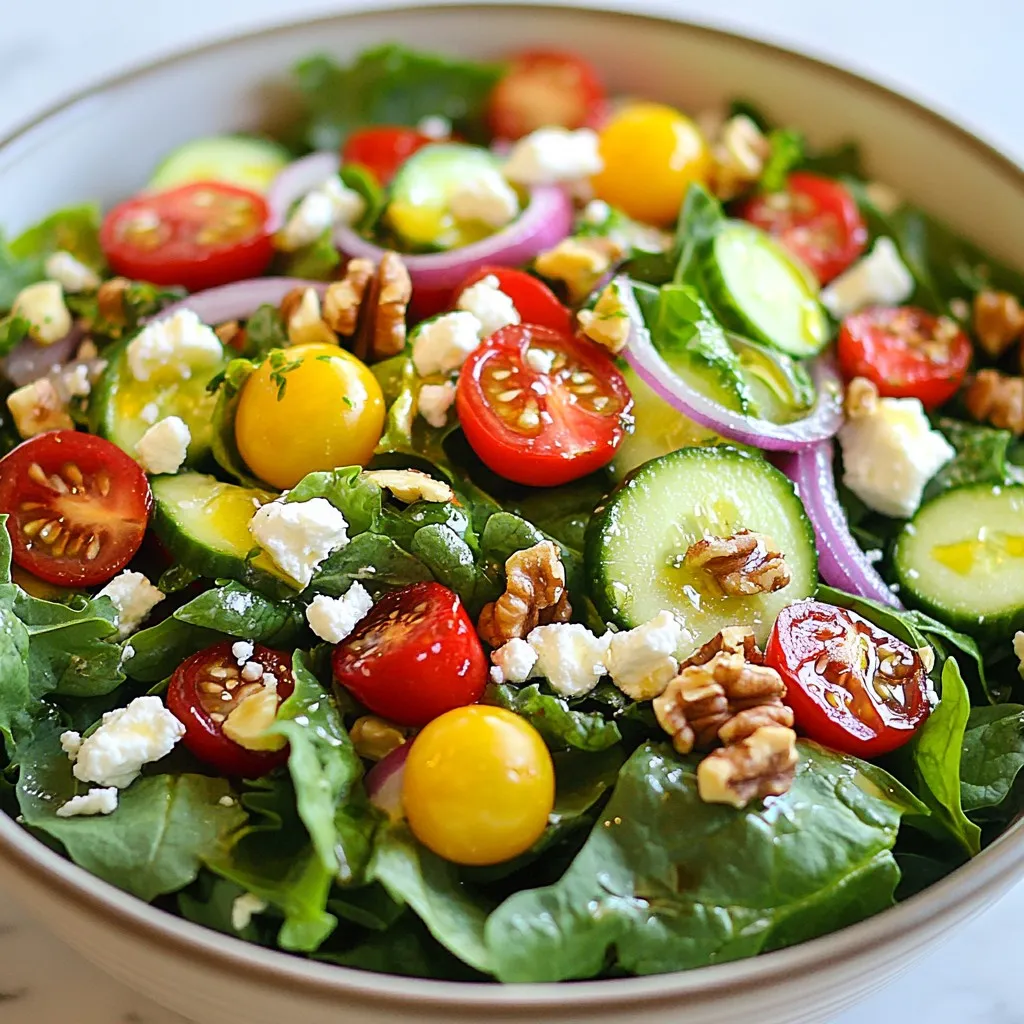 - 4 Tassen gemischte Salatblätter (Spinat, Grünkohl, Rucola) - 1 Tasse Kirschtomaten, halbiert - 1 Tasse gewürfelte Gurken Die Hauptzutaten machen den Salat frisch und knackig. Die gemischten Blätter bringen eine tolle Textur. Spinat, Grünkohl und Rucola bieten viele Vitamine. Kirschtomaten sind süß und saftig. Die Gurken fügen Knackigkeit hinzu. Diese Kombination ist einfach perfekt. - 1 Tasse Granatapfelkerne - 1 Tasse zerbröckelter Feta-Käse - 1/2 Tasse Walnüsse, geröstet Die festlichen Zusätze bringen Farbe und Geschmack. Granatapfelkerne haben einen schönen, süßen Biss. Feta-Käse sorgt für eine cremige Note. Die gerösteten Walnüsse geben den Crunch. Diese Zutaten machen Ihren Salat besonders lecker und festlich. - 3 Esslöffel Olivenöl - 2 Esslöffel Balsamico-Essig - 1 Esslöffel Honig Das Dressing vereint alle Aromen. Olivenöl sorgt für eine glatte Textur. Balsamico-Essig bringt eine süß-saure Note. Der Honig süßt das Dressing. Mischen Sie alles gut. So entsteht ein harmonischer Geschmack, der den Salat abrundet. {{ingredient_image_2}} Zuerst nehme ich eine große Schüssel. Ich gebe die gemischten Salatblätter hinein. Dazu kommen die halbierten Kirschtomaten und die gewürfelten Gurken. Ich mische alles vorsichtig, damit die Blätter nicht zerreißen. Jetzt füge ich die Granatapfelkerne und den zerbröckelten Feta-Käse hinzu. Ich vermenge die Zutaten behutsam, um die Farben zu zeigen. Schließlich lege ich die dünn geschnittene rote Zwiebel und die Avocadoscheiben dekorativ auf den Salat. In einer kleinen Schüssel vermenge ich das Olivenöl, den Balsamico-Essig und den Honig. Ich füge Salz und Pfeffer nach Geschmack hinzu. Dann verquirle ich alles gut mit einem kleinen Schneebesen. So verbinden sich die Aromen optimal. Es ist wichtig, das Dressing frisch zuzubereiten, damit die Aromen lebendig bleiben. Bevor ich den Salat serviere, träufle ich das Dressing gleichmäßig darüber. Ich mische alles leicht durch, damit sich der Geschmack entfaltet. Ich serviere den Salat sofort in leuchtenden Schalen. Zum Schluss garniere ich ihn mit zusätzlichen Granatapfelkernen und Walnüssen für einen festlichen Touch. So sieht der Salat nicht nur gut aus, sondern schmeckt auch köstlich! Möchten Sie den Salat vorher zubereiten? Ja, das geht! Sie können ihn bis zu ein paar Stunden im Voraus vorbereiten. Mischen Sie die Blätter und das Gemüse, aber fügen Sie das Dressing erst kurz vor dem Servieren hinzu. So bleibt alles frisch und knackig. Dieser Salat ist perfekt für große Weihnachtsfeiern. Er sieht toll aus und passt gut zu vielen anderen Gerichten. Jeder wird ihn lieben! Das Dressing ist der Schlüssel zu einem großartigen Salat. Für das perfekte Dressing mischen Sie Olivenöl, Balsamico-Essig und Honig. Fügen Sie etwas Salz und Pfeffer hinzu. Rühren Sie alles gut um. So verbinden sich die Aromen schön. Einige Aromen passen besonders gut zusammen. Granatapfelkerne bringen Süße, während Feta Käse einen salzigen Geschmack hinzufügt. Walnüsse geben einen tollen Crunch. Nutzen Sie diese Kombination für einen festlichen Genuss. Ja, frische Zutaten sind wichtig! Saisonale Zutaten sind oft am besten. Sie sind frisch und voll von Geschmack. In diesem Salat verwenden wir Spinat, Grünkohl und Rucola. Sie sind alle in der Saison und sehr schmackhaft. Wenn Sie frische Zutaten nicht finden können, sind gefrorene oder konservierte Alternativen auch okay. Achten Sie jedoch darauf, dass die Qualität stimmt. Frische Zutaten machen den Unterschied! Pro Tipps Frische Zutaten wählen: Verwenden Sie möglichst frische und saisonale Zutaten für den besten Geschmack und Nährstoffgehalt. Dressing anpassen: Experimentieren Sie mit verschiedenen Essigsorten oder Ölen für ein individuelles Geschmacksprofil. Salat kurz vor dem Servieren anrichten: Um die Frische der Zutaten zu bewahren, mischen Sie den Salat erst kurz vor dem Servieren. Zusätzliche Texturen hinzufügen: Fügen Sie knusprige Croutons oder geröstete Kichererbsen hinzu, um dem Salat mehr Biss zu geben. {{image_4}} Wenn Sie den Salat aufpeppen möchten, probieren Sie andere Käsesorten. Ziegenkäse passt gut dazu. Er bringt einen tollen Geschmack und ist cremig. Für eine vegetarische oder vegane Option lässt sich der Käse ganz weglassen. Eine Mischung aus Nüssen kann den Salat ebenfalls bereichern. Frische Früchte machen den Salat noch bunter und leckerer. Sie können Äpfel, Birnen oder Orangen hinzufügen. Diese Früchte bringen einen süßen Geschmack. Nüsse und Samen sind eine tolle Ergänzung. Geröstete Mandeln oder Sonnenblumenkerne geben einen tollen Crunch. Experimentieren Sie mit verschiedenen Dressings. Ein Zitronen-Dressing kann frisch und spritzig wirken. Auch ein Joghurtdressing ist eine feine Wahl. Sie können auch selbstgemachte Dressings ausprobieren. Kombinieren Sie Joghurt, Senf und etwas Honig für einen neuen Geschmack. Jeder Biss wird so ganz anders. Um den Salat frisch zu halten, lagere ihn in einem luftdichten Behälter. So bleibt er knackig. Wenn du ihn im Kühlschrank aufbewahrst, sollte er gut abgedeckt sein. Der Salat hält sich bis zu drei Tage im Kühlschrank. Achte darauf, das Dressing separat zu lagern. So wird der Salat nicht matschig. Du kannst den Salat auf zwei Arten vorbereiten. Entweder machst du ihn frisch, oder du verwendest vorgefertigte Zutaten. Bei frischen Zutaten schmeckt der Salat am besten. Wenn du wenig Zeit hast, sind vorgefertigte Zutaten eine gute Wahl. Teile den Salat in Portionen auf, wenn du ihn aufbewahren möchtest. So kannst du leicht nur das nehmen, was du brauchst. Hast du Reste vom Salat? Nutze sie in anderen Gerichten! Du kannst die Salatbestandteile in Wraps oder Sandwiches verwenden. Auch in einer Suppe machen sie sich gut. Eine kreative Idee ist, die Reste in einer Quiche zu verarbeiten. So vermeidest du Lebensmittelverschwendung und genießt leckere neue Gerichte. Sie können den Salat bis zu einem Tag im Voraus zubereiten. Achten Sie darauf, das Dressing getrennt zu halten. So bleiben die Blätter knackig und frisch. Mischen Sie das Dressing erst kurz vor dem Servieren. So vermeiden Sie matschige Salatblätter. Ja, der Salat lässt sich leicht anpassen. Verdoppeln oder verdreifachen Sie einfach die Mengen der Zutaten. Wenn Sie mehr Gäste haben, fügen Sie zusätzliche Kirschtomaten oder Avocado hinzu. Experimentieren Sie mit verschiedenen Käsesorten, wie Ziegenkäse, für neuen Geschmack. Achten Sie darauf, die Dressings ebenfalls zu erhöhen. Dieser Salat passt gut zu gebratenem Hähnchen oder Fisch. Auch eine rustikale Brotauswahl ist ideal. Servieren Sie ihn mit einer warmen Suppe für ein festliches Menü. Eine Quiche oder gefüllte Gemüse können ebenfalls tolle Beilagen sein. Dieser Salat verbindet frische und festliche Aromen. Mit Salatblättern, Tomaten, Gurken und gesunden Extras wie Feta und Walnüssen gelingt er leicht. Das Dressing aus Olivenöl, Balsamico und Honig rundet den Geschmack ab. Perfekt für Feiern und einfach anpassbar. Probieren Sie verschiedene Zutaten und Dressings. Kühl aufbewahren, um die Frische zu erhalten. So genießen Sie jeden Bissen!
