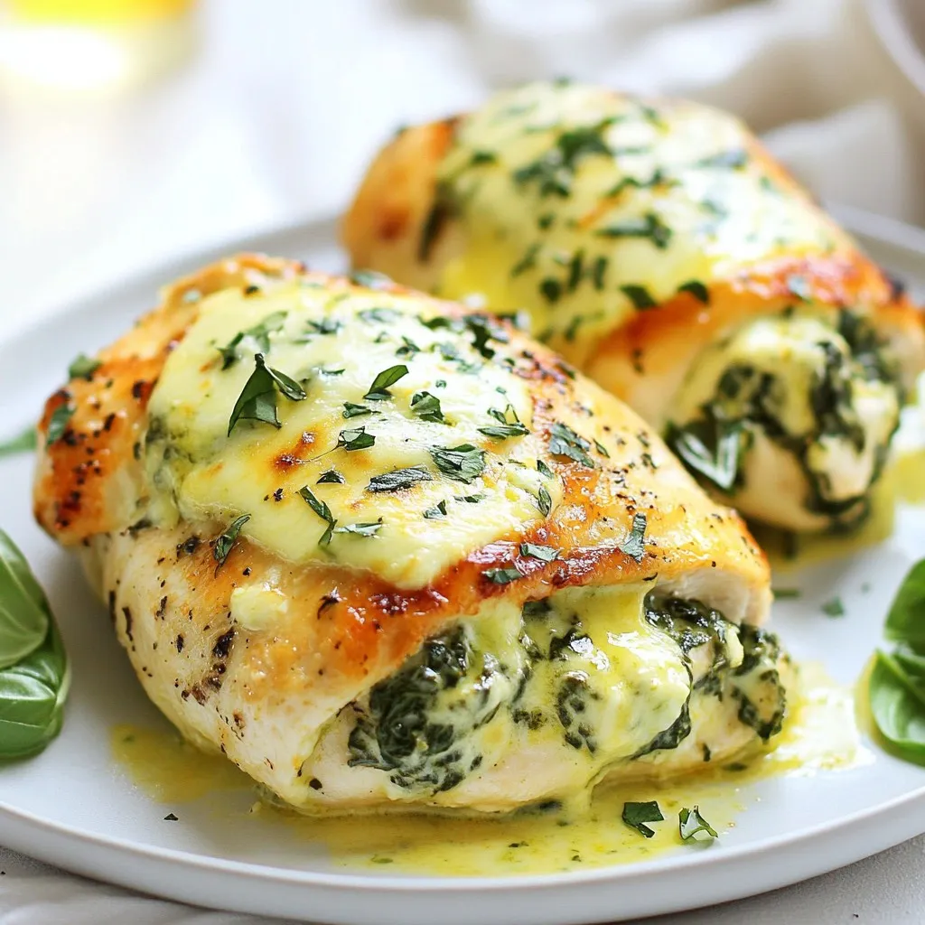 Für diese leckere Käse-Spinat gefüllte Hähnchenbrust benötigen Sie: - 4 Hähnchenbrustfilets, ohne Knochen und Haut - 2 Tassen frischer Spinat, grob gehackt - 1 Tasse Frischkäse, zimmerwarm - 1 Tasse geriebener Mozzarella-Käse - 1/2 Tasse frisch geriebener Parmesan-Käse - 2 Knoblauchzehen, fein gehackt - 1 Esslöffel Olivenöl Diese Zutaten sind einfach zu finden und machen das Gericht so schmackhaft. Die Aromen sind wichtig für den Geschmack. Verwenden Sie: - 1 Teelöffel italienische Kräuter - Salz und Pfeffer nach Geschmack - 1/2 Teelöffel rote Pfefferflocken (optional) - 1 Esslöffel frisches Basilikum, gehackt (zum Garnieren) Diese Gewürze bringen das Gericht zum Leben und passen gut zum Käse und Spinat. Sie können die Zutaten leicht ändern. Hier sind einige Ideen: - Statt Frischkäse, probieren Sie Ricotta für eine cremige Textur. - Fügen Sie etwas Feta-Käse für einen salzigen Geschmack hinzu. - Verwenden Sie tiefgefrorenen Spinat, wenn frischer nicht verfügbar ist. Diese Anpassungen machen das Rezept noch vielfältiger und passen zu Ihrem Geschmack. {{ingredient_image_2}} Zuerst heizen Sie den Ofen auf 190°C vor. Das sorgt für gleichmäßiges Garen. Dann nehmen Sie die Hähnchenbrustfilets und entfernen die Haut. Nehmen Sie frischen Spinat und hacken Sie ihn grob. Messen Sie Frischkäse, Mozzarella und Parmesan ab. Diese Käse geben der Füllung viel Geschmack. Schneiden Sie auch die Knoblauchzehen klein. Erhitzen Sie das Olivenöl in einer Pfanne bei mittlerer Hitze. Fügen Sie den gehackten Knoblauch hinzu und braten Sie ihn eine Minute lang. Der Duft ist köstlich! Geben Sie dann den Spinat in die Pfanne. Braten Sie ihn für etwa zwei bis drei Minuten, bis er zusammenfällt. Nehmen Sie die Pfanne vom Herd und lassen Sie die Mischung etwas abkühlen. In einer großen Schüssel vermengen Sie dann den Frischkäse, den Mozzarella, den Parmesan, den Spinat und die Gewürze. Mischen Sie alles gut, bis es glatt ist. Schneiden Sie vorsichtig eine Tasche in jedes Hähnchenbrustfilet. Achten Sie darauf, nicht ganz durchzuschneiden. Würzen Sie die Außenseite mit Salz und Pfeffer. Füllen Sie jedes Filet mit der Spinat-Käse-Mischung. Verwenden Sie Zahnstochern, um die Öffnung zu sichern. Legen Sie die gefüllten Hähnchenbrustfilets in eine gefettete Auflaufform und streuen Sie etwas Käse darüber. Backen Sie das Hähnchen für 25 bis 30 Minuten. Es sollte eine Innentemperatur von 75°C erreichen. Lassen Sie das Hähnchen nach dem Backen fünf Minuten ruhen. Garnieren Sie es mit frischem Basilikum. Guten Appetit! Ein häufiger Fehler ist, die Hähnchenbrust zu dick zu lassen. Schneiden Sie die Tasche dünn, damit die Füllung gut passt. Überfüllen Sie die Hähnchenbrust nicht. Zu viel Füllung kann beim Backen herausquellen. Vergessen Sie nicht, die Hähnchenbrust außen gut zu würzen. Salz und Pfeffer sind wichtig für den Geschmack. Die Wahl der Käse ist entscheidend. Verwenden Sie eine Mischung aus Frischkäse, Mozzarella und Parmesan. Frischkäse macht die Füllung cremig. Mozzarella sorgt für Stretch und Geschmack. Parmesan fügt eine salzige Note hinzu. Sie können auch andere Käsesorten ausprobieren, wie Cheddar oder Gouda. Achten Sie darauf, dass der Käse gut schmilzt. Wählen Sie frische Hähnchenbrustfilets ohne Haut. Diese sollten gleichmäßig dick sein. Wenn die Filets ungleichmäßig sind, klopfen Sie sie sanft. Das sorgt für gleichmäßiges Garen. Backen Sie die gefüllten Filets bei 190°C für 25-30 Minuten. Stellen Sie sicher, dass die Innentemperatur 75°C erreicht. Lassen Sie das Hähnchen nach dem Backen ruhen. So bleibt es saftig und lecker. Pro Tipps Hähnchenbrust vorbereiten: Achten Sie darauf, die Hähnchenbrustfilets gleichmäßig zu schneiden, um ein gleichmäßiges Garen zu gewährleisten. Frischer Spinat: Verwenden Sie frischen Spinat anstelle von gefrorenem, um die beste Textur und den besten Geschmack zu erzielen. Variationsmöglichkeiten: Experimentieren Sie mit verschiedenen Käsesorten wie Feta oder Cheddar für einen unterschiedlichen Geschmack. Optionales Topping: Fügen Sie vor dem Servieren geröstete Pinienkerne hinzu, um einen zusätzlichen Crunch und Geschmack zu erhalten. {{image_4}} Wenn Sie eine vegetarische Option möchten, probieren Sie Tofu oder Portobello-Pilze. Diese Zutaten bieten eine tolle Textur und nehmen die Aromen gut auf. Sie können auch die Spinat-Käse-Füllung allein in eine Gemüse-Hülle füllen. Zucchini oder Paprika sind ebenfalls kreative Alternativen. Fühlen Sie sich frei, Ihre Füllung zu variieren! Fügen Sie getrocknete Tomaten für einen süßen Akzent hinzu. Oliven bringen einen salzigen, herzhaften Geschmack. Für mehr Crunch können Sie auch Nüsse wie Walnüsse oder Mandeln verwenden. Verleihen Sie dem Gericht Ihre persönliche Note! Die Gewürze machen einen großen Unterschied. Neben italienischen Kräutern können Sie auch Paprika oder Kreuzkümmel verwenden. Diese Gewürze bringen Wärme und Tiefe. Fügen Sie frische Kräuter wie Petersilie oder Schnittlauch hinzu, um Frische zu genießen. Experimentieren Sie mit Gewürzen, um das Gericht zu Ihrer Lieblingsspeise zu machen. Wenn Sie Käse-Spinat gefüllte Hähnchenbrust zubereiten, können Reste einfach aufbewahrt werden. Lassen Sie das Hähnchen zuerst abkühlen. Legen Sie die Reste in einen luftdichten Behälter. So bleibt das Hähnchen frisch und lecker. Im Kühlschrank hält es sich bis zu drei Tage. Wenn Sie es länger aufbewahren möchten, frieren Sie es ein. Um gefüllte Hähnchenbrust einzufrieren, lassen Sie die Reste zunächst abkühlen. Wickeln Sie jedes Stück in Frischhaltefolie. Danach legen Sie die Hähnchenstücke in einen Gefrierbeutel. Vergessen Sie nicht, das Datum auf den Beutel zu schreiben. So wissen Sie, wie lange es eingefroren ist. Die gefüllte Hähnchenbrust kann bis zu drei Monate eingefroren werden. Um gefrorene Käse-Spinat gefüllte Hähnchenbrust wieder aufzutauen, legen Sie sie über Nacht in den Kühlschrank. Vor dem Erhitzen sollten Sie sicherstellen, dass das Hähnchen ganz aufgetaut ist. Zum Aufwärmen können Sie den Ofen auf 180°C vorheizen. Wickeln Sie das Hähnchen in Alufolie und backen Sie es für etwa 20 Minuten. So bleibt das Hähnchen saftig und lecker. Die Zubereitung dauert etwa 15 Minuten. Das Backen braucht dann 25 bis 30 Minuten. Ingesamt sind es also rund 45 Minuten. Dies macht das Gericht schnell und einfach. Du bekommst ein köstliches Essen, ohne viel Zeit zu verlieren. Ja, du kannst gefrorenen Spinat verwenden. Achte darauf, ihn gut abzutropfen. Gefrorener Spinat hat oft mehr Wasser. Dies kann deine Füllung wässrig machen. Wenn du frischen Spinat hast, benutze ihn. Er hat mehr Geschmack und Textur. Zu Käse-Spinat gefüllter Hähnchenbrust passen viele Gemüsesorten. Hier sind einige gute Optionen: - Rucola - Geröstete Paprika - Zucchini - Brokkoli - Karotten Diese Gemüse sorgen für Farbe und Geschmack. Sie ergänzen das Hähnchen und die Füllung wunderbar. Serviere das Hähnchen auf einem Bett aus frischem Rucola für eine tolle Präsentation. Wir haben die Hauptzutaten, Zubereitungsschritte und wertvolle Tipps für Käse-Spinat gefüllte Hähnchenbrust behandelt. Ich hoffe, du fühlst dich bereit, dieses leckere Gericht zuzubereiten. Denk an die Variationen und Lagerhinweise, um es perfekt zu machen. Mit diesen Erkenntnissen wirst du Fehler vermeiden und köstliche Mahlzeiten kreieren. Viel Spaß beim Kochen!