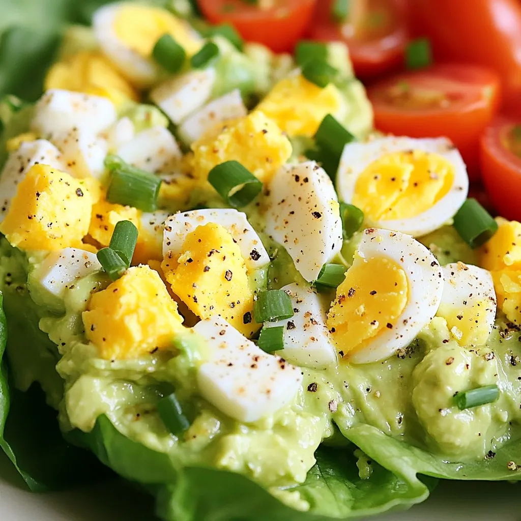 - 4 große Eier - 1 reife Avocado, püriert - 2 Esslöffel griechischer Joghurt Die Hauptzutaten sind einfach zu finden. Große Eier geben dem Salat eine gute Basis. Ich empfehle, frische Eier zu verwenden. Eine reife Avocado sorgt für eine cremige Textur. Püriere sie gut, damit sie sich leicht mischen lässt. Griechischer Joghurt bringt eine angenehme Frische und macht das Gericht gesünder. - 1 Esslöffel Dijon-Senf - 1 Esslöffel frischer Zitronensaft - 1/4 Teelöffel Knoblauchpulver - 1/4 Teelöffel Zwiebelpulver - Salz und Pfeffer nach Geschmack Die Gewürze machen den Salat lecker. Dijon-Senf fügt einen feinen Geschmack hinzu. Der Zitronensaft bringt Frische und verhindert, dass die Avocado schnell braun wird. Knoblauch- und Zwiebelpulver geben Tiefe. Salz und Pfeffer sind wichtig, um alles abzurunden. - 2 Esslöffel frische Schnittlauch, fein gehackt - 1/4 Tasse Kirschtomaten, halbiert - Salatblätter zum Servieren Die Garnierungen machen den Salat schön und appetitlich. Frischer Schnittlauch bringt Farbe und Geschmack. Kirschtomaten fügen eine süße Note hinzu. Salatblätter sind perfekt zum Servieren und machen das Gericht leichter. Sie geben dem Ganzen einen frischen Touch. {{ingredient_image_2}} Um die Eier zu kochen, lege sie in einen Topf. Bedecke die Eier mit kaltem Wasser. Bring das Wasser zum Kochen. Wenn das Wasser kocht, decke den Topf ab und nimm ihn vom Herd. Lass die Eier 10 bis 12 Minuten im heißen Wasser gar ziehen. So bekommst du perfekt hartgekochte Eier. Ein guter Tipp: Lege die Eier nach dem Kochen in ein Eisbad. Das stoppt den Garprozess und macht das Schälen leichter. Für die Avocado-Mischung brauchst du eine reife Avocado. Püriere sie in einer großen Schüssel. Füge dann 2 Esslöffel griechischen Joghurt und 1 Esslöffel Dijon-Senf hinzu. Auch 1 Esslöffel Zitronensaft macht den Mix frisch. Dann kommen Knoblauchpulver und Zwiebelpulver dazu. Vergiss nicht, Salz und Pfeffer nach Geschmack beizufügen. Rühre alles gut um, bis die Mischung glatt und cremig ist. Überprüfe die Konsistenz. Sie sollte leicht weich und gut zu streichen sein. Jetzt kommt der spannende Teil! Nimm die grob gehackten Eier und den fein gehackten Schnittlauch. Klappe sie vorsichtig in die Avocado-Mischung. Achte darauf, einige Ei-Stücke für die Textur intakt zu lassen. Um den Salat zu servieren, nimm frische Salatblätter. Lege die Mischung darauf. Garniere den Salat mit halbierten Kirschtomaten für Farbe und Frische. Es sieht nicht nur gut aus, es schmeckt auch lecker! Um die Avocado optimal zu pürieren, wähle eine reife Frucht. Drücke leicht darauf; sie sollte sanft nachgeben. Nutze eine Gabel oder einen Mixer, um eine glatte, cremige Masse zu erhalten. Für eine cremige Textur füge griechischen Joghurt hinzu. Der Joghurt bringt Frische und macht den Salat reichhaltiger. Du kannst auch etwas mehr Zitronensaft für zusätzliche Cremigkeit verwenden. Um den Geschmack zu verbessern, spiele mit den Gewürzen. Ein Hauch von Paprika oder etwas Cayennepfeffer kann dem Salat mehr Tiefe verleihen. Auch frische Kräuter wie Petersilie oder Dill passen gut dazu. Alternativ kannst du Zutaten wie Senf oder Essig hinzufügen, um die Aromen zu verstärken. Experimentiere mit diesen Optionen, um deinen perfekten Salat zu finden. Für Beilagen empfehle ich frisches Gemüse oder knuspriges Brot. Ein einfacher Blattsalat ergänzt den Avocado-Egg-Salat gut. Für die Präsentation lege den Salat auf große Salatblätter. Garniere ihn mit halbierten Kirschtomaten. So sieht dein Gericht nicht nur toll aus, sondern schmeckt auch frisch und lecker. Pro Tipps Eier richtig kochen: Achte darauf, die Eier nicht zu überkochen, da sie sonst gummiartig werden. Ein Eisbad hilft, das Kochen sofort zu stoppen. Avocado reif wählen: Wähle eine reife Avocado, die leicht druckempfindlich ist. Unreife Avocados können schwer zu pürieren sein. Variationen hinzufügen: Experimentiere mit zusätzlichen Zutaten wie Paprika, Sellerie oder frischen Kräutern für mehr Geschmack und Textur. Für die perfekte Konsistenz: Mische die Avocado-Mischung gut, aber sei vorsichtig beim Einmischen der Eier, um eine schöne Textur zu erhalten. {{image_4}} Du kannst deinen Avocado-Egg-Salat ganz einfach aufpeppen. Füge Zutaten wie Paprika oder Mais hinzu. Diese Zutaten bringen mehr Farbe und Geschmack. Sie sind auch gesund und machen das Gericht nahrhafter. Du kannst auch Quinoa oder Hülsenfrüchte verwenden. Diese geben dir mehr Proteine und Ballaststoffe. So wird der Salat noch sättigender und nahrhafter. Wenn du vegan lebst, kannst du den Salat anpassen. Verwende pflanzlichen Joghurt statt griechischem Joghurt. Du kannst auch Eiersatz verwenden. Zum Beispiel eignen sich Chia-Samen oder Leinsamen gut. Diese halten die Mischung zusammen und geben eine ähnliche Textur. Achte darauf, die anderen Zutaten nach Belieben zu variieren. Für eine Low-Carb-Variante kannst du die Eier mit Avocado und weniger Joghurt kombinieren. Lass die Kirschtomaten weg, wenn du die Kohlenhydrate weiter reduzieren willst. Für kalorienarme Versionen kannst du fettarmen Joghurt verwenden. Auch die Menge an Avocado kannst du anpassen. So bleibt der Geschmack lecker und du passt die Kalorien an deine Bedürfnisse an. Um deinen Avocado-Egg-Salat frisch zu halten, lagere ihn am besten im Kühlschrank. Nutze einen luftdichten Behälter. So bleibt der Salat länger lecker. Um das Braunwerden der Avocado zu vermeiden, füge etwas Zitronensaft hinzu. Der Zitronensaft schützt die Avocado und hält sie grün. Du kannst auch die Avocado direkt vor dem Servieren hinzufügen. Du kannst den Avocado-Egg-Salat bis zu drei Tage im Kühlschrank aufbewahren. Wenn du ihn länger hast, könnte der Geschmack leiden. Achte auf Anzeichen von Verderb, wie einen unangenehmen Geruch oder eine matschige Textur. Wenn die Avocado braun wird oder der Salat wässrig ist, ist es Zeit, ihn wegzuwerfen. Das Einfrieren des Salats ist nicht ideal, da die Avocado beim Auftauen matschig wird. Wenn du dennoch einfrieren möchtest, teile den Salat in Portionen auf und verpacke ihn in Gefrierbeuteln. Für das Auftauen lege den Salat über Nacht in den Kühlschrank. Rühre ihn gut um, wenn du ihn servierst. Füge frische Kräuter oder einen Spritzer Zitronensaft hinzu, um den Geschmack aufzufrischen. Ja, du kannst den Avocado-Egg-Salat am Vortag machen. Um die beste Frische zu sichern, bereite die Eier und die Avocado-Mischung getrennt vor. Bewahre die Mischung in einem luftdichten Behälter im Kühlschrank auf. Mische die Eier erst kurz vor dem Servieren unter. So bleibt die Avocado grün und lecker. Wenn du keinen Joghurt hast, kannst du auch saure Sahne oder pflanzlichen Joghurt verwenden. Diese Alternativen geben einen ähnlichen Geschmack, aber die Textur kann variieren. Saure Sahne macht den Salat reichhaltiger, während pflanzlicher Joghurt leicht und frisch schmeckt. Probiere aus, was dir am besten gefällt. Ja, dieses Rezept ist komplett glutenfrei. Alle Zutaten, die wir verwenden, enthalten kein Gluten. Wenn du sicher sein möchtest, achte beim Kauf auf glutenfreie Etiketten. So vermeidest du eventuelle Kreuzkontaminationen. Der Avocado-Egg-Salat ist einfach und lecker. Sie benötigen Eier, Avocado und griechischen Joghurt. Gewürze wie Dijon-Senf und Zitronensaft bringen Frische. Sie können ihn nach Belieben variieren, zum Beispiel mit Paprika oder veganen Optionen. Achten Sie auf die richtige Lagerung, um den Salat frisch zu halten. Der Aufwand lohnt sich, denn dieser Salat ist gesund und vielfältig. Probieren Sie verschiedene Versionen aus und finden Sie Ihre Lieblingskombination!