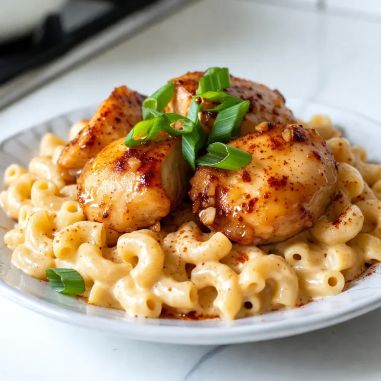 Für dieses köstliche Gericht brauchen Sie: - 2 Tassen Makkaroni-Pasta - 450 g Hühnerbrust, gewürfelt - 3 Esslöffel Butter - 4 Knoblauchzehen, fein gehackt - ½ Tasse Honig - 1 Tasse Sahne - 2 Tassen geriebener, scharfer Cheddar-Käse - 1 Teelöffel Salz - ½ Teelöffel schwarzer Pfeffer - ½ Teelöffel geräuchertes Paprikapulver - ¼ Tasse Frühlingszwiebeln, in Ringe geschnitten (zum Garnieren) Um dieses Gericht zu machen, brauchen Sie: - Einen großen Topf für die Pasta - Eine große Pfanne für das Huhn - Einen Holzlöffel zum Rühren - Ein Sieb zum Abgießen der Pasta - Einen kleinen Topf für die Käsesauce Wählen Sie frische Zutaten für den besten Geschmack. Achten Sie auf: - Hühnerbrust: Sie sollte rosa und fest sein. - Knoblauch: Wählen Sie feste Zehen ohne Keime. - Käse: Kaufen Sie ihn frisch gerieben für die beste Schmelze. - Honig: Achten Sie auf reinen, hochwertigen Honig ohne Zusatzstoffe. Mit diesen frischesten Zutaten wird Ihr Honig-Knoblauch-Butter-Hühnchen Mac and Cheese ein voller Erfolg! {{ingredient_image_2}} Zuerst kochen wir die Makkaroni. Nehmen Sie einen großen Topf und füllen Sie ihn mit Wasser. Bringen Sie das Wasser zum Kochen. Fügen Sie dann 2 Tassen Makkaroni-Pasta hinzu. Kochen Sie die Pasta nach den Anweisungen auf der Verpackung. Sie sollte al dente sein. Das dauert etwa 8 bis 10 Minuten. Sobald sie fertig sind, gießen Sie die Makkaroni ab und stellen Sie sie beiseite. Jetzt kommen wir zum Hühnchen. Nehmen Sie eine große Pfanne und schmelzen Sie 2 Esslöffel Butter bei mittlerer Hitze. Fügen Sie 450 g gewürfelte Hühnerbrust hinzu. Würzen Sie das Huhn mit 1 Teelöffel Salz, ½ Teelöffel schwarzem Pfeffer und ½ Teelöffel geräuchertem Paprikapulver. Braten Sie das Huhn für 5 bis 7 Minuten, bis es goldbraun ist. Reduzieren Sie dann die Hitze und fügen Sie 4 fein gehackte Knoblauchzehen hinzu. Kochen Sie das Ganze für 1 bis 2 Minuten, bis der Knoblauch duftet. Gießen Sie nun ½ Tasse Honig hinein und rühren Sie um. Lassen Sie es 2 Minuten kochen, bis das Huhn glänzt und karamellisiert. Jetzt ist es Zeit für die Käsesauce. Nehmen Sie einen separaten Topf und geben Sie 1 Tasse Sahne und 1 Esslöffel Butter hinein. Erhitzen Sie das Ganze bei mittlerer Hitze. Wenn die Butter schmilzt, fügen Sie 2 Tassen geriebenen, scharfen Cheddar-Käse hinzu. Rühren Sie langsam, bis der Käse schmilzt und die Sauce glatt ist. Jetzt kommen die gekochten Makkaroni in die Käsesauce. Rühren Sie gut um, sodass die Pasta gleichmäßig bedeckt ist. Fügen Sie die Honig-Knoblauch-Hühnchen-Mischung zu den Makkaroni hinzu und vermengen Sie alles gut. Probieren Sie es und passen Sie die Würze an. Um das perfekte Hühnchen zu machen, wähle frische Hühnerbrust. Würfle sie gleichmäßig, damit sie gleichmäßig garen. Brate das Huhn bei mittlerer Hitze. Das sorgt für eine schöne goldene Farbe. Würze es gut mit Salz, Pfeffer und geräuchertem Paprika. Achte darauf, dass du das Huhn nicht zu lange brätst. Es sollte saftig und zart bleiben. Nach dem Anbraten, füge den Knoblauch hinzu. Koche nur kurz, damit der Knoblauch nicht verbrennt. Danach kommt der Honig, der das Huhn süß und klebrig macht. Die Käsesauce ist der Star des Gerichts. Für mehr Geschmack, benutze scharfen Cheddar-Käse. Er gibt der Sauce einen tollen, würzigen Kick. Schmelze den Käse langsam in der warmen Sahne. Rühre ständig, damit die Sauce glatt bleibt. Du kannst auch etwas Senf oder einen Spritzer Zitronensaft hinzufügen. Das bringt eine frische Note in die Käsesauce. Wenn die Sauce zu dick ist, füge mehr Sahne hinzu. Achte darauf, die Pasta gut mit der Sauce zu vermischen. So bleibt jeder Bissen cremig. Ein häufiger Fehler ist, das Hühnchen zu lange zu braten. Das macht es trocken. Achte auch darauf, den Knoblauch nicht zu verbrennen. Er wird schnell bitter, wenn er zu lange kocht. Ein weiterer Fehler ist, die Käsesauce zu schnell zu erhitzen. Das kann dazu führen, dass der Käse klumpig wird. Rühre die Sauce immer langsam und gleichmäßig. Vergiss nicht, die Gewürze am Ende zu probieren und anzupassen. So bleibt das Gericht perfekt gewürzt. Pro Tipps Hühnchen marinieren: Mariniert das gewürfelte Hühnchen vor dem Kochen in einer Mischung aus Honig, Knoblauch und Gewürzen für zusätzlichen Geschmack. Für cremigere Käsesauce: Fügen Sie einen Schuss Milch oder Brühe hinzu, wenn die Käsesauce zu dick wird, um die gewünschte Konsistenz zu erreichen. Knoblauch richtig anbraten: Achten Sie darauf, den Knoblauch nicht zu lange zu kochen, da er schnell verbrennen kann und bitter wird. Nur kurz anbraten, bis er duftet. Garnieren für den letzten Schliff: Frühlingszwiebeln oder geröstete Semmelbrösel als Garnitur hinzufügen, um zusätzlichen Crunch und Farbe zu geben. {{image_4}} Wenn du eine vegetarische Variante ausprobieren möchtest, ersetze das Hühnchen durch Gemüse. Gerösteter Blumenkohl oder Zucchini passen gut. Du kannst auch Kichererbsen oder Linsen verwenden. Sie liefern Protein und machen das Gericht nahrhaft. Fühle dich frei, deiner Kreativität freien Lauf zu lassen! Du kannst Speck oder Schinken hinzufügen, um zusätzlichen Geschmack zu gewinnen. Für mehr Frische probiere Spinat oder Erbsen. Ein Spritzer Zitronensaft bringt eine tolle Note. Wenn du Gluten vermeiden musst, wähle glutenfreie Makkaroni. Diese sind oft aus Reis oder Mais. Achte darauf, die Käsesauce mit glutenfreiem Mehl zu binden. So bleibt der Geschmack gleich gut. Um die Reste von Honig-Knoblauch-Butter-Hühnchen Mac and Cheese richtig zu lagern, benutze einen luftdichten Behälter. Lass das Gericht zuerst auf Raumtemperatur abkühlen. Danach decke es gut zu. So bleibt der Geschmack frisch. Du kannst die Reste auch in Portionen aufteilen. So hast du immer eine schnelle Mahlzeit bereit. Wenn du die Reste wieder erwärmen möchtest, nutze den Herd oder die Mikrowelle. Für den Herd, gib das Mac and Cheese in eine Pfanne. Füge einen Schuss Milch hinzu, um es cremig zu halten. Erhitze es bei mittlerer Hitze und rühre öfters um. Für die Mikrowelle, stelle die Portion in eine Schüssel und decke sie mit einem feuchten Papiertuch ab. Erwärme die Mischung in 30-Sekunden-Intervallen, bis sie heiß ist. Honig-Knoblauch-Butter-Hühnchen Mac and Cheese hält sich im Kühlschrank etwa drei bis vier Tage. Achte darauf, dass der Behälter gut verschlossen ist. Überprüfe immer den Geruch und das Aussehen, bevor du das Gericht isst. Wenn es komisch riecht oder anders aussieht, wirf es weg. So bleibst du gesund und sicher. Die Zubereitung dauert etwa 30 Minuten. Die Vorbereitungszeit beträgt 15 Minuten. Das Kochen des Huhns und der Käsesauce geht schnell. Die Makkaroni kochen in nur 8 bis 10 Minuten. Das Umrühren und Mischen der Zutaten braucht auch nicht lange. Ja, du kannst die Käsesauce im Voraus machen. Bereite sie einfach vor und lagere sie im Kühlschrank. Wenn du sie brauchst, erhitze sie langsam in einem Topf. Füge etwas Milch hinzu, um die Sauce cremiger zu machen. So sparst du Zeit, wenn du das Gericht zubereitest. Zu Honig-Knoblauch-Butter-Hühnchen Mac and Cheese passen viele Beilagen gut. Hier sind einige Vorschläge: - Ein frischer grüner Salat - Gedünstetes Gemüse wie Brokkoli oder Karotten - Knoblauchbrot für die Extra-Würze - Ein fruchtiger Cole Slaw für den Kontrast Diese Beilagen ergänzen das Gericht perfekt. In diesem Blogpost haben wir die besten Zutaten und die Zubereitung für Honig-Knoblauch-Butter-Hühnchen Mac and Cheese besprochen. Ich habe dir eine einfache Schritt-für-Schritt-Anleitung gegeben, damit du sicher kochen kannst. Außerdem hast du Tipps für frische Zutaten und Lagerung erhalten. Das Gericht ist lecker und anpassbar. Ob vegetarisch oder glutenfrei, du kannst es nach deinem Geschmack variieren. Probiere die verschiedenen Varianten aus, um dein Lieblingsgericht zu finden!