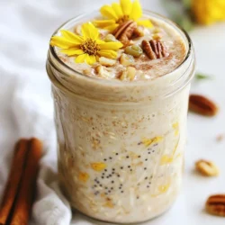 Für die Zimtschnecken Overnight Oats benötigst du folgende Hauptzutaten: - 1 Tasse Haferflocken (gerollt) - 1 Tasse ungesüßte Mandelmilch (oder Milch nach Wahl) - 1 Esslöffel Chiasamen - 1 Teelöffel gemahlener Zimt - 2 Esslöffel Ahornsirup oder Honig - 1 Teelöffel Vanilleextrakt - Eine Prise Salz Diese Zutaten bilden die Basis für ein leckeres Frühstück. Die Haferflocken geben dir die nötige Füllung. Der Zimt sorgt für den typischen Zimtschnecken-Geschmack. Wenn du deinen Overnight Oats mehr Textur und Geschmack verleihen möchtest, probiere diese optionalen Zutaten: - 2 Esslöffel griechischer Joghurt (für eine cremigere Konsistenz) - 2 Esslöffel gehackte Pekannüsse oder Walnüsse (für den Crunch) - 1 Esslöffel Rosinen oder getrocknete Cranberries (für die Süße) Diese Zutaten können den Geschmack und das Erlebnis deiner Overnight Oats verbessern. Der griechische Joghurt macht die Mischung besonders cremig. Es gibt viele Milchalternativen, die du verwenden kannst: - Sojamilch - Hafermilch - Kokosmilch Jede dieser Milchsorten verändert den Geschmack leicht. Wähle die Milch, die dir am besten gefällt. So kannst du deine Zimtschnecken Overnight Oats nach deinem Geschmack anpassen. {{ingredient_image_2}} Zuerst nimmst du eine mittelgroße Schüssel. Dort gibst du die Haferflocken, Chiasamen und den gemahlenen Zimt. Eine Prise Salz kommt auch dazu. Vermische alles gut mit einem Löffel. Die Basis ist nun bereit für die flüssigen Zutaten. In einer separaten Schüssel gibst du die ungesüßte Mandelmilch, den Ahornsirup und den Vanilleextrakt. Wenn du griechischen Joghurt verwenden möchtest, füge ihn jetzt hinzu. Mit einem Schneebesen rührst du alles glatt. Diese Mischung bringt die Süße und den Geschmack in die Overnight Oats. Jetzt gießt du die flüssige Mischung über die trockenen Zutaten. Rühre alles gründlich um, bis die Haferflocken gut durchfeuchtet sind. Wenn du magst, hebe die gehackten Nüsse und die Trockenfrüchte vorsichtig unter. Teile die Mischung gleichmäßig auf zwei Gläser oder Behälter auf. Verschließe sie gut und stelle sie über Nacht in den Kühlschrank. Am Morgen sind deine Zimtschnecken Overnight Oats bereit zum Genießen! Um die perfekte Konsistenz für deine Zimtschnecken Overnight Oats zu erreichen, achte auf das richtige Verhältnis von Haferflocken und Flüssigkeit. Verwende eine Tasse Haferflocken und eine Tasse Mandelmilch. Das gibt einen guten Mix. Wenn du es cremiger magst, füge einen Esslöffel griechischen Joghurt hinzu. Das macht die Oats so schön weich. Wenn du mehr Flüssigkeit magst, kannst du am Morgen einen Schuss Milch hinzufügen. Rühre gut um, um alles gleichmäßig zu verteilen. Du kannst dieses Rezept leicht an deinen Geschmack anpassen. Statt Pekannüssen kannst du Walnüsse verwenden. Wenn du keine Rosinen magst, probiere getrocknete Cranberries. Auch frische Früchte wie Apfel- oder Bananenscheiben sind eine tolle Ergänzung. Du kannst auch die Süße variieren. Verwende mehr oder weniger Ahornsirup oder Honig, je nach Vorliebe. Ein häufiger Fehler ist, zu wenig Flüssigkeit zu verwenden. Das macht die Haferflocken hart. Achte darauf, dass du die angegebenen Mengen einhältst. Ein weiterer Fehler ist, die Mischung nicht gut zu rühren. Dadurch bleiben trockene Klumpen zurück. Stelle sicher, dass alles gut vermischt ist. Wenn du die Oats länger als nötig im Kühlschrank lässt, können sie matschig werden. Halte dich an die Kühlzeit von über Nacht oder mindestens vier Stunden. Pro Tipps Haferflocken-Qualität: Verwenden Sie hochwertige, gerollte Haferflocken für die beste Textur und den besten Geschmack. Milchalternativen: Experimentieren Sie mit verschiedenen Milchalternativen wie Kokos- oder Hafermilch für einen neuen Geschmack. Zimtintensität: Passen Sie die Zimtmenge nach Ihrem persönlichen Geschmack an, um den perfekten Zimtgeschmack zu erzielen. Über Nacht quellen lassen: Lassen Sie die Haferflocken mindestens 4 Stunden oder über Nacht quellen, um die beste Konsistenz zu erreichen. {{image_4}} Für eine vegane Version der Zimtschnecken Overnight Oats kannst du einige einfache Anpassungen vornehmen. Ersetze die Milch durch Pflanzenmilch, wie Hafer- oder Sojamilch. Statt griechischem Joghurt kannst du auch Kokosjoghurt verwenden. Es macht die Mischung cremig und bleibt vegan. Du kannst auch den Ahornsirup durch agavendicksaft ersetzen, um die Süße zu erhalten. Diese Änderungen sorgen dafür, dass jeder in den Genuss dieser leckeren Oats kommen kann. Wenn du mehr Protein in deine Overnight Oats bringen möchtest, gibt es tolle Wege dafür. Füge einfach einen Löffel pflanzliches Proteinpulver hinzu. Alternativ kannst du auch Quark verwenden, wenn es nicht vegan ist. Eine andere Idee ist, mehr Chiasamen zu verwenden. Sie sind klein, aber sehr nahrhaft. Außerdem geben sie der Mischung eine schöne Textur. Diese Optionen helfen dir, deine Oats gesünder und sättigender zu machen. Nutze die saisonalen Früchte, um deine Zimtschnecken Overnight Oats aufzupeppen. Im Herbst kannst du zum Beispiel Kürbis hinzufügen. Mische einfach etwas Kürbispüree in die flüssige Mischung. Im Winter passen Äpfel gut. Schneide sie klein und füge sie vor dem Kühlen hinzu. Zimt und Äpfel sind ein tolles Team. Egal, was du wählst, saisonale Zutaten bringen frischen Geschmack und machen deine Oats noch leckerer. Die Zimtschnecken Overnight Oats lassen sich einfach aufbewahren. Du kannst sie in einem luftdichten Behälter oder in einem Glas mit Deckel lagern. So bleiben sie frisch und lecker. Achte darauf, dass der Behälter gut verschlossen ist. Das hilft, die Aromen zu bewahren. Im Kühlschrank halten sich die Overnight Oats bis zu fünf Tage. Das ist perfekt für ein schnelles Frühstück in der Woche. Wenn du die Haferflocken länger aufbewahren möchtest, kannst du sie auch anpassen. Rühre sie gut um, bevor du sie isst. So schmecken sie immer frisch und lecker. Wenn du die Overnight Oats länger lagern möchtest, kannst du sie einfrieren. Fülle die Mischung in einen gefrierfesten Behälter. Achte darauf, etwas Platz zu lassen, da die Oats beim Einfrieren ausdehnen. Du kannst die Oats bis zu drei Monate im Gefrierfach lagern. Um sie zu genießen, lasse sie einfach im Kühlschrank auftauen. So sind sie schnell wieder einsatzbereit. Overnight Oats sollten für mindestens 4 Stunden im Kühlschrank bleiben. Am besten ist es, sie über Nacht ziehen zu lassen. So können die Haferflocken die Flüssigkeit aufnehmen. Dies macht sie weich und lecker. Du kannst sie bis zu 5 Tage im Kühlschrank aufbewahren. Achte darauf, die Gläser gut zu verschließen. Ja, du kannst die Nüsse und Trockenfrüchte weglassen. Das Rezept bleibt trotzdem köstlich. Wenn du keine Nüsse magst, lasse sie einfach weg. Du kannst auch andere Zutaten ausprobieren, um den Geschmack zu variieren. Zum Beispiel könntest du frisches Obst oder Samen verwenden. Du kannst viele verschiedene Geschmäcker für Overnight Oats verwenden. Hier sind einige Ideen: - Schokoladenpulver für einen schokoladigen Geschmack - Erdnussbutter für eine nussige Note - Früchte wie Banane oder Beeren für zusätzliche Süße - Matcha-Pulver für einen grünen Tee-Geschmack Jede dieser Variationen bringt neue Aromen und macht dein Frühstück spannend. Zimtschnecken Overnight Oats sind einfach und lecker. Wir haben die Zutaten, Zubereitung und Tipps behandelt. Du kannst sie nach deinem Geschmack ändern. Achte darauf, die perfekte Konsistenz zu erreichen und mögliche Fehler zu vermeiden. Lagere sie richtig für den besten Genuss. Experimentiere mit veganen oder proteinreichen Varianten. Wenn du das Rezept ausprobierst, wirst du sicher begeistert sein! Mach deine Frühstückszeit abwechslungsreich und schmackhaft.