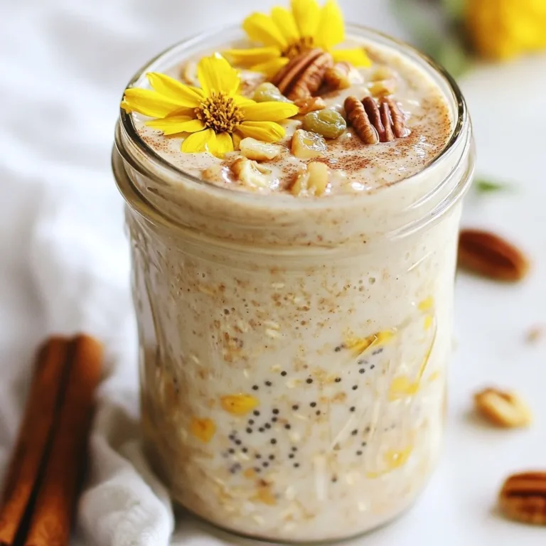 Für die Zimtschnecken Overnight Oats benötigst du folgende Hauptzutaten: - 1 Tasse Haferflocken (gerollt) - 1 Tasse ungesüßte Mandelmilch (oder Milch nach Wahl) - 1 Esslöffel Chiasamen - 1 Teelöffel gemahlener Zimt - 2 Esslöffel Ahornsirup oder Honig - 1 Teelöffel Vanilleextrakt - Eine Prise Salz Diese Zutaten bilden die Basis für ein leckeres Frühstück. Die Haferflocken geben dir die nötige Füllung. Der Zimt sorgt für den typischen Zimtschnecken-Geschmack. Wenn du deinen Overnight Oats mehr Textur und Geschmack verleihen möchtest, probiere diese optionalen Zutaten: - 2 Esslöffel griechischer Joghurt (für eine cremigere Konsistenz) - 2 Esslöffel gehackte Pekannüsse oder Walnüsse (für den Crunch) - 1 Esslöffel Rosinen oder getrocknete Cranberries (für die Süße) Diese Zutaten können den Geschmack und das Erlebnis deiner Overnight Oats verbessern. Der griechische Joghurt macht die Mischung besonders cremig. Es gibt viele Milchalternativen, die du verwenden kannst: - Sojamilch - Hafermilch - Kokosmilch Jede dieser Milchsorten verändert den Geschmack leicht. Wähle die Milch, die dir am besten gefällt. So kannst du deine Zimtschnecken Overnight Oats nach deinem Geschmack anpassen. {{ingredient_image_2}} Zuerst nimmst du eine mittelgroße Schüssel. Dort gibst du die Haferflocken, Chiasamen und den gemahlenen Zimt. Eine Prise Salz kommt auch dazu. Vermische alles gut mit einem Löffel. Die Basis ist nun bereit für die flüssigen Zutaten. In einer separaten Schüssel gibst du die ungesüßte Mandelmilch, den Ahornsirup und den Vanilleextrakt. Wenn du griechischen Joghurt verwenden möchtest, füge ihn jetzt hinzu. Mit einem Schneebesen rührst du alles glatt. Diese Mischung bringt die Süße und den Geschmack in die Overnight Oats. Jetzt gießt du die flüssige Mischung über die trockenen Zutaten. Rühre alles gründlich um, bis die Haferflocken gut durchfeuchtet sind. Wenn du magst, hebe die gehackten Nüsse und die Trockenfrüchte vorsichtig unter. Teile die Mischung gleichmäßig auf zwei Gläser oder Behälter auf. Verschließe sie gut und stelle sie über Nacht in den Kühlschrank. Am Morgen sind deine Zimtschnecken Overnight Oats bereit zum Genießen! Um die perfekte Konsistenz für deine Zimtschnecken Overnight Oats zu erreichen, achte auf das richtige Verhältnis von Haferflocken und Flüssigkeit. Verwende eine Tasse Haferflocken und eine Tasse Mandelmilch. Das gibt einen guten Mix. Wenn du es cremiger magst, füge einen Esslöffel griechischen Joghurt hinzu. Das macht die Oats so schön weich. Wenn du mehr Flüssigkeit magst, kannst du am Morgen einen Schuss Milch hinzufügen. Rühre gut um, um alles gleichmäßig zu verteilen. Du kannst dieses Rezept leicht an deinen Geschmack anpassen. Statt Pekannüssen kannst du Walnüsse verwenden. Wenn du keine Rosinen magst, probiere getrocknete Cranberries. Auch frische Früchte wie Apfel- oder Bananenscheiben sind eine tolle Ergänzung. Du kannst auch die Süße variieren. Verwende mehr oder weniger Ahornsirup oder Honig, je nach Vorliebe. Ein häufiger Fehler ist, zu wenig Flüssigkeit zu verwenden. Das macht die Haferflocken hart. Achte darauf, dass du die angegebenen Mengen einhältst. Ein weiterer Fehler ist, die Mischung nicht gut zu rühren. Dadurch bleiben trockene Klumpen zurück. Stelle sicher, dass alles gut vermischt ist. Wenn du die Oats länger als nötig im Kühlschrank lässt, können sie matschig werden. Halte dich an die Kühlzeit von über Nacht oder mindestens vier Stunden. Pro Tipps Haferflocken-Qualität: Verwenden Sie hochwertige, gerollte Haferflocken für die beste Textur und den besten Geschmack. Milchalternativen: Experimentieren Sie mit verschiedenen Milchalternativen wie Kokos- oder Hafermilch für einen neuen Geschmack. Zimtintensität: Passen Sie die Zimtmenge nach Ihrem persönlichen Geschmack an, um den perfekten Zimtgeschmack zu erzielen. Über Nacht quellen lassen: Lassen Sie die Haferflocken mindestens 4 Stunden oder über Nacht quellen, um die beste Konsistenz zu erreichen. {{image_4}} Für eine vegane Version der Zimtschnecken Overnight Oats kannst du einige einfache Anpassungen vornehmen. Ersetze die Milch durch Pflanzenmilch, wie Hafer- oder Sojamilch. Statt griechischem Joghurt kannst du auch Kokosjoghurt verwenden. Es macht die Mischung cremig und bleibt vegan. Du kannst auch den Ahornsirup durch agavendicksaft ersetzen, um die Süße zu erhalten. Diese Änderungen sorgen dafür, dass jeder in den Genuss dieser leckeren Oats kommen kann. Wenn du mehr Protein in deine Overnight Oats bringen möchtest, gibt es tolle Wege dafür. Füge einfach einen Löffel pflanzliches Proteinpulver hinzu. Alternativ kannst du auch Quark verwenden, wenn es nicht vegan ist. Eine andere Idee ist, mehr Chiasamen zu verwenden. Sie sind klein, aber sehr nahrhaft. Außerdem geben sie der Mischung eine schöne Textur. Diese Optionen helfen dir, deine Oats gesünder und sättigender zu machen. Nutze die saisonalen Früchte, um deine Zimtschnecken Overnight Oats aufzupeppen. Im Herbst kannst du zum Beispiel Kürbis hinzufügen. Mische einfach etwas Kürbispüree in die flüssige Mischung. Im Winter passen Äpfel gut. Schneide sie klein und füge sie vor dem Kühlen hinzu. Zimt und Äpfel sind ein tolles Team. Egal, was du wählst, saisonale Zutaten bringen frischen Geschmack und machen deine Oats noch leckerer. Die Zimtschnecken Overnight Oats lassen sich einfach aufbewahren. Du kannst sie in einem luftdichten Behälter oder in einem Glas mit Deckel lagern. So bleiben sie frisch und lecker. Achte darauf, dass der Behälter gut verschlossen ist. Das hilft, die Aromen zu bewahren. Im Kühlschrank halten sich die Overnight Oats bis zu fünf Tage. Das ist perfekt für ein schnelles Frühstück in der Woche. Wenn du die Haferflocken länger aufbewahren möchtest, kannst du sie auch anpassen. Rühre sie gut um, bevor du sie isst. So schmecken sie immer frisch und lecker. Wenn du die Overnight Oats länger lagern möchtest, kannst du sie einfrieren. Fülle die Mischung in einen gefrierfesten Behälter. Achte darauf, etwas Platz zu lassen, da die Oats beim Einfrieren ausdehnen. Du kannst die Oats bis zu drei Monate im Gefrierfach lagern. Um sie zu genießen, lasse sie einfach im Kühlschrank auftauen. So sind sie schnell wieder einsatzbereit. Overnight Oats sollten für mindestens 4 Stunden im Kühlschrank bleiben. Am besten ist es, sie über Nacht ziehen zu lassen. So können die Haferflocken die Flüssigkeit aufnehmen. Dies macht sie weich und lecker. Du kannst sie bis zu 5 Tage im Kühlschrank aufbewahren. Achte darauf, die Gläser gut zu verschließen. Ja, du kannst die Nüsse und Trockenfrüchte weglassen. Das Rezept bleibt trotzdem köstlich. Wenn du keine Nüsse magst, lasse sie einfach weg. Du kannst auch andere Zutaten ausprobieren, um den Geschmack zu variieren. Zum Beispiel könntest du frisches Obst oder Samen verwenden. Du kannst viele verschiedene Geschmäcker für Overnight Oats verwenden. Hier sind einige Ideen: - Schokoladenpulver für einen schokoladigen Geschmack - Erdnussbutter für eine nussige Note - Früchte wie Banane oder Beeren für zusätzliche Süße - Matcha-Pulver für einen grünen Tee-Geschmack Jede dieser Variationen bringt neue Aromen und macht dein Frühstück spannend. Zimtschnecken Overnight Oats sind einfach und lecker. Wir haben die Zutaten, Zubereitung und Tipps behandelt. Du kannst sie nach deinem Geschmack ändern. Achte darauf, die perfekte Konsistenz zu erreichen und mögliche Fehler zu vermeiden. Lagere sie richtig für den besten Genuss. Experimentiere mit veganen oder proteinreichen Varianten. Wenn du das Rezept ausprobierst, wirst du sicher begeistert sein! Mach deine Frühstückszeit abwechslungsreich und schmackhaft.