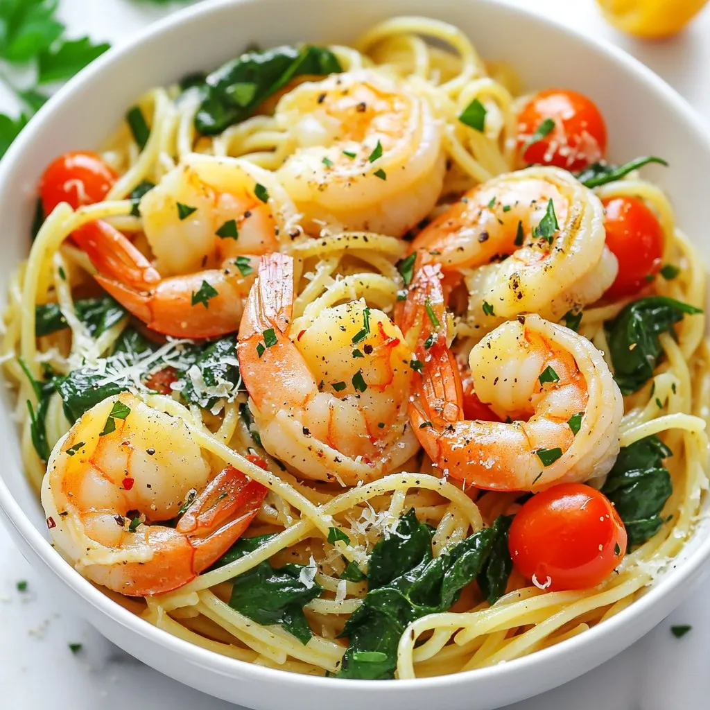 - 225 g Spaghetti oder Linguine - 450 g große Garnelen, geschält und entdarmt - 4 Esslöffel ungesalzene Butter - 4 Zehen Knoblauch, fein gehackt - 1 Teelöffel rote Paprikaflocken (nach Geschmack anpassen) - 150 g Kirschtomaten, halbiert - 2 Tassen frischer Spinat - 1 Zitrone, abgerieben und ausgepresst - Salz und schwarzer Pfeffer nach Geschmack - Frische Petersilie, gehackt (zum Garnieren) - Geriebener Parmesan (optional) Die Zutaten sind einfach zu finden. In den meisten Supermärkten gibt es alles. Achte darauf, frische Garnelen zu wählen. Sie geben dem Gericht den besten Geschmack. Eine Portion bietet dir eine gute Mischung aus Proteinen, gesunden Fetten und Ballaststoffen. Die Garnelen sind reich an Eiweiß. Spinat liefert Vitamine wie A und K. Die Tomaten bringen Antioxidantien. Butter und Parmesan geben Geschmack, enthalten aber auch Fett. Für eine glutenfreie Option kannst du glutenfreie Pasta verwenden. Veganer können die Butter durch pflanzliche Alternativen ersetzen und Garnelen weglassen oder durch Tofu ersetzen. Achte auf die Gewürze, um den Geschmack zu verändern. So passt das Rezept zu vielen Diäten. {{ingredient_image_2}} Um die Pasta perfekt zu kochen, bringen Sie einen großen Topf mit gesalzenem Wasser zum Kochen. Fügen Sie 225 g Spaghetti oder Linguine hinzu. Kochen Sie die Nudeln nach Packungsanweisung, bis sie al dente sind. Vergessen Sie nicht, 240 ml Nudelwasser aufzuheben, bevor Sie die Pasta abgießen. Stellen Sie die gekochte Pasta dann beiseite. In demselben Topf schmelzen Sie 4 Esslöffel ungesalzene Butter bei mittlerer Hitze. Sobald die Butter geschmolzen ist, fügen Sie 4 fein gehackte Knoblauchzehen und 1 Teelöffel rote Paprikaflocken hinzu. Sautieren Sie diese Mischung etwa 1-2 Minuten lang, bis sie duftet, aber nicht verbrennt. Geben Sie 450 g große, geschälte und entdarmte Garnelen in den Topf. Würzen Sie die Garnelen mit Salz und schwarzem Pfeffer. Braten Sie sie 2-3 Minuten pro Seite, bis sie rosa und undurchsichtig sind. Fügen Sie 150 g halbierte Kirschtomaten in den Topf. Lassen Sie diese 2 Minuten kochen, bis sie weich sind. Danach geben Sie 2 Tassen frischen Spinat, die abgeriebene Schale und den Saft einer Zitrone hinzu. Mischen Sie alles gut, bis der Spinat verwelkt ist. Geben Sie die gekochte Pasta zurück in den Topf und vermengen Sie alles sorgfältig. Wenn die Pasta zu trocken ist, fügen Sie nach und nach das aufbewahrte Nudelwasser hinzu. Probieren Sie die Pasta und passen Sie die Würze nach Belieben an. Garnieren Sie die Pasta vor dem Servieren mit frischer, gehackter Petersilie und optional mit geriebenem Parmesan. Um die Pasta al dente zu kochen, bringe einen großen Topf mit gesalzenem Wasser zum Kochen. Füge die Spaghetti oder Linguine hinzu. Koche sie nach den Anweisungen auf der Verpackung. Probiere die Pasta einige Minuten vor Ende der Garzeit. Sie sollte weich, aber noch einen leichten Biss haben. Wenn du die Pasta abgießt, behalte etwas Nudelwasser. Das hilft später bei der Sauce. Nudelwasser ist dein Geheimnis für eine tolle Sauce. Es enthält Stärke aus der Pasta. Diese Stärke hilft, die Sauce zu binden. Wenn deine Pasta zu trocken aussieht, füge nach und nach das Nudelwasser hinzu. Beginne mit ein paar Esslöffeln und rühre gut um. So bleibt die Pasta saftig und lecker. Das Würzen macht den Unterschied. Beginne mit Salz und Pfeffer. Füge dann den gehackten Knoblauch und die roten Paprikaflocken hinzu. Diese bringen viel Geschmack. Probiere die Pasta, bevor du sie servierst. Wenn sie mehr Geschmack braucht, füge mehr Salz oder Pfeffer hinzu. Denke auch an frische Kräuter. Petersilie gibt einen frischen Kick. Ein Spritzer Zitrone bringt die Aromen zum Strahlen. Pro Tipps Perfekte Pasta kochen: Achten Sie darauf, die Pasta in reichlich gesalzenem Wasser zu kochen, um den besten Geschmack zu erzielen. Al dente bedeutet, dass die Pasta noch etwas Biss hat, was sie perfekt für die Kombination mit der Sauce macht. Garnelen richtig anbraten: Überfüllen Sie die Pfanne nicht mit Garnelen, da sie sonst dampfen anstatt braten. Braten Sie die Garnelen in Chargen, um eine gleichmäßige Bräunung zu gewährleisten. Spinat frisch halten: Fügen Sie den Spinat am Ende des Kochvorgangs hinzu und lassen Sie ihn nur kurz zusammenfallen. So bleibt er frisch und behält seine lebendige Farbe. Zitronenaroma intensivieren: Reiben Sie die Zitronenschale vor dem Auspressen ab, um das ätherische Öl zu nutzen. Dies verstärkt das Zitronenaroma in der Pasta und macht sie noch geschmackvoller. {{image_4}} Um eine vegetarische Version zu machen, lasse die Garnelen weg. Verwende stattdessen gebratene Pilze oder Zucchini. Du kannst auch Feta-Käse für einen salzigen Kick hinzugeben. Der Geschmack bleibt köstlich und frisch. Wenn du andere Meeresfrüchte magst, probiere Jakobsmuscheln oder Muscheln. Diese können die Garnelen ersetzen. Achte darauf, die Garzeit anzupassen. Muscheln brauchen weniger Zeit, um zu kochen. Du kannst auch mehr Gemüse hinzufügen. Denke an Brokkoli, Paprika oder grüne Bohnen. Diese geben mehr Farbe und Nährstoffe. Brate das Gemüse einfach zusammen mit dem Knoblauch an, bevor du die Garnelen hinzufügst. Um die Reste der One-Pan Knoblauchbutter Garnelen Pasta frisch zu halten, verwenden Sie luftdichte Behälter. Lassen Sie die Pasta zuerst auf Raumtemperatur abkühlen, bevor Sie sie lagern. Achten Sie darauf, die Reste innerhalb von zwei Stunden nach dem Kochen zu verpacken. Wenn Sie die Pasta in einzelnen Portionen aufteilen, bleibt sie länger frisch und einfach zu erwärmen. Die fertige Pasta kann im Kühlschrank bis zu drei Tage aufbewahrt werden. Achten Sie darauf, sie gut abzudecken, um Austrocknen zu vermeiden. Wenn Sie die Pasta länger aufbewahren möchten, können Sie sie auch einfrieren. Im Gefrierfach hält sie bis zu drei Monate. Denken Sie daran, die Pasta vor dem Einfrieren in Portionen zu teilen, um das Auftauen zu erleichtern. Um die Reste wieder aufzuwärmen, nutzen Sie eine Pfanne bei mittlerer Hitze. Fügen Sie einen Schuss Wasser oder Brühe hinzu, um die Pasta feucht zu halten. Rühren Sie die Pasta regelmäßig um, damit sie gleichmäßig erwärmt wird. Eine weitere Möglichkeit ist die Mikrowelle. Decken Sie die Schüssel mit einem feuchten Papiertuch ab, um ein Austrocknen zu verhindern. Erwärmen Sie die Pasta in Intervallen von 30 Sekunden und rühren Sie zwischendurch um. Die Zubereitung dauert etwa 30 Minuten. Die Pasta kochen Sie in 10 Minuten. Für die Garnelen und das Gemüse brauchen Sie 20 Minuten. So bleibt Ihnen genug Zeit, um alles frisch und lecker zu machen. Ja, Sie können gefrorene Garnelen verwenden. Achten Sie darauf, sie vorher aufzutauen. Legen Sie sie einfach in kaltes Wasser für etwa 15 Minuten. So sparen Sie Zeit und haben dennoch schmackhafte Garnelen in Ihrem Gericht. Ein einfacher grüner Salat passt gut zu dieser Pasta. Auch knuspriges Brot ist eine tolle Ergänzung. Möchten Sie etwas mehr Gemüse? Gegrilltes Gemüse oder gedünsteter Brokkoli sind ebenfalls eine gute Wahl. Diese Anleitung zeigt, wie man eine schmackhafte One-Pan Knoblauchbutter Garnelen-Pasta zubereitet. Wir haben die wichtigsten Zutaten und Nährstoffe betrachtet, hilfreiche Tipps gegeben und Variationen für jeden Geschmack angeboten. Außerdem haben wir besprochen, wie man Reste richtig lagert. Die Zubereitung ist einfach und macht Spaß. Du kannst dieses Gericht anpassen, um alle glücklich zu machen. Probiere es aus und entdecke deine eigene Version!