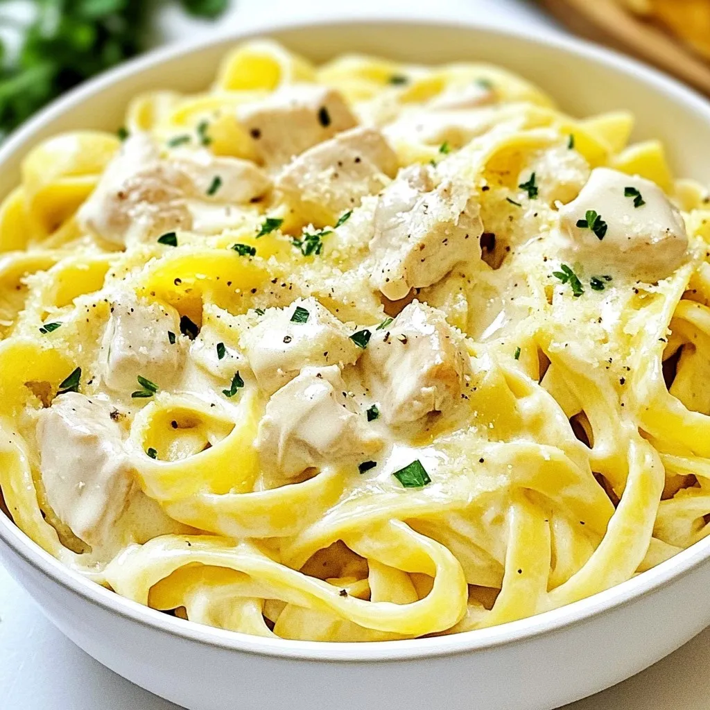 Für dieses leckere Gericht brauchen wir einige Hauptzutaten. Hier ist die Liste: - 450g Hähnchenbrustfilet ohne Knochen und Haut, gewürfelt - 225g Fettuccine-Nudeln - 500ml Hühnerbrühe - 240ml Schlagsahne - 100g geriebener Parmesan-Käse - 3 Knoblauchzehen, fein gehackt - 1 Esslöffel Olivenöl Diese Zutaten bilden die Grundlage für die cremige Alfredo-Sauce. Für den besten Geschmack fügen wir einige Gewürze hinzu. Dazu gehören: - 1 Teelöffel italienische Gewürzmischung - Salz und Pfeffer nach Geschmack - Frische Petersilie, gehackt (zum Garnieren) Diese Gewürze geben dem Gericht das besondere Etwas. Sie sorgen für einen tollen Geschmack und eine schöne Farbe. Wähle frische Zutaten, wenn möglich. Frisches Hähnchen hat einen besseren Geschmack. Achte auch auf die Qualität der Brühe. Eine gute Hühnerbrühe macht einen großen Unterschied. Für die Fettuccine solltest du die beste Qualität wählen. Sie sollte fest und nicht brüchig sein. Frischer Parmesan schmeckt am besten, also greife zu geriebenem Parmesan aus dem Stück, wenn du kannst. Mit diesen Tipps wählst du die besten Zutaten für dein Hähnchen Alfredo. Das wird deine Gerichte noch leckerer machen! {{ingredient_image_2}} Zuerst stelle ich den Instant Pot auf die Sauté-Einstellung. Ich füge 1 Esslöffel Olivenöl hinzu. Es dauert nur einen Moment, bis das Öl heiß wird. Dann gebe ich 450g gewürfeltes Hähnchenbrustfilet hinein. Ich würze es mit Salz, Pfeffer und 1 Teelöffel italienischer Gewürzmischung. Das Hähnchen brate ich etwa 5 Minuten lang an, bis es goldbraun ist. Sobald das Hähnchen schön gebräunt ist, füge ich 3 fein gehackte Knoblauchzehen hinzu. Ich brate den Knoblauch für eine weitere Minute an. Der Duft ist einfach himmlisch! Danach gieße ich 500ml Hühnerbrühe in den Topf. Ich schabe die angebrannten Reste vom Boden ab. Das bringt noch mehr Geschmack in das Gericht. Jetzt breche ich 225g Fettuccine-Nudeln in der Mitte. Ich füge sie in den Topf hinzu, sodass sie in der Brühe schwimmen. Dann schließe ich den Deckel des Instant Pots und stelle das Ventil auf „Dichtung“. Ich koche das Ganze für 6 Minuten unter Hochdruck. Nach der Garzeit führe ich eine schnelle Druckentlastung durch. Vorsichtig öffne ich den Deckel. Jetzt mische ich 240ml Schlagsahne und 100g geriebenen Parmesan-Käse in die Mischung. Ich rühre, bis die Sauce cremig ist. Sollte die Sauce zu dick sein, kann ich einfach mehr Hühnerbrühe hinzufügen. Ich probiere die Sauce und passe sie mit Salz und Pfeffer an. Fertig ist mein köstliches Hähnchen Alfredo! Ein häufiger Fehler ist, das Hähnchen zu lange anzubraten. Fünf Minuten reichen aus. Wenn du das Hähnchen zu stark brätst, wird es trocken. Achte darauf, dass du das Hähnchen gleichmäßig würzt. Das sorgt für mehr Geschmack. Ein weiterer Fehler ist, die Fettuccine nicht richtig in die Brühe zu drücken. Wenn sie nicht vollständig untergetaucht sind, können sie ungleichmäßig garen. Die Kochzeit für Fettuccine im Instant Pot beträgt nur sechs Minuten. Wenn du andere Nudelsorten nutzt, variiert die Zeit. Spaghetti benötigen etwa acht Minuten, während Penne etwa sieben Minuten brauchen. Breche die Nudeln, falls nötig, damit sie gleichmäßig garen. Denke daran, die Kochzeit um eine Minute zu reduzieren, wenn du frische Nudeln verwendest. So bleiben sie schön al dente. Um mehr Geschmack zu bringen, kannst du verschiedene Käsearten verwenden. Neben Parmesan schmecken auch Pecorino oder Gouda gut. Füge Gemüse wie Brokkoli oder Erbsen hinzu. Sie geben Farbe und Nährstoffe. Für eine würzige Note kannst du rote Paprika oder Chili-Flocken einstreuen. Wenn du es cremiger magst, erhöhe die Menge an Schlagsahne. Experimentiere mit frischen Kräutern wie Basilikum oder Thymian für mehr Aroma. Pro Tipps Hähnchenbrust marinieren: Marinieren Sie das Hähnchen mindestens 30 Minuten lang in Olivenöl, Zitronensaft und Gewürzen, um zusätzlichen Geschmack und Zartheit zu erzielen. Verwendung von frischem Parmesan: Verwenden Sie frischen Parmesan anstelle von fertig geriebenem Käse für einen intensiveren Geschmack und eine bessere Textur in der Sauce. Fettuccine richtig brechen: Brechen Sie die Fettuccine in der Mitte, um sicherzustellen, dass sie gleichmäßig garen und gut in der Sauce integriert werden. Für mehr Frische sorgen: Fügen Sie kurz vor dem Servieren frische Kräuter wie Basilikum oder Thymian hinzu, um dem Gericht eine lebendige Note zu verleihen. {{image_4}} Die vegetarische Version von Hähnchen Alfredo ist einfach. Du kannst das Hähnchen durch Gemüse ersetzen. Brokkoli, Zucchini oder Paprika sind tolle Alternativen. Diese Gemüse fügen Farbe und Nährstoffe hinzu. Die Zubereitung bleibt gleich. Bereite die Sauce wie gewohnt vor. Das Ergebnis ist ebenso cremig und lecker. Um mehr Geschmack zu erzielen, füge Gewürze hinzu. Du kannst frischen Basilikum oder Oregano verwenden. Brokkoli passt perfekt in die Alfredo-Sauce. Koche den Brokkoli einfach zusammen mit den Nudeln. Dadurch wird er zart und behält seine Farbe. Diese Gewürze und Gemüse machen das Gericht lebendig. Parmesan ist klassisch, aber nicht die einzige Wahl. Verwende Pecorino Romano für mehr Schärfe. Feta-Käse kann eine salzige Note beisteuern. Für cremige Konsistenz probiere Mascarpone oder Ricotta. Jede Käsesorte verändert den Geschmack. Experimentiere mit verschiedenen Käsesorten für neue Geschmackserlebnisse. Um die Reste von deinem Hähnchen Alfredo richtig zu lagern, folge diesen Schritten: - Lass die Pasta auf Raumtemperatur abkühlen. - Fülle die Reste in einen luftdichten Behälter. - Stelle sicher, dass der Behälter gut verschlossen ist. Die richtige Lagerung verhindert, dass die Aromen verloren gehen. Du kannst die Reste bis zu drei Tage im Kühlschrank aufbewahren. Beim Aufwärmen der Alfredo-Sauce ist es wichtig, sie nicht zu überhitzen. Hier sind einige Tipps: - Nutze einen Topf bei mittlerer Hitze. - Füge einen Schuss Hühnerbrühe oder Milch hinzu, um die Sauce zu verdünnen. - Rühre die Sauce häufig um, um ein Anbrennen zu vermeiden. So bleibt die Sauce cremig und lecker. Die Haltbarkeit hängt von der Lagerung ab: - Im Kühlschrank hält sich die Alfredo bis zu drei Tage. - Im Gefrierschrank kannst du sie bis zu zwei Monate aufbewahren. Achte darauf, die Sauce in portionsgerechten Behältern einzufrieren. Das erleichtert das spätere Aufwärmen und Genießen. Es dauert etwa 30 Minuten, um Hähnchen Alfredo im Instant Pot zu kochen. Die Vorbereitungszeit beträgt etwa 10 Minuten. Das Kochen selbst dauert nur 6 Minuten unter Hochdruck. Nach dem Kochen, mache eine schnelle Druckentlastung. So hast du ein schnelles und leckeres Gericht. Ja, du kannst frische Fettuccine verwenden. Beachte jedoch, dass frische Nudeln schneller garen. Koche sie nicht länger als 4 Minuten unter Hochdruck. Überwache die Konsistenz der Nudeln, um sicherzustellen, dass sie al dente bleiben. So bleibt dein Gericht perfekt. Wenn die Sauce zu dick ist, füge einfach mehr Hühnerbrühe hinzu. Rühre gut um, bis die gewünschte Konsistenz erreicht ist. Du kannst auch etwas Milch oder Sahne verwenden. Achte darauf, die Sauce nach dem Hinzufügen anzupassen. So bleibt sie cremig und lecker. Um Hähnchen Alfredo im Instant Pot zuzubereiten, haben wir die Hauptzutaten und Zubereitungsschritte besprochen. Ich habe Tipps gegeben, um häufige Fehler zu vermeiden und die besten Variationen zu nutzen. Auch die Aufbewahrung der Reste ist wichtig, um keinen Geschmack zu verlieren. Denke daran, dass du die Sauce anpassen kannst, um deinen persönlichen Geschmack zu treffen. Jeder Schritt ist einfach und macht das Gericht noch leckerer. Du kannst mit verschiedenen Käsesorten und Gemüsesorten experimentieren, um neue Aromen zu entdecken. Koche mit Freude!