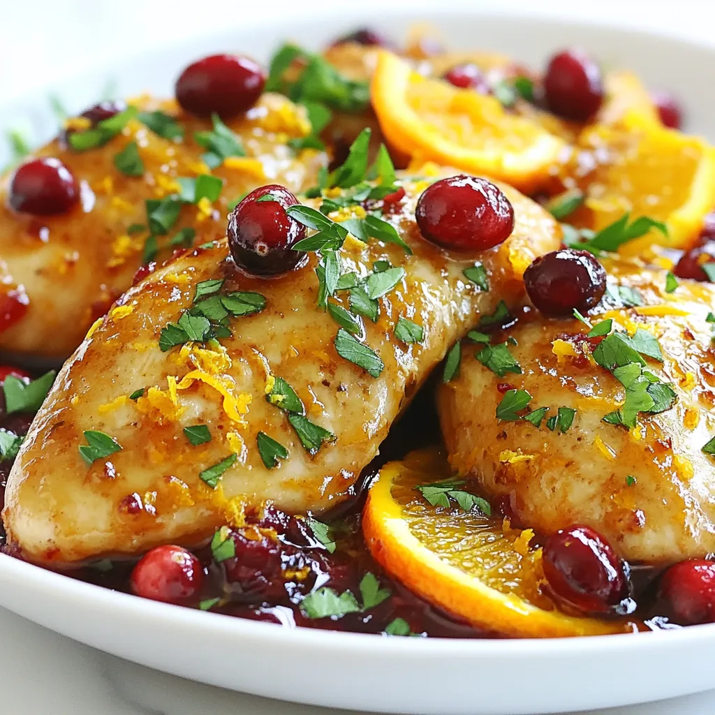 Für das Cranberry Orange Chicken Skillet benötigst du: - 4 Hähnchenbrustfilets, ohne Haut und Knochen - 1 Tasse frische Cranberries (oder gefrorene, wenn nicht saisonal) - 1 Orange, abgerieben und ausgepresst - 2 Esslöffel Honig - 1 Esslöffel Olivenöl - 1 Teelöffel Knoblauchpulver - 1 Teelöffel Zwiebelpulver - Salz und Pfeffer nach Geschmack - Frische Petersilie, gehackt, zum Garnieren Diese Zutaten sorgen für ein schnelles, leckeres Abendessen, das du in 30 Minuten zubereiten kannst. Frische Cranberries sind ideal, wenn sie in der Saison sind. Sie bieten den besten Geschmack und die beste Textur. Wenn du jedoch zu einer anderen Jahreszeit kochst, sind gefrorene Cranberries eine gute Wahl. Sie behalten ihren Geschmack und ihre Farbe. Du kannst sie direkt aus dem Gefrierfach verwenden, ohne sie vorher aufzutauen. Das macht die Zubereitung noch einfacher. Die Gewürze sind wichtig für den Geschmack des Gerichts. Knoblauchpulver und Zwiebelpulver verleihen dem Hähnchen eine herzhafte Note. Salz und Pfeffer bringen die Aromen zum Strahlen. Diese einfachen Zutaten heben das Geschmackserlebnis. Wenn du die Gewürze richtig dosierst, wird dein Gericht besonders schmackhaft. Die Kombination der frischen Cranberries und der Orange ergänzt die Gewürze perfekt. {{ingredient_image_2}} Zuerst nehme ich die Hähnchenbrustfilets. Ich tupfe sie mit Küchenpapier trocken. Dann würze ich beide Seiten gleichmäßig mit Salz, Pfeffer, Knoblauchpulver und Zwiebelpulver. Diese Gewürze geben dem Hähnchen viel Geschmack. Es ist wichtig, das Hähnchen gut zu würzen, damit es lecker wird. Jetzt erhitze ich eine große Pfanne. Ich gebe 1 Esslöffel Olivenöl hinein und stelle die Hitze auf mittelhoch. Wenn das Öl heiß ist, lege ich die Hähnchenbrustfilets in die Pfanne. Ich brate sie für etwa 6-7 Minuten auf jeder Seite. Das Hähnchen sollte goldbraun und durchgegart sein. Nach dem Braten nehme ich das Hähnchen aus der Pfanne und lege es beiseite. In derselben Pfanne gebe ich die frischen Cranberries, die Orangenschale und den frisch gepressten Orangensaft. Ich füge auch 2 Esslöffel Honig hinzu. Mit einem Holzlöffel rühre ich alles gut um. Es ist wichtig, die angebrannten Reste vom Pfannenboden zu lösen. Ich lasse die Mischung für 5-6 Minuten köcheln. Die Cranberries platzen und die Sauce wird dick. Nachdem die Sauce bereit ist, lege ich das gebratene Hähnchen wieder in die Pfanne und löffle die Sauce darüber. Ich lasse alles für 2-3 Minuten kochen, um das Hähnchen durchzuwärmen. Ein häufiger Fehler ist, das Hähnchen nicht trocken zu tupfen. Feuchtigkeit verhindert das Bräunen. Achte darauf, die Gewürze gleichmäßig zu verteilen. Wenn du das Hähnchen nicht würzt, fehlt der Geschmack. Lass die Sauce nicht zu lange köcheln. Sie sollte sämig, aber nicht zu dick sein. Du kannst die Cranberries durch andere Früchte ersetzen. Äpfel oder Pfirsiche bringen eine süße Note. Für einen schärferen Geschmack füge etwas Chili hinzu. Wenn du es süßer magst, erhöhe die Menge an Honig. Experimentiere mit verschiedenen Kräutern wie Thymian oder Rosmarin für neue Aromen. Eine große Pfanne ist wichtig, um das Hähnchen gleichmäßig zu braten. Verwende einen Holzlöffel, um die Sauce zu rühren. Das schützt die Pfanne und hilft, die Aromen zu vermischen. Ein Zester ist nützlich, um die Orangenschale fein abzureiben. Vergiss nicht, ein gutes Schneidebrett für die Vorbereitung zu haben. Pro Tipps Hähnchen marinieren: Lassen Sie die Hähnchenbrustfilets vor dem Braten mindestens 30 Minuten in einer Mischung aus Orangensaft, Honig und Gewürzen marinieren, um den Geschmack zu intensivieren. Frische Cranberries: Verwenden Sie frische Cranberries, wenn sie verfügbar sind, da sie einen besseren Geschmack und eine angenehmere Textur bieten als gefrorene. Die Sauce anpassen: Passen Sie die Süße der Sauce nach Ihrem Geschmack an, indem Sie mehr oder weniger Honig hinzufügen, je nachdem, wie süß Sie es möchten. Garnitur kreativ gestalten: Verwenden Sie zusätzlich zur Petersilie auch Orangenscheiben oder geröstete Nüsse als Garnitur, um dem Gericht mehr Farbe und Textur zu verleihen. {{image_4}} Eine leckere Idee ist, Nüsse hinzuzufügen. Walnüsse oder Pekannüsse passen gut. Sie geben einen tollen Crunch. Dazu röstest du die Nüsse leicht in der Pfanne. So entfalten sie ihren vollen Geschmack. Füge die Nüsse einfach kurz vor dem Servieren hinzu. Das gibt dem Gericht eine tolle Textur und mehr Geschmack. Wenn du eine vegane Variante willst, benutze Tofu. Tofu ist eine gute Proteinquelle. Wähle festen Tofu für die beste Textur. Schneide den Tofu in Würfel. Brate ihn in Olivenöl, bis er goldbraun ist. Bereite die Sauce wie im Rezept vor und füge den gebratenen Tofu hinzu. So erhältst du ein schmackhaftes und gesundes Gericht. Experimentiere mit anderen Früchten, um neue Geschmäcker zu entdecken. Äpfel oder Birnen können eine süße Note bringen. Schneide sie in kleine Stücke und füge sie zur Sauce hinzu. Auch Kirschen oder Pfirsiche sind gute Optionen. Achte darauf, die Früchte in der gleichen Zeit wie die Cranberries zu kochen. So bleiben sie saftig und lecker. Wenn du Reste von deinem Cranberry Orange Chicken Skillet hast, bewahre sie in einem luftdichten Behälter auf. So bleiben die Aromen frisch. Du kannst das Gericht bis zu drei Tage im Kühlschrank lagern. Achte darauf, es abzukühlen, bevor du es in den Kühlschrank stellst. So vermeidest du Kondensation, die die Textur beeinträchtigen könnte. Wenn du mehr für später aufbewahren möchtest, friere die Reste ein. Teile das Gericht in Portionen auf und lege sie in gefriergeeignete Behälter. So bleibt dein Cranberry Orange Chicken bis zu drei Monate frisch. Beschrifte die Behälter mit dem Datum. So vergisst du nicht, was drin ist. Um die beste Qualität beim Aufwärmen zu erhalten, lasse das Gericht zuerst im Kühlschrank auftauen. Erhitze es dann in einer Pfanne bei mittlerer Hitze. Füge einen Spritzer Wasser oder Brühe hinzu, um die Sauce wieder cremig zu machen. Rühre gut um und erwärme es, bis es heiß ist. So bleibt das Hähnchen saftig und die Sauce lecker. Die Zubereitung des Cranberry Orange Chicken Skillets dauert insgesamt etwa 30 Minuten. Die Vorbereitung der Zutaten braucht rund 10 Minuten. Dann kochen Sie das Hähnchen und die Sauce in etwa 20 Minuten. Diese schnelle Zubereitungszeit macht es zu einem großartigen Abendessen für hektische Tage. Ja, Sie können gefrorene Cranberries verwenden. Sie sind eine gute Option, wenn frische Cranberries nicht verfügbar sind. Achten Sie darauf, sie vorher nicht aufzutauen. Fügen Sie sie direkt in die Pfanne hinzu. Sie werden beim Kochen weich und geben dennoch einen tollen Geschmack. Cranberry Orange Chicken passt gut zu vielen Beilagen. Hier sind einige Ideen: - Reis oder Quinoa: Sie nehmen die leckere Sauce gut auf. - Grüner Salat: Ein frischer Salat ergänzt das Gericht perfekt. - Ofengemüse: Geröstetes Gemüse bringt zusätzliche Textur und Geschmack. - Kartoffelpüree: Cremiges Püree harmoniert gut mit der fruchtigen Sauce. Mit diesen Optionen wird Ihr Essen vielseitig und lecker. Cranberry Orange Chicken ist einfach und lecker. Wir haben die besten Zutaten und Schritte besprochen. Frische oder gefrorene Cranberries bringen Geschmack. Gewürze sind wichtig fürs Essen. Tipps helfen, häufige Fehler zu vermeiden. Variationen bieten für jeden etwas. Reste sind einfach zu lagern und aufzuwärmen. Ich hoffe, du kannst es bald ausprobieren und genießen!