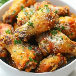 - 900 g Hähnchenflügel - 3 Esslöffel Olivenöl - 1/4 Tasse geriebener Parmesan - 1 Teelöffel Knoblauchpulver - 1 Teelöffel Zwiebelpulver - 1 Teelöffel geräuchertes Paprikapulver - 1/2 Teelöffel schwarzer Pfeffer - 1/2 Teelöffel Salz - 1 Esslöffel frischer, gehackter Knoblauch - 2 Esslöffel frische Petersilie, gehackt Ich liebe es, diese Zutaten auszuwählen. Die Hähnchenflügel sind der Hauptdarsteller. Sie sind perfekt für einen Snack oder ein Abendessen. Das Olivenöl hilft, die Gewürze gut zu verteilen. Parmesan macht alles besser. Die Gewürze bringen viel Geschmack. Knoblauchpulver und frischer Knoblauch geben den Flügeln einen tollen Geschmack. Zwiebelpulver und geräuchertes Paprikapulver sorgen für die Tiefe. Pfeffer und Salz runden alles ab. Die Petersilie verleiht den Flügeln eine frische Note. Sie sieht auch schön aus. Diese Kombination von Aromen macht die Flügel unwiderstehlich. Du wirst sie lieben! {{ingredient_image_2}} Zuerst trockne ich die Hähnchenflügel mit Küchenpapier ab. Das ist wichtig für die Knusprigkeit. Feuchtigkeit macht die Flügel weich. Trockenes Hähnchen wird goldbraun und lecker. In einer großen Schüssel vermenge ich 3 Esslöffel Olivenöl, 1 Teelöffel Knoblauchpulver, 1 Teelöffel Zwiebelpulver, 1 Teelöffel geräuchertes Paprikapulver, 1/2 Teelöffel schwarzen Pfeffer und 1/2 Teelöffel Salz. Dann gebe ich die Hähnchenflügel hinein und wende sie gut in der Mischung. So sind sie gleichmäßig gewürzt und voll im Geschmack. Jetzt füge ich 1 Esslöffel frischen, gehackten Knoblauch in die Schüssel. Ich mische alles gut durch, damit der Knoblauch überall verteilt ist. Der frische Knoblauch bringt ein tolles Aroma. Ich heize die Luftfritteuse auf 190°C (375°F) vor. Das dauert etwa 5 Minuten. Eine heiße Fritteuse sorgt dafür, dass die Flügel schön knusprig werden. Dann lege ich die Flügel in einer Schicht in den Korb. Es ist wichtig, dass sie nicht übereinander liegen. Ich frittiere sie für 25-30 Minuten und wende sie einmal zur Halbzeit. So werden die Flügel gleichmäßig gar und goldbraun. Nach dem Frittieren gebe ich die Flügel in eine große Schüssel. Ich streue 1/4 Tasse geriebenen Parmesan über die heißen Flügel. Dann mische ich sie vorsichtig, damit der Käse überall haftet. Zum Schluss streue ich 2 Esslöffel frische, gehackte Petersilie über die Flügel. Die Petersilie sieht schön aus und gibt einen frischen Geschmack. Jetzt sind die Flügel bereit zum Servieren! Um knusprige Hähnchenflügel zu erhalten, tupfe sie gut trocken. Feuchtigkeit macht die Flügel weich. Verwende Küchenpapier, um die Oberfläche gründlich abzutrocknen. So wird die Haut knackig und goldbraun. Das Anpassen der Gewürzmengen ist wichtig. Probiere die Mischung zuerst aus. Du kannst mehr Knoblauchpulver oder Paprikapulver hinzufügen, wenn du möchtest. Jeder hat einen anderen Geschmack. Sei kreativ und finde deine perfekte Mischung. Achte darauf, die Flügel in einer einzigen Schicht zu frittieren. Wenn du zu viele Flügel auf einmal in die Fritteuse legst, wird die Luft nicht richtig zirkulieren. Das kann die Flügel matschig machen. Genug Platz sorgt für die beste Textur. Pro Tipps Hähnchenflügel trocken tupfen: Stellen Sie sicher, dass die Hähnchenflügel gut abgetrocknet sind, bevor Sie sie würzen. Dies hilft, die Haut knuspriger zu machen. Würzmischung anpassen: Experimentieren Sie mit zusätzlichen Gewürzen wie Cayennepfeffer oder italienischen Kräutern, um den Flügeln eine persönliche Note zu verleihen. Häufiges Wenden: Wenden Sie die Flügel während des Frittierens einmal in der Mitte der Garzeit, um eine gleichmäßige Bräunung und Knusprigkeit zu gewährleisten. Parmesan frisch reiben: Verwenden Sie frisch geriebenen Parmesan anstelle von vorgeriebenem, da er einen intensiveren Geschmack und eine bessere Schmelzfähigkeit bietet. {{image_4}} Möchten Sie Ihre Hähnchenflügel schärfer machen? Fügen Sie einfach Chilipulver oder scharfe Sauce hinzu. Sie können das Chilipulver direkt in die Gewürzmischung geben. Ein Teelöffel kann für einen guten Kick sorgen. Wenn Sie es schärfer mögen, erhöhen Sie die Menge. Eine scharfe Sauce als Dip ist auch eine tolle Idee. Ihre Gäste werden begeistert sein! Für eine frische Note können Sie verschiedene Kräuter verwenden. Thymian oder Oregano passen gut zu diesen Flügeln. Fügen Sie die gehackten Kräuter direkt zur Gewürzmischung hinzu. Ein Esslöffel frische Kräuter macht einen großen Unterschied. Sie geben den Flügeln eine neue Geschmacksrichtung. Experimentieren Sie mit Ihren Lieblingskräutern für eine besondere Note. Wer Gluten meidet, kann trotzdem genießen! Achten Sie darauf, dass alle Zutaten glutenfrei sind. Überprüfen Sie die Gewürze und das Olivenöl. Diese sind in der Regel glutenfrei. Es ist wichtig, sicherzustellen, dass keine Kreuzkontamination stattfindet. So können alle die knusprigen Flügel ohne Sorgen genießen. Ich empfehle, die Reste der Hähnchenflügel im Kühlschrank aufzubewahren. Legen Sie sie in einen luftdichten Behälter. So bleiben die Flügel frisch und lecker. Sie können die Reste bis zu drei Tage lang genießen. Wenn Sie die Flügel wieder aufwärmen, werden sie fast so gut wie frisch zubereitet. Wenn Sie die Flügel länger aufbewahren möchten, können Sie sie einfrieren. Wickeln Sie die Flügel gut in Frischhaltefolie ein. Legen Sie sie anschließend in einen Gefrierbeutel. Sie können die Flügel bis zu drei Monate im Gefrierfach lassen. Achten Sie darauf, das Datum auf den Beutel zu schreiben. So wissen Sie, wie lange sie schon eingefroren sind. Um die Flügel wieder aufzuwärmen, empfehle ich den Ofen oder die Luftfritteuse. Stellen Sie den Ofen auf 180°C (350°F). Legen Sie die Flügel auf ein Backblech und erwärmen Sie sie für etwa 10-15 Minuten. In der Luftfritteuse geht es noch schneller. Frittieren Sie die Flügel bei 190°C (375°F) für etwa 5-7 Minuten. So bleiben sie knusprig und lecker. H2 - Häufig gestellte Fragen (FAQs) H3 - Wie lange müssen die Hähnchenflügel in der Luftfritteuse bleiben? Die Hähnchenflügel müssen 25 bis 30 Minuten in der Luftfritteuse bleiben. Achte darauf, sie einmal zu wenden. So werden sie gleichmäßig knusprig und goldbraun. Die genaue Zeit kann je nach Größe der Flügel leicht variieren. Es ist wichtig, die Flügel nicht zu überfüllen. So kann die heiße Luft gut zirkulieren und die Flügel werden perfekt. H3 - Kann ich gefrorene Hähnchenflügel verwenden? Ja, du kannst gefrorene Hähnchenflügel verwenden. Lass sie vorher jedoch etwas auftauen. Es ist besser, sie nicht direkt gefroren zu frittieren. Achte darauf, die Garzeit etwas zu verlängern, wenn sie gefroren sind. So stellst du sicher, dass sie richtig durchgegart sind. Überprüfe die Innentemperatur; sie sollte mindestens 75°C erreichen. H3 - Was sind die besten Beilagen zu Knoblauch Parmesan Hähnchenflügeln? Zu Knoblauch Parmesan Hähnchenflügeln passen viele Beilagen gut. Hier sind einige tolle Vorschläge: - Karotten- und Selleriesticks mit Dip - Knusprige Pommes oder Kartoffelecken - Ein frischer grüner Salat - Knoblauchbrot oder Bruschetta - Gegrilltes Gemüse Diese Beilagen ergänzen den Geschmack der Flügel perfekt und machen das Essen noch leckerer. In diesem Artikel haben wir leckere Knoblauch-Parmesan-Hähnchenflügel unter die Lupe genommen. Zuerst haben wir die Zutaten durchgesehen und dann die Schritt-für-Schritt-Anleitung besprochen. Außerdem gab es nützliche Tipps für knusprige Flügel und einige schmackhafte Variationen. Denke daran, deine Flügel richtig zuzubereiten, um beste Ergebnisse zu erzielen. Egal, ob du sie heiß magst oder mit Kräutern verfeinern möchtest, die Möglichkeiten sind groß. Jetzt ist es an der Zeit, diese köstlichen Flügel zu genießen!