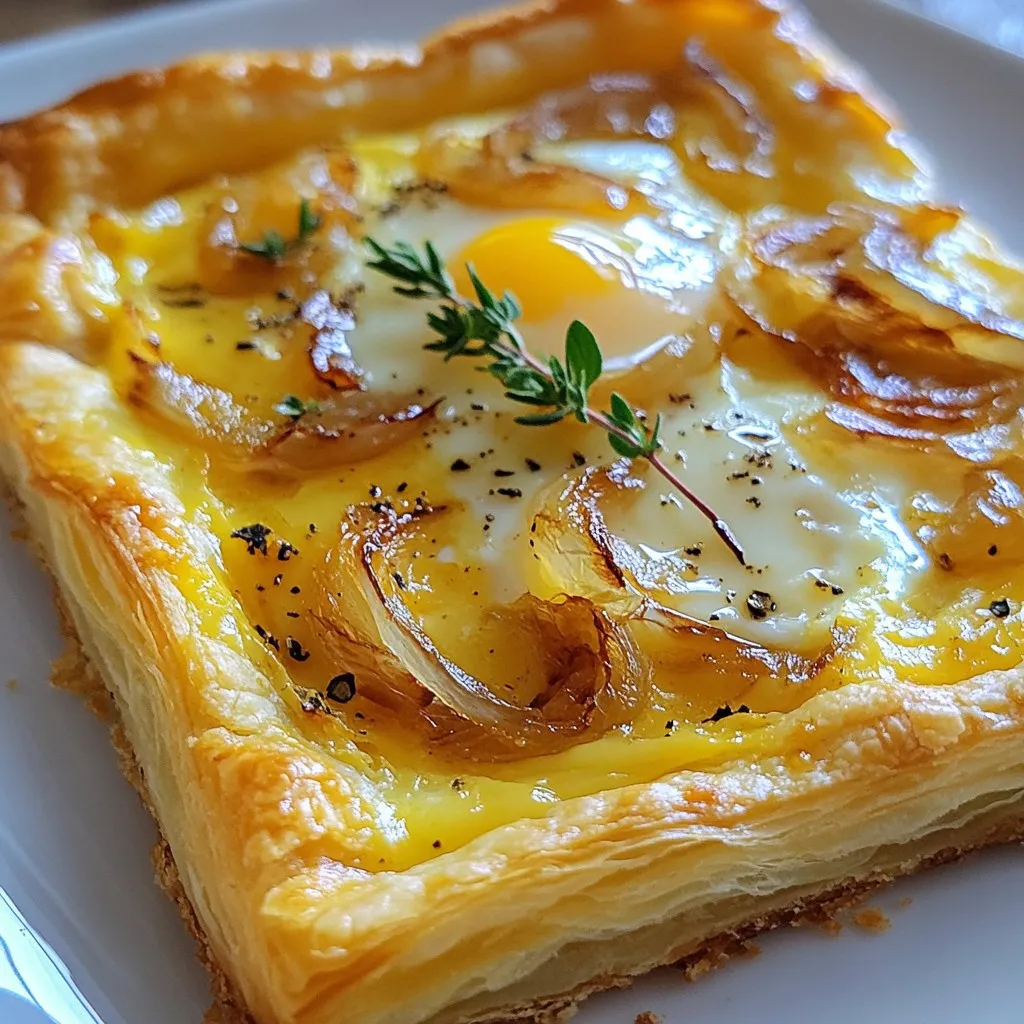 Für die karamellisierte Zwiebel- und Gruyère-Tarte brauchst du: - 1 Blatt Blätterteig (aufgetaut) - 3 große Zwiebeln, dünn geschnitten - 2 Esslöffel Olivenöl - 1 Esslöffel Butter - 1 Teelöffel frische Thymianblätter - 1 Teelöffel Zucker - Salz und Pfeffer nach Geschmack - 1 Tasse geriebener Gruyère-Käse - 2 große Eier - 1/2 Tasse Schlagsahne Frische Zutaten sind der Schlüssel zu einem großartigen Geschmack. Achte auf folgende Punkte: - Zwiebeln: Wähle feste, glatte Zwiebeln ohne Flecken. Sie sollten schwer in der Hand liegen. - Käse: Gruyère sollte frisch und gut riechen. Wenn möglich, kaufe ihn am Stück und reibe ihn selbst. - Thymian: Frischer Thymian hat einen kräftigen Duft. Vermeide welke oder trockene Blätter. - Eier: Achte auf das Haltbarkeitsdatum. Frische Eier sind entscheidend für die Füllung. Diese Tarte ist nicht nur lecker, sondern auch nahrhaft. Hier sind einige wichtige Nährwerte pro Portion: - Kalorien: etwa 300 kcal - Fett: 20 g - Kohlenhydrate: 25 g - Eiweiß: 8 g Diese Werte können je nach Portionsgröße und Zutaten variieren. Die Tarte enthält gesunde Fette durch Olivenöl und Butter. Der Gruyère-Käse liefert wertvolles Protein und Calcium. {{ingredient_image_2}} Heize deinen Ofen auf 200°C (400°F) vor. Dies ist wichtig für eine schöne, goldene Tarte. Du musst den Blätterteig auftauen, wenn er gefroren ist. Schneide die Zwiebeln in dünne Scheiben. Bereite auch die anderen Zutaten vor, damit du alles schnell zur Hand hast. Erhitze in einer großen Pfanne 2 Esslöffel Olivenöl und 1 Esslöffel Butter bei mittlerer Hitze. Füge die Zwiebeln hinzu und streue eine Prise Salz darauf. Rühre die Zwiebeln häufig um. Dies hilft, sie gleichmäßig zu garen. Lass sie für 20-25 Minuten kochen, bis sie weich und karamellisiert sind. Füge 1 Teelöffel Zucker und 1 Teelöffel frische Thymianblätter hinzu. Rühre alles gut für weitere 5 Minuten um. Nimm die Pfanne vom Herd und lass die Mischung etwas abkühlen. Rolle den Blätterteig auf einer bemehlten Fläche aus. Drücke ihn in eine Tarteform und schneide den überschüssigen Teig ab. Verteile die karamellisierten Zwiebeln gleichmäßig auf dem Teigboden. In einer Schüssel verquirle 2 große Eier mit 1/2 Tasse Schlagsahne, Salz und Pfeffer. Gieße diese Mischung über die Zwiebeln. Streue 1 Tasse geriebenen Gruyère-Käse gleichmäßig darüber. Backe die Tarte im Ofen für 30-35 Minuten. Sie ist fertig, wenn sie goldbraun ist und die Füllung fest wird. Lass die Tarte einige Minuten abkühlen, bevor du sie in Stücke schneidest. Karamellisieren Sie Zwiebeln bei mittlerer Hitze. Zu hohe Hitze verbrennt sie schnell. Verwenden Sie genug Öl und Butter. Dies hilft, die Zwiebeln gleichmäßig zu garen. Fügen Sie eine Prise Salz hinzu. Salz entzieht den Zwiebeln Wasser und fördert die Süße. Geduld ist wichtig. Lassen Sie die Zwiebeln 20 bis 25 Minuten garen. Rühren Sie sie regelmäßig um. So verhindern Sie, dass sie an der Pfanne kleben. Die Backzeit beträgt 30 bis 35 Minuten. Achten Sie auf die Farbe. Die Tarte sollte goldbraun sein. Die Füllung muss fest werden. Wenn die Oberseite zu schnell bräunt, decken Sie sie mit Folie ab. Lassen Sie die Tarte nach dem Backen einige Minuten ruhen. So wird sie leichter zu schneiden. Servieren Sie die Tarte warm. Garnieren Sie sie mit frischen Thymianzweigen. Ein frischer Beilagensalat passt gut dazu. Ein einfacher grüner Salat bringt Frische. Auch ein leichtes Dressing ist eine gute Wahl. So bekommt das Gericht mehr Geschmack. Sie können auch etwas Joghurt oder Sauerrahm dazu reichen. Pro Tipps Frische Zwiebeln wählen: Verwenden Sie frische, süße Zwiebeln für den besten Geschmack. Sie sorgen für eine perfekte Karamellisierung und einen reichhaltigen, süßen Geschmack. Den Blätterteig kühl halten: Stellen Sie sicher, dass der Blätterteig während der Vorbereitung kühl bleibt. Dies hilft, beim Backen eine knusprige Textur zu erzielen. Anpassungen der Käsesorte: Experimentieren Sie mit verschiedenen Käsesorten wie Emmentaler oder Cheddar, um neue Geschmacksrichtungen zu entdecken. Die Tarte richtig abkühlen lassen: Lassen Sie die Tarte vor dem Anschneiden einige Minuten abkühlen. Dies hilft, die Füllung zu setzen und erleichtert das Servieren. {{image_4}} Wenn du eine vegetarische Variante der Tarte zubereiten möchtest, gibt es viele leckere Optionen. Du kannst einfach das Rezept anpassen, indem du Fleisch oder Fisch weglässt. Stattdessen kannst du mehr Gemüse verwenden. Zum Beispiel, füge Spinat, Pilze oder Zucchini hinzu. Diese Zutaten bringen zusätzliche Farben und Geschmäcker in die Tarte. Gruyère-Käse ist köstlich, aber du kannst auch andere Käsesorten ausprobieren. Ziegenkäse gibt der Tarte eine cremige Note. Feta-Käse bringt einen salzigen Geschmack. Du kannst auch Emmentaler oder Cheddar verwenden. Probiere verschiedene Kombinationen, um deinen perfekten Käsegeschmack zu finden. Um deiner Tarte mehr Geschmack zu verleihen, füge frische Kräuter hinzu. Basilikum oder Petersilie passen gut. Du kannst auch etwas geräucherten Paprika einstreuen, um einen rauchigen Geschmack zu erzielen. Zudem sind saisonales Gemüse wie Süßkartoffeln oder Brokkoli eine tolle Ergänzung. Diese Zutaten machen die Tarte noch bunter und schmackhafter. Wenn du Reste von der Tarte hast, bewahre sie in einem luftdichten Behälter auf. Das hält sie frisch. Du kannst ein Stück mit Frischhaltefolie abdecken, wenn du keinen Behälter hast. Achte darauf, dass die Tarte bei Raumtemperatur abkühlt, bevor du sie lagerst. Um die Tarte wieder warm zu machen, heize deinen Ofen auf 180°C vor. Lege die Tarte auf ein Backblech und decke sie mit Alufolie ab. So bleibt sie saftig. Backe sie etwa 10 bis 15 Minuten. Du kannst die Tarte auch in der Mikrowelle aufwärmen, aber sie wird weicher. Im Kühlschrank bleibt die Tarte 3 bis 4 Tage frisch. Stelle sicher, dass sie gut verpackt ist. Wenn du die Tarte länger aufbewahren möchtest, kannst du sie einfrieren. Wickel sie fest in Frischhaltefolie und lege sie in einen Gefrierbeutel. So hält sie bis zu 2 Monate. Wenn du bereit bist, sie zu essen, taue die Tarte im Kühlschrank auf, bevor du sie aufwärmst. Du kannst die Tarte bis zu zwei Tage im Voraus zubereiten. Bereite die Füllung und den Blätterteig vor. Lagere sie getrennt im Kühlschrank. Am Backtag kannst du sie schnell zusammenstellen und backen. So sparst du Zeit und hast frische Tarte. Ja, gefrorener Blätterteig funktioniert gut. Achte darauf, ihn vorher gut aufzutauen. Lege den Teig auf eine bemehlte Fläche und rolle ihn aus. So wird die Tarte gleichmäßig und knusprig. Gefrorener Teig spart Zeit und ist praktisch. Um die Tarte vegan zu machen, ersetze die Eier durch eine Mischung aus Leinsamen und Wasser. Nutze pflanzliche Sahne statt Schlagsahne. Verwende veganen Käse oder lasse den Käse ganz weg. Die Aromen der Zwiebeln und Kräuter sind immer noch lecker. Zusammengefasst haben wir die besten Zutaten für die Tarte besprochen. Frische Zutaten machen einen großen Unterschied. Wir haben Schritt für Schritt die Zubereitung erklärt, von den karamellisierten Zwiebeln bis zur perfekten Backzeit. Zudem gab es hilfreiche Tipps und kreative Variationen. Denke daran, die Tarte richtig zu lagern und aufzuwärmen. Experimentiere mit den Zutaten und genieße neue Geschmäcker. Mit diesen Infos gelingt dir die Tarte ganz sicher. Viel Spaß beim Kochen!
