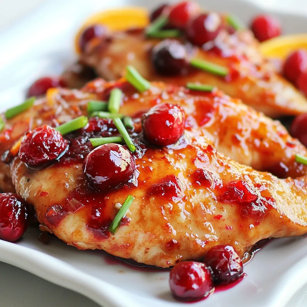 Um Zesty Cranberry Orange Chicken zu machen, brauchst du folgende Hauptzutaten: - 4 Hähnchenbrustfilets ohne Knochen und Haut - 1 Tasse frische Cranberries (oder gefrorene, aufgetaut) - 1 Tasse frisch gepresster Orangensaft (am besten selbst gemacht) - Schale von 1 Orange - 2 Esslöffel Honig Die Gewürze und Marinade sind der Schlüssel zu diesem Gericht. Du brauchst: - 2 Knoblauchzehen, fein gehackt - 1 Esslöffel frischer Ingwer, gerieben - 1 Teelöffel Thymian (frisch oder getrocknet) - Salz und Pfeffer nach Geschmack - 2 Esslöffel Olivenöl - ¼ Tasse Frühlingszwiebeln, in Scheiben geschnitten (für die Garnitur) Wähle frische Zutaten für den besten Geschmack. Achte auf: - Saftige Hähnchenbrustfilets, die fest sind. - Dunkelrote, feste Cranberries ohne Druckstellen. - Süße Orangen, die sich leicht drücken lassen. - Hochwertigen Honig für mehr Aroma. Diese Tipps helfen dir, das beste Ergebnis zu erzielen. {{ingredient_image_2}} Um die Marinade zu machen, nimm eine Schüssel. Gib den frisch gepressten Orangensaft hinein. Füge die Orangenschale, den Honig, den Knoblauch, den Ingwer und den Thymian hinzu. Mische alles gut. Das ist die Basis für den tollen Geschmack. Nimm die Hähnchenbrustfilets und lege sie in einen Plastiksack oder eine Schüssel. Gieße die Marinade darüber. Achte darauf, dass das Hähnchen gut bedeckt ist. Verschließe den Sack oder decke die Schüssel ab. Lass das Hähnchen mindestens eine Stunde im Kühlschrank. So zieht der Geschmack richtig ein. Heize deinen Ofen auf 190 °C vor. Nimm das Hähnchen aus der Marinade. Bewahre die Marinade auf. Erhitze das Olivenöl in einer ofenfesten Pfanne. Brate das Hähnchen auf jeder Seite 4 bis 5 Minuten an. Es sollte goldbraun sein. Gieße dann die aufbewahrte Marinade in die Pfanne. Füge die Cranberries hinzu und rühre vorsichtig um. Stelle die Pfanne in den vorgeheizten Ofen. Backe das Hähnchen 20 bis 25 Minuten. Die Innentemperatur sollte 74 °C erreichen. Nach dem Backen nimm die Pfanne heraus. Lass das Hähnchen 5 Minuten ruhen. Serviere es mit der Cranberry-Sauce und garnier mit Frühlingszwiebeln. So sieht es schön aus und schmeckt frisch. Die perfekte Garzeit für Hähnchenbrust liegt bei 20 bis 25 Minuten im Ofen. Achte darauf, dass die Innentemperatur 74 °C erreicht. So bleibt das Fleisch saftig und zart. Verwende ein Fleischthermometer, um sicherzugehen. Um die besten Aromen zu erhalten, mariniere das Hähnchen mindestens eine Stunde. Noch besser ist eine Marinade über Nacht. Die Kombination aus Orangensaft, Cranberries, und Gewürzen zieht tief ins Fleisch ein. So wird jeder Biss voller Geschmack. Du kannst die Marinade leicht anpassen. Probiere verschiedene Kräuter wie Rosmarin oder Oregano aus. Für einen schärferen Kick füge etwas Chili oder Pfeffer hinzu. Möchtest du eine süßere Note? Dann erhöhe die Menge an Honig. So wird dein Gericht immer neu und spannend. Pro Tipps Marinade intensivieren: Lass das Hähnchen über Nacht in der Marinade ziehen, um einen intensiveren Geschmack zu erzielen. Cranberries vorbereiten: Wenn du gefrorene Cranberries verwendest, lass sie vorher gründlich auftauen, damit sie beim Kochen gleichmäßig garen. Fleischthermometer nutzen: Verwende ein Fleischthermometer, um sicherzustellen, dass das Hähnchen die richtige Innentemperatur von 74 °C erreicht. Resteverwertung: Verwende die übrig gebliebene Cranberry-Sauce als Dip für Gemüse oder als Brotaufstrich für ein schnelles Snackgericht. {{image_4}} Zesty Cranberry Orange Chicken passt gut zu vielen Beilagen. Du kannst es mit lockerem Reis servieren. Auch geröstetes Gemüse ist eine tolle Wahl. Der süß-säuerliche Geschmack der Cranberries ergänzt die Beilagen perfekt. Ein grüner Salat bringt Frische ins Spiel. Wenn du etwas Herzhaftes magst, versuche Kartoffelpüree. Diese Kombis machen dein Gericht noch besser. Du kannst auch anderes Fleisch verwenden. Pute ist eine gute Option. Sie hat einen ähnlichen Geschmack und ist zart. Für ein würzigeres Gericht kannst du Schweinefleisch verwenden. Achte darauf, die Garzeit anzupassen. So bleibt das Fleisch saftig und lecker. Auch Tofu oder Tempeh sind tolle Alternativen für Veganer. Diese Optionen sind gesünder und sehr schmackhaft. Vegane Varianten des Gerichts sind einfach. Nutze Tofu oder Seitan anstelle von Hähnchen. Marinade bleibt gleich, aber die Garzeit ändert sich. Du kannst die Cranberries und den Orangensaft auch in einem Wok verwenden. So erhältst du ein schnelles, gesundes Gericht. Ergänze das Ganze mit Reis oder Quinoa. Diese Anpassungen machen das Gericht für jeden geeignet. Bewahre die Reste von Zesty Cranberry Orange Chicken im Kühlschrank auf. Nutze einen luftdichten Behälter. So bleibt das Hähnchen frisch und saftig. Stelle sicher, dass der Kühlschrank bei 4 °C oder kälter ist. Das sorgt für optimale Lagerbedingungen. Die Reste sind im Kühlschrank bis zu 3 Tage haltbar. Wenn du sie länger aufbewahren möchtest, friere sie ein. Eingefroren halten sie bis zu 3 Monate. Achte darauf, das Hähnchen gut zu verpacken, um Gefrierbrand zu vermeiden. Um das Hähnchen wieder aufzuwärmen, nutze den Ofen oder die Mikrowelle. Im Ofen, bei 175 °C, dauert es etwa 15 bis 20 Minuten. In der Mikrowelle erwärmst du es in 1-2 Minuten. Füge etwas Wasser oder Brühe hinzu, um das Hähnchen saftig zu halten. Für die Marinade mische ich in einer Schüssel: - 1 Tasse frisch gepresster Orangensaft - Schale von 1 Orange - 2 Esslöffel Honig - 2 fein gehackte Knoblauchzehen - 1 Esslöffel geriebenen Ingwer - 1 Teelöffel Thymian - Salz und Pfeffer nach Geschmack Ich vermenge alles gut, bis es eine glatte Mischung ist. Diese Marinade gibt dem Hähnchen einen tollen Geschmack. Ja, du kannst gefrorene Cranberries nutzen. Ich empfehle, sie vorher aufzutauen. So können sie beim Kochen ihren vollen Geschmack entfalten. Frische Cranberries sind jedoch auch eine gute Wahl, da sie knackiger sind. Zu Zesty Cranberry Orange Chicken passen viele Beilagen gut. Hier sind einige Ideen: - Lockere Reisgerichte - Geröstetes Gemüse - Kartoffelpüree - Ein frischer grüner Salat Diese Beilagen ergänzen die Aromen des Hähnchens perfekt. Um das Rezept für mehr Personen zu machen, verdopple einfach alle Zutaten. Achte darauf, genug Platz in deiner Pfanne zu haben. Wenn du zu viele Stücke auf einmal kochst, kann das Hähnchen ungleichmäßig garen. Betrachte auch, die Garzeit leicht zu erhöhen, um sicherzustellen, dass alles gut durchgegart ist. Das Zesty Cranberry Orange Chicken bietet viele leckere Möglichkeiten. Du hast gelernt, welche Zutaten und Gewürze die besten Aromen bringen. Die Schritt-für-Schritt-Anleitung hilft dir, es einfach zuzubereiten und perfekt zu garen. Mit Variationen kannst du das Rezept nach deinem Geschmack anpassen. Denke an die Lagerinformationen, um das Beste aus deinen Resten herauszuholen. Mit diesen Tipps klappt es bestimmt. Probier es aus und genieße dein Gericht!