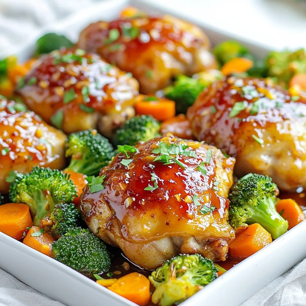 Um ein köstliches Gericht zu zaubern, brauchen Sie folgende Hauptzutaten: - 4 Hähnchenschenkel, entbeint und ohne Haut - 60 ml Honig - 60 ml Sojasauce (niedriger Natriumgehalt empfohlen) - 4 Knoblauchzehen, fein gehackt - 1 Esslöffel frischer Ingwer, gerieben - 1 Esslöffel Olivenöl - 1 Teelöffel schwarzer Pfeffer - 1/2 Teelöffel Salz Diese Zutaten bringen viel Geschmack in Ihr Gericht. Das Hähnchen bleibt saftig, während die Honig-Knoblauch-Sauce süß und herzhaft ist. Zusätzlich verwende ich frisches Gemüse, um das Gericht bunter und gesünder zu machen: - 400 g Brokkoliröschen - 150 g Babykarotten - 1 rote Paprika, in Scheiben geschnitten Diese Zutaten sind nicht nur lecker, sondern auch voll von Vitaminen. Brokkoli bietet viele Nährstoffe, und Karotten sind reich an Beta-Carotin. Für das beste Geschmackserlebnis empfehle ich frische Zutaten: - Verwenden Sie frischen Ingwer statt trockenem Ingwer. - Frischer Knoblauch hat einen stärkeren Geschmack. - Wählen Sie knackiges Gemüse, um die Textur zu verbessern. Frische Zutaten machen einen großen Unterschied. Sie sorgen für mehr Geschmack und ein besseres Aroma in jedem Biss. {{ingredient_image_2}} Heize deinen Ofen auf 200°C vor. Das ist wichtig für gleichmäßiges Garen. Nimm ein großes Backblech und lege es mit Backpapier aus. Das macht die Reinigung viel einfacher. In einer Schüssel vermischst du folgende Zutaten: - 60 ml Honig - 60 ml Sojasauce - 4 fein gehackte Knoblauchzehen - 1 Esslöffel geriebenen Ingwer - 1 Esslöffel Olivenöl - 1 Teelöffel schwarzen Pfeffer - 1/2 Teelöffel Salz Rühre alles gut um. So erhältst du eine leckere Honig-Knoblauch-Sauce. Sie gibt dem Hähnchen und dem Gemüse viel Geschmack. Lege die entbeinten Hähnchenschenkel auf eine Seite des Backblechs. Gieße die Hälfte der Honig-Knoblauch-Mischung darüber. So sind die Hähnchenschenkel gut bedeckt. Auf die andere Seite des Blechs legst du: - 400 g Brokkoliröschen - 150 g Babykarotten - 1 rote Paprika, in Scheiben geschnitten Träufle die restliche Sauce über das Gemüse. Werfe alles um, bis es gleichmäßig bedeckt ist. Jetzt ist dein Blech bereit für den Ofen! Um das Hähnchen perfekt zuzubereiten, achte auf die Temperatur. Du solltest die Hähnchenschenkel gleichmäßig auf dem Blech verteilen. So garen sie schön gleichmäßig. Wenn du das Hähnchen vor dem Backen gut mit der Honig-Knoblauch-Sauce bestreichst, wird es saftiger und aromatischer. Die Marinierzeit ist wichtig für den Geschmack. Wenn du das Hähnchen mindestens 30 Minuten marinierst, wird es zarter. Du kannst es auch über Nacht im Kühlschrank marinieren. So zieht der Geschmack noch besser ein. Wenn du wenig Zeit hast, auch 10 Minuten sind besser als nichts. Grillen ist eine tolle Möglichkeit, Aromen zu intensivieren. In den letzten Minuten des Backens kannst du das Blech kurz grillen. Das gibt dem Hähnchen eine schöne Farbe und eine knackige Oberfläche. Achte darauf, dass du es nicht zu lange grillst, sonst wird es trocken. Pro Tipps Hähnchen marinieren: Lassen Sie die Hähnchenschenkel mindestens 30 Minuten in der Honig-Knoblauch-Mischung marinieren, um den Geschmack zu intensivieren. Gemüsevariationen: Fühlen Sie sich frei, das Gemüse zu variieren! Zucchini oder grüne Bohnen passen ebenfalls hervorragend zu diesem Gericht. Glasur verstärken: Für eine noch intensivere Geschmacksnote, verwenden Sie einen Grillmodus in den letzten Minuten des Backens, um eine köstliche Glasur zu erzielen. Resteverwendung: Verwenden Sie übrig gebliebenes Hähnchen und Gemüse in Salaten oder Wraps für eine schnelle und schmackhafte Mahlzeit am nächsten Tag. {{image_4}} Wenn du das Gemüse variieren möchtest, gibt es viele Optionen. Du kannst Zucchini, Blumenkohl oder grüne Bohnen verwenden. Diese Gemüse geben dem Gericht neue Aromen. Denk daran, die Garzeit anzupassen. Zartes Gemüse braucht weniger Zeit im Ofen. Für einen bunten Mix kannst du auch verschiedene Sorten verwenden. Wenn du andere Hähnchenteile ausprobieren möchtest, sind Hähnchenbrust oder Flügel eine gute Wahl. Hähnchenbrust ist magerer und benötigt weniger Zeit zum Garen. Achte darauf, die Innentemperatur zu überprüfen. Flügel bringen mehr Geschmack und sind perfekt für Partys. Du kannst die Marinade gleich verwenden. Für eine vegane Variante kannst du den Honig durch Agavendicksaft ersetzen. Sojasauce gibt dem Gericht die nötige Würze. Du kannst auch Tofu oder Tempeh nutzen. Diese sind hervorragende proteinreiche Alternativen. Marinier die pflanzlichen Optionen gleich lange, um den vollen Geschmack zu erhalten. Um die Reste von Blechplatte Honig Knoblauch Hähnchen frisch zu halten, lege sie in einen luftdichten Behälter. Du kannst die Reste bis zu vier Tage im Kühlschrank aufbewahren. Achte darauf, das Hähnchen und das Gemüse gut abgedeckt zu lassen. So bleiben sie saftig und schmackhaft. Wenn du mehr Reste hast, kannst du sie einfrieren. Stelle sicher, dass alles gut abgekühlt ist. Teile das Hähnchen und das Gemüse in Portionen auf. Verwende gefriergeeignete Behälter oder Beutel. So bleibt das Gericht bis zu drei Monate frisch. Beschrifte die Beutel oder Behälter mit dem Datum. Um die Reste aufzuwärmen, kannst du den Ofen oder die Mikrowelle nutzen. Im Ofen, erwärme das Gericht bei 180 °C für 15-20 Minuten. Decke es mit Alufolie ab, damit es nicht austrocknet. In der Mikrowelle erhitze die Portionen für 2-3 Minuten. Überprüfe, ob alles gut durchgewärmt ist. So schmeckt dein Hähnchen wieder wie frisch zubereitet. Die Zubereitung dauert insgesamt 40 Minuten. Du benötigst 10 Minuten für die Vorbereitung und etwa 25-30 Minuten zum Backen. In dieser Zeit wird das Hähnchen zart und das Gemüse perfekt gegart. Es ist einfach und schnell, was es ideal für hektische Wochentage macht. Ja, du kannst das Gericht im Voraus zubereiten. Du kannst die Hähnchenteile und das Gemüse marinieren und dann abdecken. Lasse sie für einige Stunden im Kühlschrank. So ziehen die Aromen besser ein. Backe es dann, wenn du bereit bist, es zu servieren. Ja, dieses Rezept kann glutenfrei sein. Verwende einfach glutenfreie Sojasauce. So bleibt das Rezept für alle geeignet, die Gluten meiden. Achte darauf, die anderen Zutaten ebenfalls glutenfrei zu wählen, um sicherzugehen. In diesem Artikel habe ich die Hauptzutaten für Blechplatte Honig Knoblauch Hähnchen erklärt. Ich habe auch die Zubereitung Schritt für Schritt beschrieben. Tipps zur perfekten Zubereitung helfen dir, den besten Geschmack zu erzielen. Denk daran, dass Variationen mit verschiedenen Zutaten neue Aromen hervorbringen. Du kannst Reste gut lagern, einfrieren und aufwärmen. Nutze diese Informationen, um köstliche Gerichte zuzubereiten. So wird jede Mahlzeit zu einem Erfolg. Viel Spaß beim Kochen!