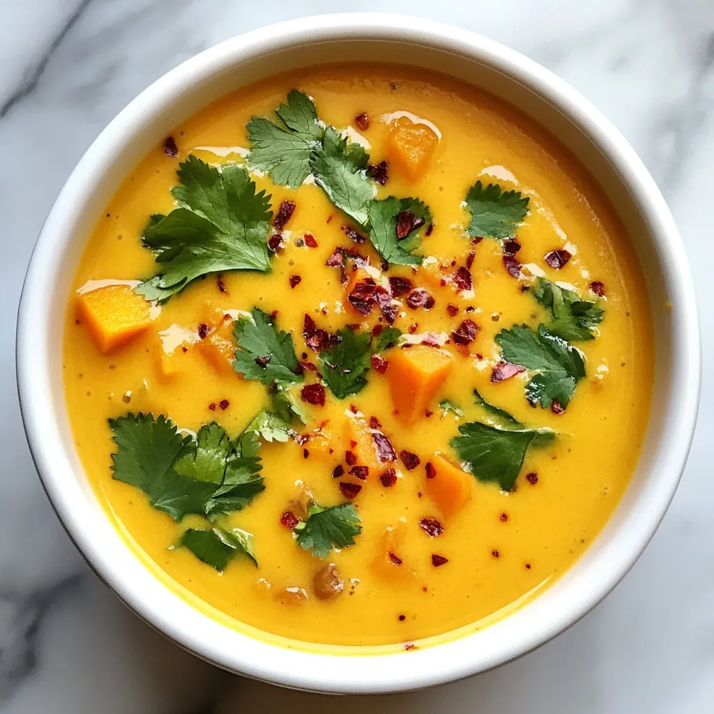 Die Thai Süßkartoffelsuppe ist einfach zuzubereiten. Du brauchst folgende Hauptzutaten: - 2 mittelgroße Süßkartoffeln, geschält und gewürfelt - 1 Dose (400 ml) Kokosmilch - 1 Esslöffel rote Currypaste - 1 Zwiebel, gehackt - 2 Knoblauchzehen, fein gehackt - 1 Stück Ingwer (ca. 2,5 cm), gerieben - 1 Liter Gemüsebrühe - 1 Esslöffel Limettensaft - 2 Esslöffel Olivenöl - Salz und Pfeffer nach Geschmack Diese Zutaten geben der Suppe ihren tollen Geschmack und ihre cremige Textur. Die Gewürze sind wichtig für den Geschmack. Die rote Currypaste bringt Wärme und Tiefe. Ingwer und Knoblauch fügen Frische und Würze hinzu. Diese Aromen lassen die Suppe lebendig wirken. Salz und Pfeffer runden alles ab. Der Limettensaft sorgt für eine schöne Säure, die die Süße der Süßkartoffeln ausgleicht. Frische Kräuter machen die Suppe noch besser. Ich empfehle frischen Koriander zur Garnierung. Koriander hat einen hellen, frischen Geschmack. Du kannst auch frische Minze oder Basilikum verwenden, wenn du magst. Diese Kräuter verleihen der Suppe Farbe und zusätzlichen Geschmack. Sie machen dein Gericht noch schöner und einladender. {{ingredient_image_2}} Beginne mit einem großen Topf. Erhitze das Olivenöl bei mittlerer Hitze. Gib die gehackte Zwiebel hinein. Brate sie etwa fünf Minuten, bis sie glasig wird. Dann füge den gehackten Knoblauch und den geriebenen Ingwer hinzu. Brate alles zwei Minuten an, bis es gut duftet. Jetzt ist es Zeit für die rote Currypaste. Rühre sie ein und lasse sie eine Minute anbraten. Füge die gewürfelten Süßkartoffeln und die Gemüsebrühe dazu. Bringe die Mischung zum Kochen. Reduziere die Hitze und lasse die Suppe 15 bis 20 Minuten köcheln. Die Süßkartoffeln sollen weich werden. Dies ist der perfekte Zeitpunkt, um die Aromen zu verbinden. Nehme den Topf vom Herd. Jetzt püriere die Suppe vorsichtig mit einem Stabmixer. Du kannst auch einen Standmixer verwenden. Sei dabei vorsichtig mit der heißen Flüssigkeit. Ziel ist eine glatte Konsistenz. Gib die pürierte Suppe zurück in den Topf. Füge die Kokosmilch hinzu. Erwärme die Suppe sanft bei niedriger Hitze. Rühre den Limettensaft ein und schmecke mit Salz und Pfeffer ab. Serviere die Suppe heiß. Garniere sie mit frischem Koriander. Eine Prise roter Chiliflocken gibt einen tollen Extra-Kick. Du kannst auch geröstete Nüsse oder Samen hinzufügen, um mehr Crunch zu bekommen. Diese Suppe ist perfekt für kalte Tage oder als leichtes Abendessen. Um die Süßkartoffeln perfekt zu kochen, schneide sie gleichmäßig. So garen sie gleichmäßig. Wenn du die Würfel klein machst, brauchst du weniger Zeit zum Kochen. Koche die Süßkartoffeln mit der Brühe. Das gibt der Suppe mehr Geschmack. Achte darauf, dass die Brühe gut gewürzt ist. So wird das Aroma stärker. Möchtest du mehr Schärfe? Füge mehr rote Currypaste hinzu. Beginne mit einem kleinen Löffel. Rühre gut um und probiere. Du kannst auch frische Chilis verwenden. Diese kannst du am Ende in die Suppe geben. Das gibt einen frischen Kick. Wenn du die Schärfe abmildern willst, füge mehr Kokosmilch hinzu. Das macht die Suppe cremig und mild. Um den Geschmack zu verfeinern, nutze frische Kräuter. Koriander passt besonders gut. Du kannst auch Basilikum oder Minze verwenden. Limettensaft bringt Frische in die Suppe. Ein Spritzer vor dem Servieren macht einen großen Unterschied. Experimentiere mit zusätzlichen Gewürzen. Zum Beispiel kann etwas Kreuzkümmel die Aromen vertiefen. Pro Tipps Wählen Sie die richtigen Süßkartoffeln: Achten Sie darauf, feste und glatte Süßkartoffeln zu wählen, um die beste Textur und den besten Geschmack zu erzielen. Perfekte Konsistenz: Für eine besonders cremige Suppe können Sie die Kokosmilch auch durch eine Mischung aus Kokosnusscreme und Wasser ersetzen. Variationen hinzufügen: Experimentieren Sie mit zusätzlichen Zutaten wie Karotten oder roten Paprika, um den Geschmack zu variieren und die Suppe noch nahrhafter zu machen. Garnierung: Frischer Koriander und Limettensaft bringen nicht nur Farbe, sondern auch frische Aromen, die wunderbar mit der Süßkartoffelsuppe harmonieren. {{image_4}} Die Thai Süßkartoffelsuppe ist schon fast vegan. Du kannst die Kokosmilch nutzen, um sie cremig zu machen. Verwende einfach die angegebenen Zutaten. Achte darauf, dass die rote Currypaste vegan ist. Manche Marken verwenden Fischsauce. Vegane Brühe ist auch eine gute Wahl. Um die Suppe noch gesünder zu machen, füge Gemüse hinzu. Karotten und Spinat passen gut. Sie bringen mehr Vitamine und Farbe. Du kannst auch Linsen oder Kichererbsen für mehr Protein hinzufügen. Diese Zutaten machen die Suppe nahrhafter und sättigender. Die Suppe ist von Natur aus glutenfrei. Achte darauf, dass die Gemüsebrühe und die Currypaste keine Glutenbestandteile enthalten. Du kannst auch Reis als Beilage servieren. Das gibt einen tollen Biss und macht die Suppe noch besser. Um die Thai Süßkartoffelsuppe frisch zu halten, stelle sie in einen luftdichten Behälter. Lass die Suppe zuerst abkühlen, bevor du sie in den Kühlschrank stellst. Sie bleibt 3 bis 5 Tage frisch. Achte darauf, sie gut zu verschließen, damit sie keinen Geruch aufnimmt. Wenn du die Suppe länger aufbewahren möchtest, kannst du sie einfrieren. Fülle die abgekühlte Suppe in einen gefrierfesten Behälter oder in Gefrierbeutel. Lass genug Platz, da die Suppe beim Gefrieren expandiert. So bleibt die Suppe bis zu 3 Monate haltbar. Um die Suppe aufzuwärmen, benutze am besten einen Topf. Erhitze sie bei mittlerer Hitze und rühre ständig um, damit sie gleichmäßig warm wird. Du kannst auch die Mikrowelle nutzen. Stelle die Suppe in eine mikrowellengeeignete Schüssel und erwärme sie in kurzen Abständen, dabei umrühren. Achte darauf, dass die Suppe gut durchwärmt ist, bevor du sie servierst. Wenn du die Suppe schärfer machen möchtest, füge einfach mehr rote Currypaste hinzu. Beginne mit einem Teelöffel mehr und teste den Geschmack. Du kannst auch frische Chilis oder eine Prise Cayennepfeffer hinzufügen. Diese Zutaten bringen einen echten Kick. Achte darauf, die Schärfe langsam zu steigern, um den Geschmack nicht zu überdecken. Die besten Beilagen zu dieser Suppe sind knuspriges Brot oder Reis. Ein frischer Salat ergänzt die Aromen gut. Du kannst auch gegrilltes Gemüse oder Tofu dazu servieren. Diese Beilagen bringen mehr Textur und Abwechslung auf den Teller. Ja, du kannst andere Gemüsesorten verwenden. Karotten, Kürbis oder Zucchini passen gut. Diese Gemüsesorten bringen unterschiedliche Geschmäcker und Nährstoffe. Sei kreativ und probiere, was dir gefällt! Die Thai Süßkartoffelsuppe ist einfach zuzubereiten und voller Geschmack. Wir haben die Hauptzutaten, Gewürze und frische Kräuter betrachtet. Die Schritt-für-Schritt-Anleitung hilft dir, die perfekte Basis zu machen und die Suppe zu pürieren. Tipps zu Kochtechniken und Anpassungen der Schärfe machen das Rezept flexibel. Du kannst sogar vegane Optionen und zusätzliche Nährstoffe hinzufügen. Achte auf die Lagerung, damit die Suppe frisch bleibt. Mit diesen Informationen bist du bestens gerüstet, um diese köstliche Suppe zu genießen!