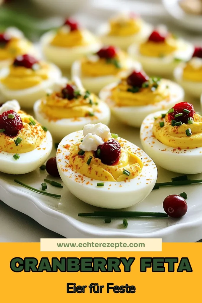Entdecken Sie das köstliche Rezept für Cranberry gefüllte Eier, das die perfekten Feta-Käse Snacks für Ihre nächste Feier bietet! Diese einfachen Eierhäppchen sind nicht nur gesund, sondern auch eine bunte Bereicherung für Ihre Partie Snacks. Verwöhnen Sie Ihre Gäste mit diesem einzigartigen Deviled Eggs Rezept, das sich in nur 15 Minuten zubereiten lässt. Probieren Sie es jetzt aus und lassen Sie sich begeistern! #CranberryGefüllteEier #DeviledEggs #FetaSnacks #GesundeSnacks