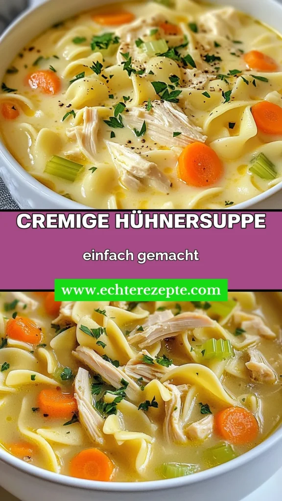 Entdecke das Rezept für cremige Hühnersuppe, das perfekt für kalte Tage ist! Diese köstliche Hühnersuppe mit Nudeln kombiniert zartes Hähnchen, frisches Gemüse und verführerische Gewürze zu einer einfachen Hühnersuppe. In nur 30 Minuten zubereitet, ist sie ideal für die ganze Familie. Probiere es aus und genieße ein herzhaftes Gericht! Speichere das Rezept für deine nächste Mahlzeit. #cremigeHühnersuppe #HühnersuppemitNudeln #einfachHühnersuppe #RezeptfürHühnersuppe