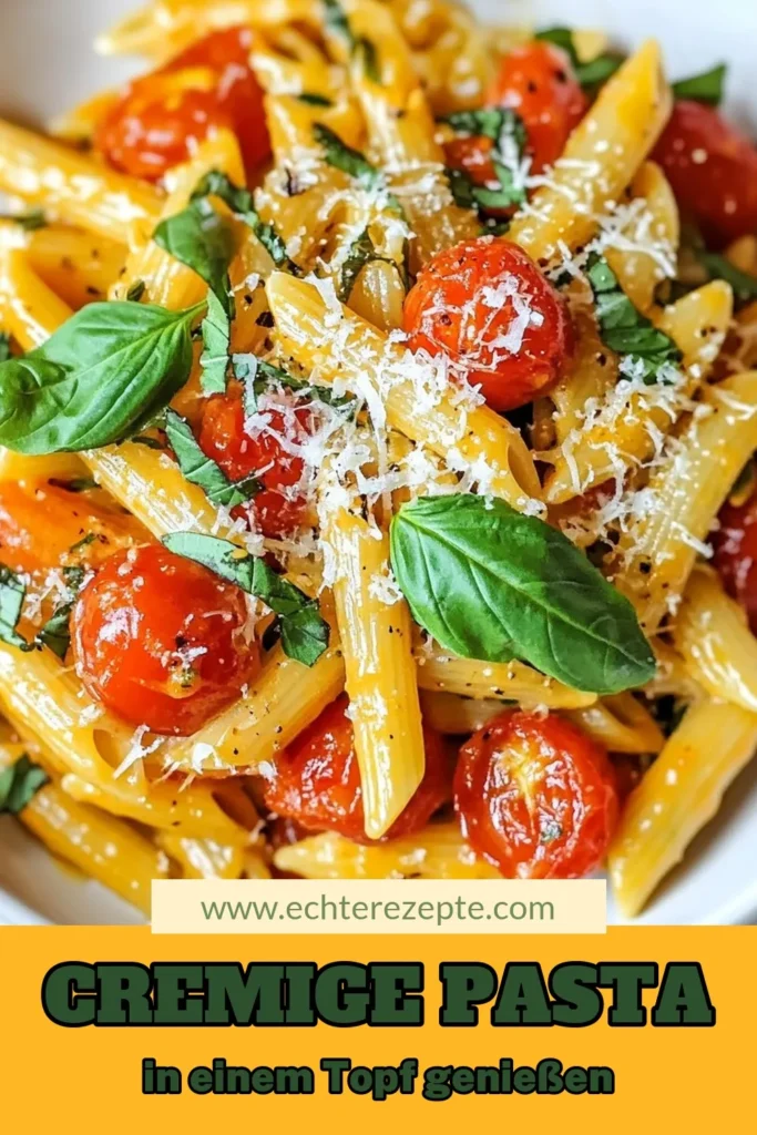 Entdecke unser einfaches One-Pot Pasta Rezept für cremige Tomaten-Basilikum Pasta! Dieses schnelle italienische Rezept vereint köstliche Penne mit Kirschtomaten und frischem Basilikum in nur 25 Minuten. Ideal für stressfreie Abendessen! Probiere es aus, um ein einfaches Pasta Gericht zu zaubern, das deine Familie lieben wird. Speichere das Rezept und genieße italienischen Genuss zu Hause! #OnePotPasta #CremigePasta #EinfacheRezepte #ItalienischeKüche