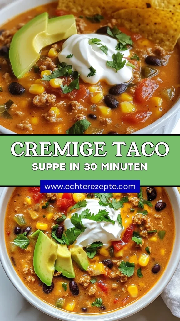Entdecke das Rezept für cremige Taco Suppe, das die perfekte Mischung aus Geschmack und Einfachheit bietet! Mit Putenfleisch, leckeren Bohnen und schmelzendem Käse ist diese einfache Taco Suppe ideal für jeden Anlass. Lass dich von der mexikanischen Suppe mit Käse begeistern und genieße sie mit deinen Lieblings-Toppings. Probiere dieses Taco Suppe Rezept und kreiere ein echtes Geschmackserlebnis! #cremigeTacoSuppe #TacoSuppeRezept #einfacheTacoSuppe #PutenfleischTacoSuppe