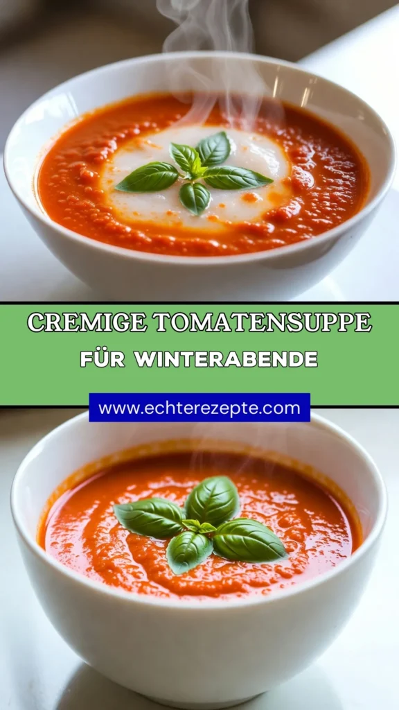 Entdecken Sie diese köstliche cremige Tomatensuppe, die perfekt für kalte Wintertage geeignet ist! Dieses einfache Rezept für vegane Tomatensuppe vereint frische Zutaten und hausgemachte Gemüsesuppe für ein gesundes, wärmendes Gericht. Ideal für alle, die Winterrezepte lieben. Lassen Sie sich von der Aromenvielfalt begeistern und genießen Sie die Suppe mit knusprigem Brot. Teilen und speichern Sie dieses Rezept für später! #cremigeTomatensuppe #Winterrezepte #einfacheSuppenrezepte #veganeTomatensuppe