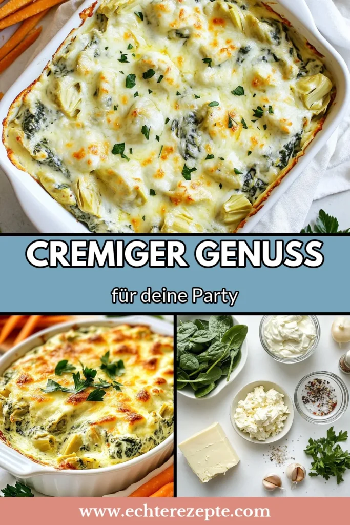 Entdecken Sie unser Rezept für einen cremigen Spinat-Artischocken-Dip, der perfekt für Ihre nächste Party ist! Dieser Spinat-Dip Rezept ist einfach zuzubereiten und bringt jeden zum Staunen. Genießen Sie unseren Artischocken-Dip mit Käse, der warm serviert wird und ideal zu Tortilla-Chips oder Baguette passt. Probieren Sie es aus und lassen Sie sich verführen! Speichern Sie dieses Rezept für Ihre nächste Feier! #CremigerSpinatArtischockenDip #SpinatDipRezept #ArtischockenDipMitKäse #EinfacheDipFürPartys