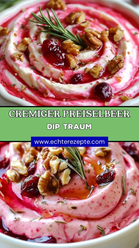 Entdecken Sie unser köstliches Cranberry Frischkäse Dip Rezept! Dieser einfache Dip mit Preiselbeeren und aromatischem Rosmarin ist ein perfekter gesunder Snack für jede Gelegenheit. Genießen Sie die cremige Konsistenz aus Frischkäse und griechischem Joghurt, abgerundet mit Honig und Zitronensaft. Ideal zum Dippen mit Baguette oder Gemüse! Probieren Sie es aus und teilen Sie Ihre Meinung! #CranberryDip #RosmarinDip #GesundeSnacks #FrischkäseIdeen