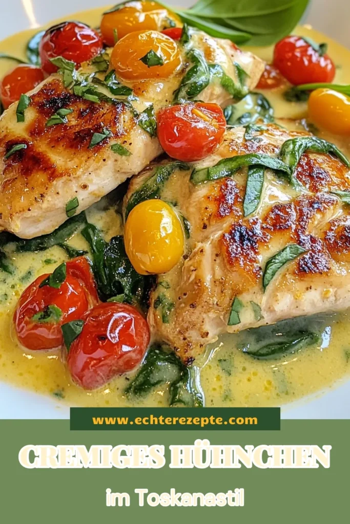 Genießen Sie dieses cremige toskanische Hühnchen, das in nur 30 Minuten zubereitet ist! Dieses einfache Hühnchen Rezept vereint die Aromen der toskanischen Küche mit frischen Zutaten wie Kirschtomaten und Spinat. Perfekt für schnelle Hühnchenrezepte, die nicht nur lecker, sondern auch einfach zuzubereiten sind. Lassen Sie sich von diesem italienischen Hühnchengericht inspirieren und speichern Sie das Rezept für Ihr nächstes Dinner! #cremigestooskitchens Hühnchen #einfacheshühnchenrezept #italienischeküche #schnellehühnchenrezepte