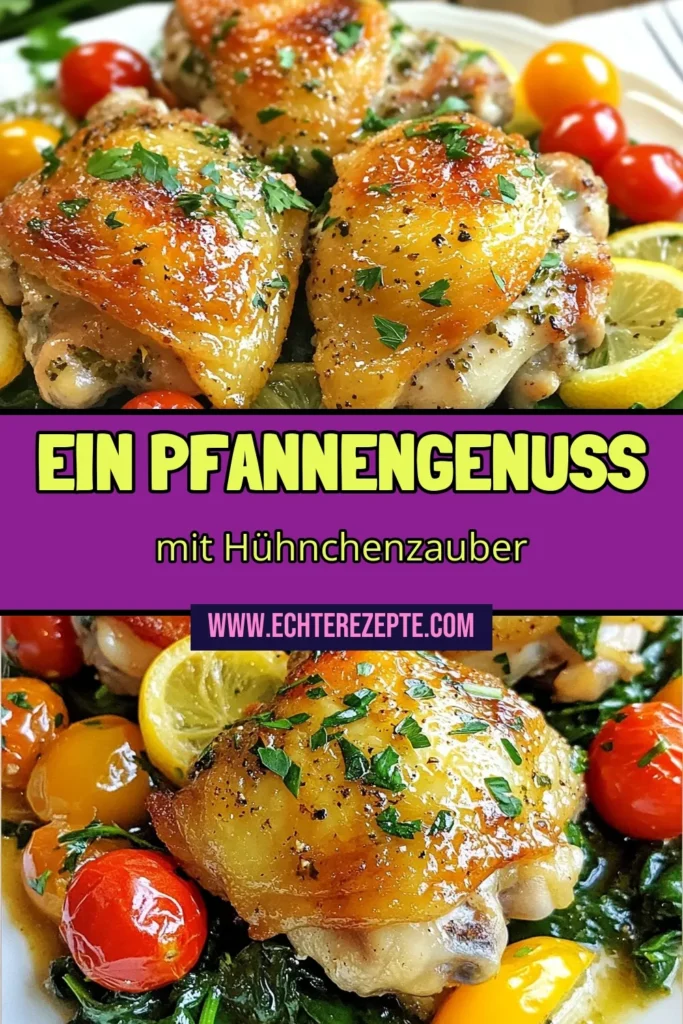 Entdecken Sie unser einfaches One-Pan Hühnchen Rezept mit Zitronenkräuter Hühnchenschenkel! Diese marinierten Hühnchenschenkel werden mit saftigen Kirschtomaten und frischem Spinat im Ofen zubereitet. Perfekt für eine schnelle Wochemahlzeit. Verwöhnen Sie Ihre Familie mit dieser köstlichen, unkomplizierten Speise. Jetzt ausprobieren und die Aromen genießen! #OnePanHühnchen #ZitronenkräuterHühnchenschenkel #einfacheHühnchenRezepte #OfenHühnchenMitTomaten