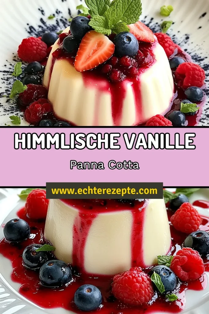 Entdecken Sie unser köstliches Panna Cotta mit Vanille Rezept! Diese einfache Panna Cotta ist ein absoluter Vanille Traum und verwandelt jede Gelegenheit in ein festliches Dessert mit Beeren. Genießen Sie die zarte Textur der selbstgemachten Panna Cotta, garniert mit einer fruchtigen Beerenkompote. Perfekt für jeden Anlass! Speichern Sie dieses Rezept und bereiten Sie sich auf ein Geschmackserlebnis vor! #PannaCotta #VanilleTraumRezept #DessertMitBeeren #EinfachePannaCotta