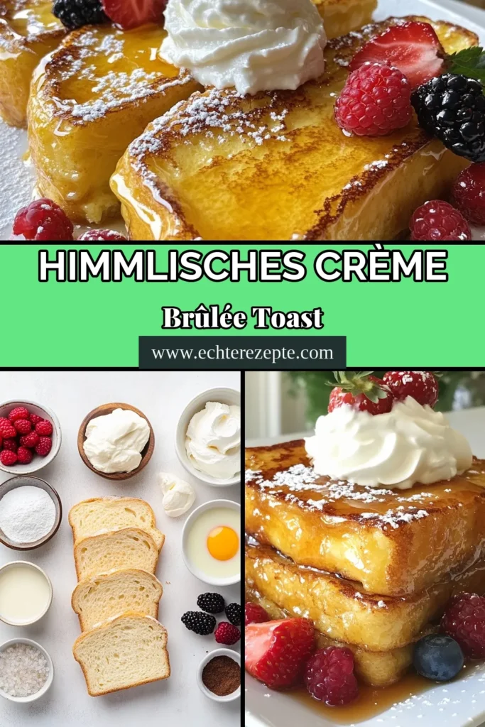Entdecke das unwiderstehliche Crème Brûlée French Toast! Dieses Brioche French Toast Rezept ist eine verführerische Kombination aus zartem Brioche und süßer Karamellschicht. Ideal für ein einfaches French Toast Frühstück oder als Frühstücksauflauf mit Brioche. Bereite dir ein köstliches süßes Frühstück Rezept zu, das deine Familie begeistern wird. Jetzt ausprobieren und speichern! #CrèmeBrûléeFrenchToast #BriocheFrenchToast #Frühstücksauflauf #süßesFrühstück
