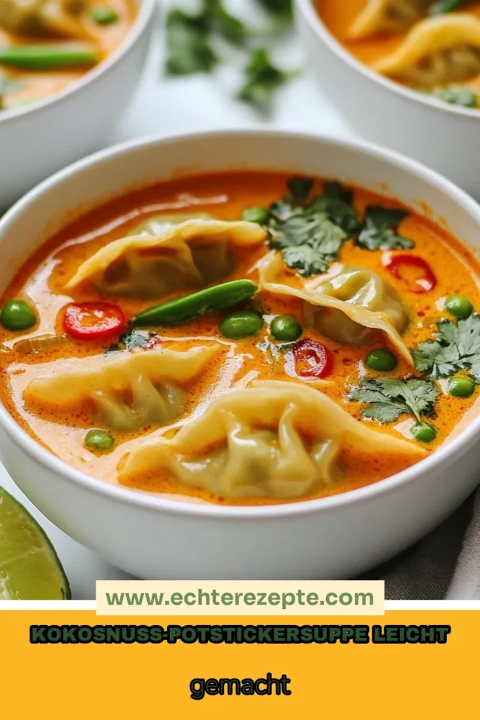 Entdecken Sie die köstliche Thailändische Kokosnuss-Suppe, die perfekt mit gefrorenen Gemüse-Potstickers harmoniert. Dieses einfache Potstickers Suppe Rezept kombiniert cremige Kokosmilch und aromatische rote Currypaste für ein unvergessliches Erlebnis. Ideal für eine schnelle Abendmahlzeit! Bereiten Sie dieses wunderbare Gericht in nur 30 Minuten zu und genießen Sie die Aromen Thailands. Speichern Sie das Rezept für später! #ThailändischeKokosnussSuppe #PotstickersSuppeRezept #GemüsePotstickers #KokosmilchSuppe
