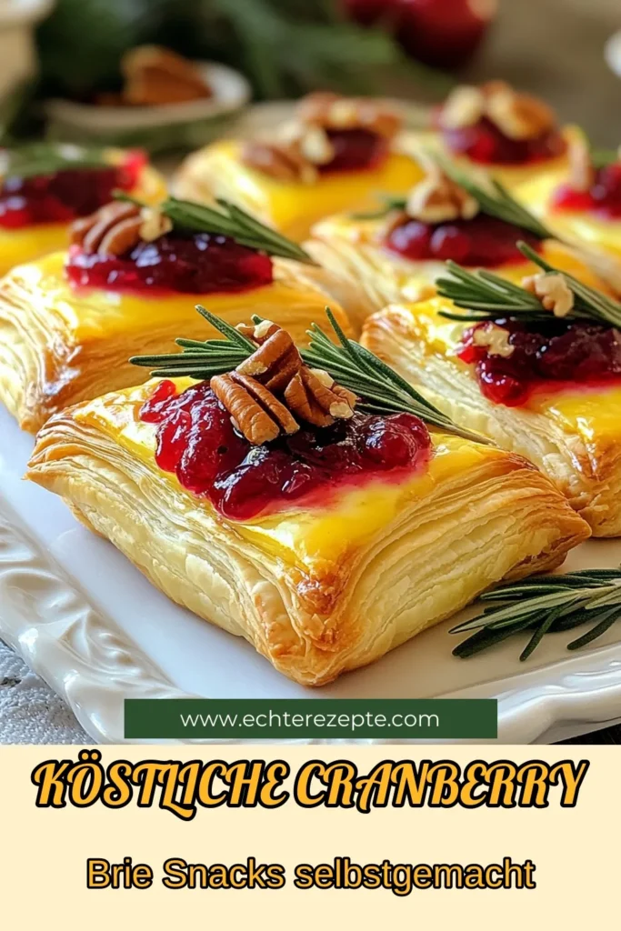 Entdecken Sie die perfekten festlichen Appetizer Rezepte mit diesen köstlichen Cranberry Brie Häppchen! Diese einfachen Fingerfood Ideen sind aus Blätterteig und in nur 15 Minuten zubereitet. Ideal für Weihnachtsfeiern und beeindruckende Gäste! Servieren Sie diese goldbraunen Häppchen warm und genießen Sie die Mischung aus cremigem Brie und fruchtiger Preiselbeersauce. Speichern Sie das Rezept und verwöhnen Sie Ihre Familie! #CranberryBrieHäppchen #BlätterteigRezepte #EinfacheFingerfoodIdeen #WeihnachtsHäppchen