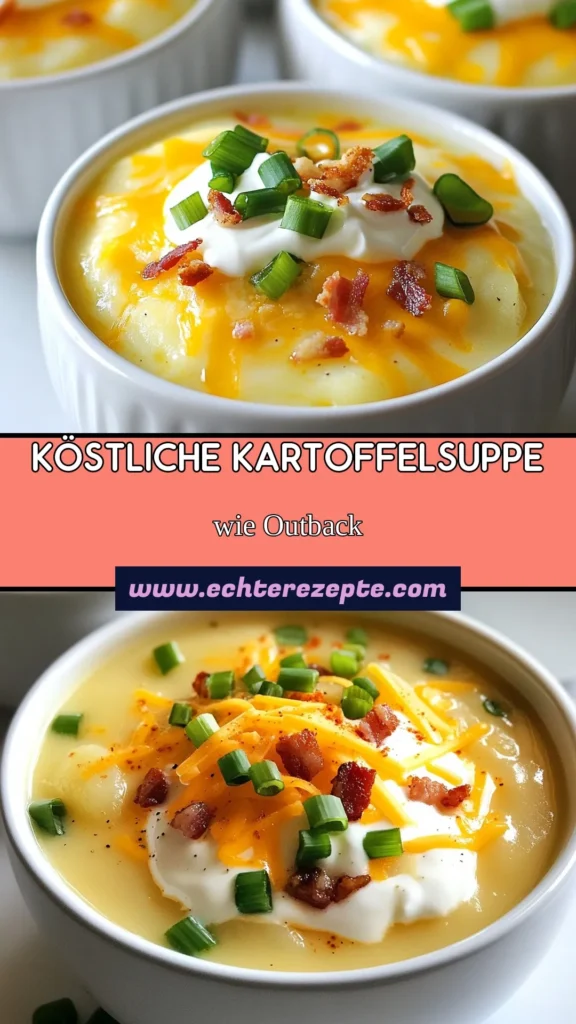 Entdecken Sie unser köstliches Outback Kartoffelsuppe Rezept! Diese geladene Kartoffelsuppe ist die perfekte Mischung aus cremiger Kartoffelsuppe und herzhaftem Cheddar. Ideal für gemütliche Abende, lässt sich diese vegetarische Kartoffelsuppe auch einfach anpassen. Überraschen Sie Ihre Familie mit einer schmackhaften Kartoffelsuppe mit Cheddar, die alle lieben werden. Jetzt ausprobieren und genießen! #Kartoffelsuppe #CremigeSuppe #Rezeptideen #LeckeresEssen