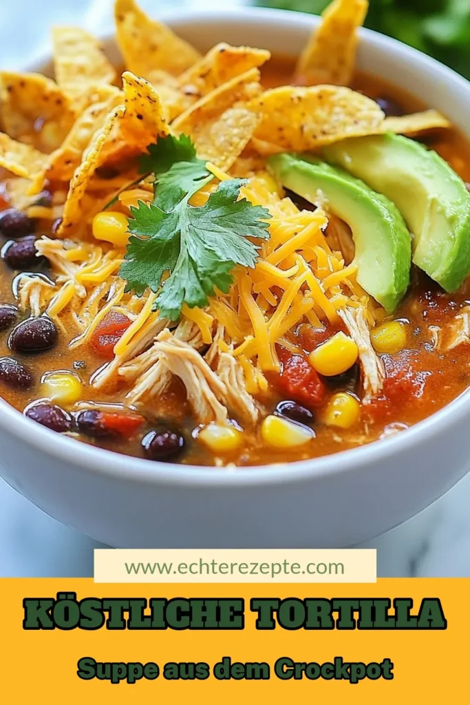 Entdecke das köstliche Rezept für Crockpot Hähnchen Tortilla Suppe! Diese einfache Hähnchensuppe Rezept ist perfekt für gesunde, mexikanische Suppe im Slow Cooker. Mit zarten Hähnchenbrustfilets, Bohnen und frischem Gemüse wirst du Liebhaber von Suppen begeistern. Probiere es heute aus und genieße ein wärmendes Gericht! Speichere das Rezept für Hähnchen Tortilla Suppe jetzt! #CrockpotSuppe #MexikanischeKüche #GesundeRezepte #Hähnchengerichte