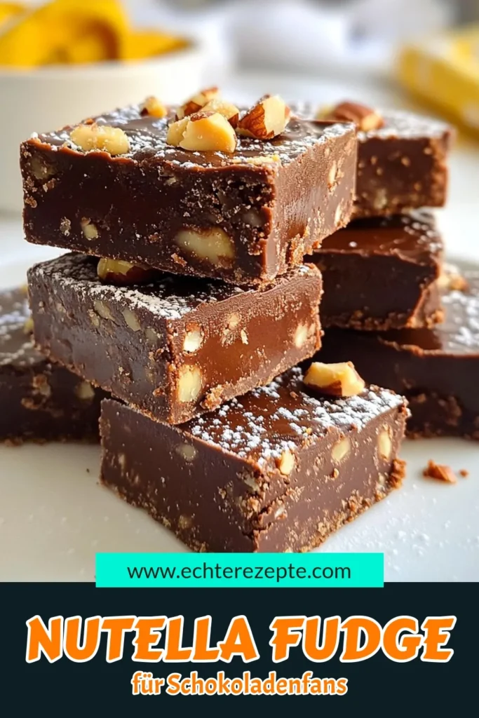 Entdecken Sie das köstliche Nutella Fudge Rezept! Dieser einfache Fudge mit Schokolade ist perfekt für Schokoladenliebhaber. Mit nur wenigen Zutaten wie Nutella, gesüßter Kondensmilch und optionalen Haselnüssen können Sie ganz einfach Fudge selber machen. Verleihen Sie Ihren Nutella Desserts einen besonderes Leckerbissen. Probieren Sie es aus und genießen Sie diese süße Versuchung! Speichern Sie das Rezept! #NutellaFudge #FudgeMitSchokolade #EinfacheFudge #NutellaDesserts