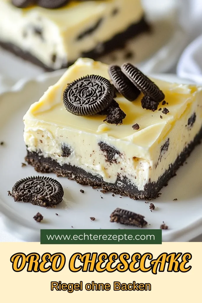 Entdecke das einfache Rezept für köstliche Oreo Käsekuchen Riegel! Diese No-Bake Oreo Dessert sind perfekt für heiße Tage und lassen sich schnell im Kühlschrank zubereiten. Mit unserem einfachen Käsekuchen Rezept zauberst du 16 himmlische Riegel, die mit Oreo Keksen verfeinert sind. Probiere es aus und genieße jeden Bissen! Speichere dir das Rezept für später! #OreoKäsekuchenRiegel #NoBakeDessert #KühlschrankKäsekuchen #OreoKekseRezept