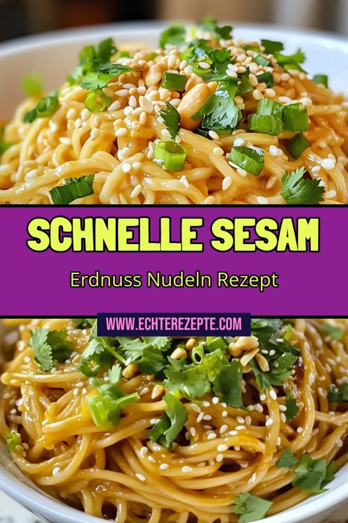 Entdecke das einfache Rezept für köstliche Sesam-Erdnuss-Nudeln! In nur 20 Minuten zauberst du schnelle Erdnussnudeln mit einer cremigen Erdnussbutter Sauce, die perfekt für jede Gelegenheit sind. Dieses asiatische Nudeln Rezept ist nicht nur lecker, sondern auch glutenfrei! Probiere es aus und überrasche deine Freunde und Familie. Speichere dieses Rezept für später! #Erdnussnudeln #Glutenfrei #NudelnRezept #AsiatischeKüche
