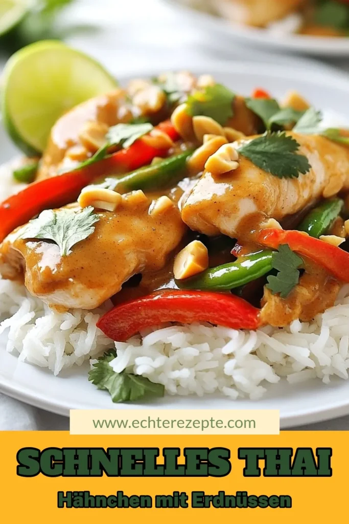 Entdecke das leckere Thai Erdnuss-Hähnchen, eine wunderbare Kombination aus zartem Hähnchen und knackigem Gemüse, perfekt für schnelle Abendessen! Dieses einfache Wok-Rezept bringt die Aromen der asiatischen Küche in deine Küche. Mit cremiger Erdnussbutter und frischen Zutaten gelingt dir ein köstliches Gericht in nur 30 Minuten. Probiere es aus und verpasse nicht unsere weiteren Erdnussbutter Rezepte! #ThaiErdnussHähnchen #WokRezepte #asiatischeKüche #ErdnussbutterRezepte