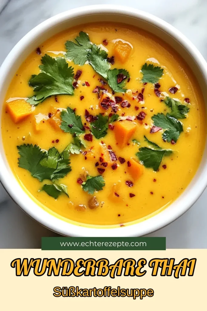 Entdecken Sie dieses köstliche Rezept für Thai Süßkartoffelsuppe, das einfach und vegan ist! Mit Kokosmilch und roter Currypaste wird diese Suppe zu einem wärmenden Genuss. Perfekt für kalte Tage, ist diese Thai Süßkartoffelsuppe schnell zubereitet und voller Geschmack. Verwöhnen Sie sich mit diesem einfachen Thai Rezept und bringen Sie einen Hauch Asien in Ihre Küche. Jetzt ausprobieren! #Süßkartoffelsuppe #KokosmilchRezept #veganeSüßkartoffelsuppe #ThaiRezeptEinfach