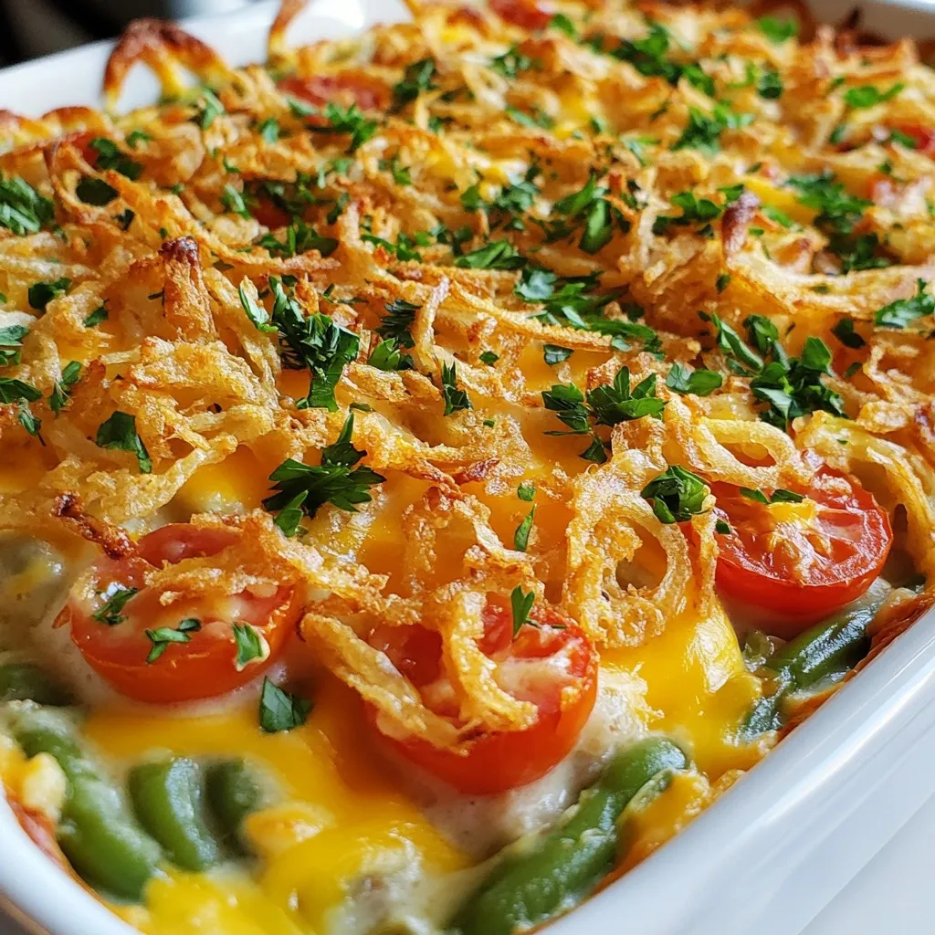 Für diesen köstlichen Auflauf braucht man: - 4 Tassen frische grüne Bohnen, geputzt und in 5 cm lange Stücke geschnitten - 1 Tasse Kirschtomaten, halbiert - 1 mittelgroße gelbe Zwiebel, gewürfelt - 2 Knoblauchzehen, gehackt - 1 Tasse Schlagsahne - 1 Tasse Gemüsebrühe - 1 Tasse scharfer Cheddar, gerieben Diese Zutaten bilden die Basis für den Auflauf. Die grünen Bohnen sorgen für einen knackigen Biss. Die Kirschtomaten geben Frische und Farbe. Zwiebeln und Knoblauch bringen viel Geschmack. Die Schlagsahne und Brühe machen alles schön cremig. Die Gewürze und Zusatzstoffe sind wichtig für das Aroma: - 1 Esslöffel Olivenöl - 1 Teelöffel Knoblauchpulver - 1 Teelöffel Zwiebelpulver - Salz und Pfeffer nach Geschmack - ¼ Teelöffel Cayennepfeffer (optional) Olivenöl brät die Zwiebeln und den Knoblauch schön an. Das Knoblauchpulver und Zwiebelpulver verstärken die Aromen. Salz und Pfeffer sind ein Muss, um alles abzurunden. Der Cayennepfeffer gibt einen kleinen Kick, wenn man es schärfer mag. Die richtige Textur macht den Auflauf besonders lecker: - 1 Tasse knusprige Röstzwiebeln Die Röstzwiebeln kommen oben drauf. Sie sorgen für einen knusprigen Abschluss. Diese Kombination aus cremig und knusprig macht jeden Bissen unwiderstehlich. {{ingredient_image_2}} Heize deinen Ofen auf 175 °C vor. Nimm einen großen Topf und fülle ihn mit gesalzenem Wasser. Bring das Wasser zum Kochen. Jetzt fügst du die frischen, geputzten grünen Bohnen hinzu. Blanchiere sie für 3 bis 4 Minuten. Die Bohnen sollten leuchtend grün sein. Danach gieße die Bohnen ab und lege sie sofort in eine Schüssel mit Eiswasser. Das stoppt den Garprozess. Nach dem Abkühlen gieße die Bohnen erneut ab und stelle sie beiseite. Erhitze einen Esslöffel Olivenöl in einer großen Pfanne bei mittlerer Hitze. Gib die gewürfelte Zwiebel und den gehackten Knoblauch in die Pfanne. Brate sie an, bis die Zwiebel durchsichtig ist. Das dauert etwa 5 Minuten. In einer großen Schüssel verrührst du nun die Schlagsahne, Gemüsebrühe, Knoblauchpulver, Zwiebelpulver, Salz, Pfeffer und optional Cayennepfeffer. Füge die angebratenen Zwiebeln und den Knoblauch hinzu. Rühre dann die blanchierten Bohnen und Kirschtomaten unter. Nimm eine gefettete Auflaufform (23x33 cm) und gib die Hälfte der grünen Bohnen-Mischung hinein. Streue die Hälfte des geriebenen Käses darüber. Jetzt kommt die restliche grüne Bohnen-Mischung darauf. Decke alles mit dem restlichen Käse ab. Verteile die knusprigen Röstzwiebeln gleichmäßig oben drauf. Decke die Auflaufform mit Aluminiumfolie ab und backe sie 25 Minuten. Entferne die Folie und backe weitere 15 Minuten, bis die Oberseite goldbraun und sprudelnd ist. Lass den Auflauf 5 Minuten abkühlen, bevor du ihn servierst. Um den Geschmack des Auflaufs zu verbessern, benutze frische Zutaten. Das macht einen großen Unterschied. Ich empfehle, die grünen Bohnen gut zu blanchieren. Dadurch bleiben sie knackig und leuchtend. Füge auch etwas Cayennepfeffer hinzu, wenn du es würziger magst. Das gibt dem Auflauf einen kleinen Kick. Die Kombination aus Zwiebeln und Knoblauch ist ebenfalls wichtig. Diese Zutaten geben viel Aroma. Brate sie in Olivenöl, bis sie weich sind. Das bringt die Aromen richtig zur Geltung. Die Konsistenz des Auflaufs ist entscheidend. Zu viel Flüssigkeit macht ihn matschig. Achte darauf, die grünen Bohnen nicht zu lange zu blanchieren. Drei bis vier Minuten sind genug. Wenn du die Mischung aus Schlagsahne und Gemüsebrühe machst, vermische sie gut. So wird der Auflauf schön cremig. Wenn du mehr Käse magst, kannst du auch extra Käse hinzufügen. Das macht den Auflauf noch leckerer. Ein häufiger Fehler ist, die Bohnen nicht zu blanchieren. Ohne das Blanchieren werden sie zu weich. Auch das Überbacken ist ein Risiko. Überwache den Auflauf im Ofen. Die Oberseite sollte goldbraun sein, aber nicht verbrennen. Wenn du Röstzwiebeln verwendest, füge sie erst am Ende hinzu. So bleiben sie knusprig. Vermeide es, den Auflauf direkt nach dem Backen zu schneiden. Lass ihn fünf Minuten ruhen. Das hilft, die Formen zu halten. Pro Tipps Bohnen richtig blanchieren: Achten Sie darauf, die Bohnen nicht zu lange zu blanchieren, damit sie ihre schöne grüne Farbe und ihren knackigen Biss behalten. Käsevariationen: Experimentieren Sie mit verschiedenen Käsesorten wie Gouda oder Mozzarella, um neue Geschmacksrichtungen zu entdecken. Röstzwiebeln knusprig halten: Fügen Sie die Röstzwiebeln erst in den letzten 10 Minuten des Backens hinzu, damit sie knusprig bleiben und nicht verbrennen. Perfekte Abkühlzeit: Lassen Sie den Auflauf nach dem Backen einige Minuten ruhen, damit er sich setzen kann und die Aromen sich entfalten. {{image_4}} Für eine vegetarische Version ersetzen Sie die Schlagsahne durch Kokosmilch. Das gibt einen tollen Geschmack. Veganer können auch den Käse durch einen pflanzlichen Käse ersetzen. So bleibt der Auflauf lecker und passt zu jedem. Möchten Sie Ihren Auflauf aufpeppen? Fügen Sie frische Kräuter wie Thymian oder Rosmarin hinzu. Auch gebratene Pilze können eine schöne Note bringen. Kirschtomaten geben eine süße Frische. Experimentieren Sie ruhig! In einigen Regionen wird der Auflauf mit anderen Gemüsesorten zubereitet. Zum Beispiel können Sie Brokkoli oder Blumenkohl hinzufügen. Diese Variationen bringen neue Texturen und Geschmäcker. Auch der Käse kann variieren. Probieren Sie Gouda oder Mozzarella für einen neuen Twist. Um die Reste frisch zu halten, bewahre sie in einem luftdichten Behälter auf. Stelle sicher, dass der Auflauf gut abgekühlt ist, bevor du ihn in den Kühlschrank legst. So bleibt der Geschmack erhalten. Du kannst die Reste auch in Portionen aufteilen. Das macht das Aufwärmen einfacher. Beim Aufwärmen solltest du den Ofen verwenden. Heize ihn auf 175 °C vor. Lege den Auflauf in eine Auflaufform. Du kannst etwas Sahne oder Brühe hinzufügen, um die Feuchtigkeit zu erhöhen. Decke die Form mit Aluminiumfolie ab, damit der Auflauf nicht austrocknet. Backe ihn etwa 20 Minuten lang, bis er heiß ist. Im Kühlschrank bleibt der Auflauf bis zu fünf Tage frisch. Wenn du ihn länger aufbewahren möchtest, kannst du ihn einfrieren. In einem geeigneten Behälter hält er sich bis zu drei Monate. Achte darauf, den Auflauf gut einzupacken, um Gefrierbrand zu vermeiden. Die gesamte Zubereitung dauert etwa eine Stunde. Zuerst brauchen Sie 20 Minuten für die Vorbereitung. Dann backt der Auflauf 40 Minuten im Ofen. Das bedeutet, dass Sie in einer Stunde ein köstliches Gericht auf dem Tisch haben. Ja, gefrorene grüne Bohnen gehen auch. Sie müssen sie jedoch nicht blanchieren. Einfach direkt in die Mischung geben. Achten Sie darauf, die Bohnen gut abzutropfen. So bleibt der Auflauf nicht wässrig. Dieser Auflauf schmeckt toll mit vielen Beilagen. Hier sind einige Ideen: - Ein frischer grüner Salat - Gebratene Kartoffeln - Reis oder Quinoa - Gegrilltes Hähnchen oder Fisch Diese Beilagen ergänzen den Auflauf perfekt und machen das Essen noch bunter. Dieser Auflauf ist einfach und lecker. Wir haben die besten Zutaten besprochen und wertvolle Tipps gegeben. Von der perfekten Textur bis zu variablen Rezepten ist alles dabei. Denk daran, die häufigsten Fehler zu meiden. Lagerungshinweise helfen dir, Reste optimal zu nutzen. Experimentiere mit den Variationen für neuen Geschmack. Mit ein wenig Übung wird dein Auflauf immer besser. Du wirst sicher viele Freude beim Kochen haben.