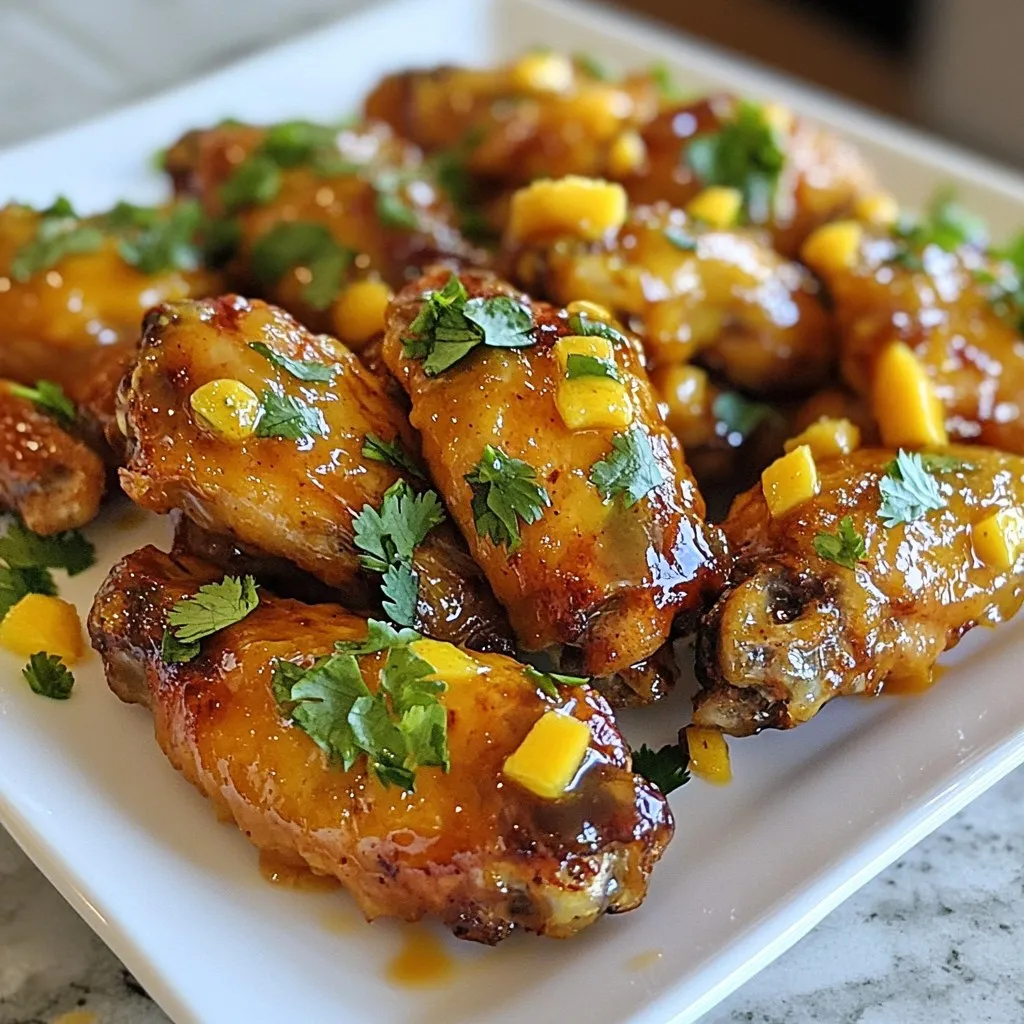 - 900 Gramm Hähnchenflügel - 1 reife Mango - 2 frische Habanero-Paprika - 60 ml Honig - 30 ml Sojasauce - 15 ml Limettensaft - 5 g Knoblauchpulver - 5 g geräucherter Paprika - Salz und schwarzer Pfeffer nach Geschmack Die Hauptzutaten für Mango Habanero Chicken Wings sind einfach, aber lecker. Du brauchst 900 Gramm Hähnchenflügel. Diese Flügel sind perfekt für das Grillen oder Backen. Die reife Mango bringt eine süße Note. Sie wird püriert, um eine glatte Marinade zu schaffen. Die Habanero-Paprika sorgt für eine scharfe Kick. Du kannst die Menge an Habaneros anpassen, wenn du es weniger scharf magst. Die weiteren Zutaten sind wichtig für den Geschmack. Honig gibt der Marinade eine süße Tiefe. Sojasauce fügt Umami hinzu und Limettensaft bringt Frische. Diese drei Zutaten harmonieren gut mit der Mango und den Habaneros. Die Gewürze verleihen den Flügeln ihren Charakter. Knoblauchpulver und geräucherter Paprika geben eine interessante Note. Salz und Pfeffer sind einfach, aber wichtig. Sie betonen die anderen Aromen und machen die Flügel noch köstlicher. Achte darauf, die Gewürze nach deinem Geschmack hinzuzufügen. {{ingredient_image_2}} - Ofen auf 200°C vorheizen - Backblech mit Backpapier auslegen Zuerst heize deinen Ofen auf 200°C vor. Das sorgt dafür, dass die Flügel gleichmäßig garen und knusprig werden. Lege dein Backblech mit Backpapier aus. So bleiben die Flügel nicht kleben und die Reinigung wird einfacher. - Mango pürieren - Habaneros vorbereiten und fein hacken - Alle Marinade-Zutaten gut vermischen Jetzt kommt der spannende Teil. Nimm eine reife Mango und püriere sie. Du kannst das mit einem Mixer machen. Danach nimm die Habaneros. Entferne die Kerne und hacke sie fein. Sei vorsichtig, denn sie sind sehr scharf! In einer Schüssel vermischst du dann die pürierte Mango, die Habaneros, Honig, Sojasauce, Limettensaft, Knoblauchpulver, geräucherten Paprika, Salz und Pfeffer. Rühre alles gut um. Die Marinade sollte gleichmäßig und cremig sein. - Hähnchenflügel in eine Schüssel oder Beutel geben - Marinade gleichmäßig verteilen - Mindestens 1 Stunde im Kühlschrank marinieren Gib die Hähnchenflügel in eine große Schüssel oder einen Beutel. Gieße die Marinade über die Flügel. Achte darauf, dass sie gut bedeckt sind. Decke die Schüssel ab oder schließe den Beutel. Lasse die Flügel mindestens eine Stunde im Kühlschrank marinieren. Wenn du mehr Zeit hast, kannst du sie bis zu vier Stunden marinieren. So wird der Geschmack intensiver. - Flügel auf das Backblech legen - Für 35-40 Minuten backen und wenden Nimm die marinierten Flügel aus dem Kühlschrank. Lege sie in einer einzigen Schicht auf das Backblech. Backe sie im vorgeheizten Ofen. Wende die Flügel nach der Hälfte der Zeit. So werden sie von beiden Seiten knusprig. Backe sie für 35 bis 40 Minuten. Sie sind fertig, wenn sie goldbraun und knusprig sind. - In den letzten 5 Minuten zusätzliche Marinade auftragen Für ein besonderes Finish trage in den letzten fünf Minuten des Backens etwas zusätzliche Marinade auf die Flügel auf. Das wird ihnen einen leckeren Glanz geben und den Geschmack verstärken. - Flügel ruhen lassen und mit Koriander garnieren Nimm die Flügel nach dem Backen aus dem Ofen. Lass sie ein paar Minuten ruhen. So bleiben sie saftig. Bevor du sie servierst, garniere die Flügel mit frisch gehacktem Koriander. Der Koriander gibt einen frischen Geschmack dazu. Genieße deine Mango Habanero Chicken Wings! Für den besten Geschmack mariniere die Flügel mindestens 1 Stunde. Du kannst die Flügel auch bis zu 4 Stunden marinieren. So ziehen die Aromen besser ein. Beachte, dass eine längere Marinierzeit die Schärfe verstärkt. Probiere es aus, um deinen perfekten Geschmack zu finden. Um die Flügel knusprig zu machen, lege sie in einer einzigen Schicht auf das Backblech. Wende die Flügel während des Backens einmal. Ein weiterer Trick ist, die Flügel in den letzten 5 Minuten mit zusätzlicher Marinade zu bestreichen. Dies hilft, eine schöne Glasur zu bekommen und verstärkt den Geschmack. Wenn du glutenfrei kochen möchtest, verwende Tamari anstelle von Sojasauce. Tamari hat einen ähnlichen Geschmack und ist eine tolle Option. Eine natriumarme Sojasauce ist auch eine gute Wahl, wenn du auf den Salzgehalt achten musst. So bleiben die Flügel lecker, ohne zu salzig zu sein. Pro Tipps Marinade anpassen: Du kannst die Menge an Habanero-Paprika je nach Vorliebe für Schärfe anpassen. Experimentiere mit einer geringeren Menge für eine mildere Version oder füge mehr hinzu, um es schärfer zu machen. Vorsicht beim Umgang mit Habaneros: Trage beim Schneiden der Habaneros Handschuhe und wasche dir die Hände danach gründlich, um Hautreizungen zu vermeiden. Für extra Knusprigkeit: Lasse die Hähnchenflügel in den letzten 5 Minuten des Backens unter dem Grill, um eine noch knusprigere Oberfläche zu erzielen. Perfekte Beilage: Serviere die Flügel mit einem frischen Salat oder knusprigen Gemüse-Sticks, um einen erfrischenden Kontrast zur Schärfe der Flügel zu bieten. {{image_4}} Für die, die es richtig scharf mögen, gibt es einfache Anpassungen. Du kannst weitere Habaneros hinzufügen. Schneide sie klein und mische sie in die Marinade. Alternativ nutze Chili-Flocken für einen zusätzlichen Kick. Diese kleine Änderung bringt das Feuer in deine Flügel. Stelle sicher, dass du die Schärfe nach deinem Geschmack anpasst. Probiere es aus und finde deine perfekte Balance. Wenn du es lieber süß magst, kannst du die Marinade anpassen. Füge mehr Honig hinzu. Das verleiht den Flügeln eine schöne Karamellnote. Du kannst auch Mango-Stücke hinzufügen. Diese bringen eine frische Süße und Textur. Mische alles gut, damit der süße Geschmack gleichmäßig verteilt ist. Diese Variante ist perfekt für ein festliches Essen oder einen Grillabend. Möchtest du einen rauchigen Geschmack? Dann grille die Flügel! Heize deinen Grill auf mittlere Hitze vor. Mariniere die Flügel wie gewohnt. Lege sie dann auf den Grill und wende sie alle paar Minuten. Lass sie für etwa 20-25 Minuten garen. Achte darauf, dass sie schön knusprig sind. Diese Methode bringt ein tolles Aroma und macht die Flügel besonders lecker. Um die Reste deiner Mango Habanero Chicken Wings richtig zu lagern, lege sie in einen luftdichten Behälter. Stelle sicher, dass die Flügel abgekühlt sind, bevor du sie hineinlegst. So bleiben sie frisch. Du kannst sie bis zu drei Tage im Kühlschrank aufbewahren. Wenn du sie länger lagern möchtest, solltest du die Flügel einfrieren. Das Einfrieren der marinierten Flügel ist einfach. Lege die marinierten Flügel in einen gefriergeeigneten Beutel. Drücke die Luft heraus, bevor du den Beutel schließt. Du kannst die Flügel bis zu drei Monate im Gefrierfach lagern. Wenn du bereit bist zu kochen, lasse die Flügel über Nacht im Kühlschrank auftauen. Um die Flügel wieder aufzuwärmen, heize deinen Ofen auf 180°C vor. Lege die Flügel auf ein Backblech und backe sie etwa 15-20 Minuten. So werden sie knusprig und lecker. Du kannst auch eine Pfanne verwenden. Brate die Flügel bei mittlerer Hitze für 8-10 Minuten. So bleibst du dem tollen Geschmack treu! Die Schärfe kommt von den Habaneros. Diese Paprika sind sehr scharf. Je mehr Habaneros du hinzufügst, desto schärfer werden die Flügel. Ich empfehle, zuerst mit einer kleinen Menge zu starten. So kannst du die Schärfe besser kontrollieren. Wenn du etwas Mut hast, füge mehr hinzu. Ja, du kannst die Flügel vorher marinieren. Ich empfehle, sie mindestens eine Stunde im Kühlschrank zu marinieren. So ziehen die Aromen gut ein. Du kannst sie auch bis zu vier Stunden marinieren, wenn du einen intensiveren Geschmack willst. Zu diesen Flügeln passen viele Beilagen. Ich mag frischen Salat oder Kartoffelspalten. Auch Reis oder Gemüse sind gute Begleiter. Was Getränke angeht, probiere ein kühles Bier oder einen fruchtigen Cocktail. Diese passen gut zu den würzigen Flügeln. Die Mango Habanero Hähnchenflügel sind einfach und lecker. Du hast gelernt, was du brauchst und wie du die Flügel zubereitest. Marinieren ist der Schlüssel für vollen Geschmack. Wenn du die Tipps befolgst, erreichst du eine knusprige Textur. Variiere die Schärfe nach deinem Geschmack und genieße sie gegrillt. Reste lassen sich gut aufbewahren oder einfrieren. Probiere diese einfache Anleitung aus und teile die leckeren Flügel mit Freunden!