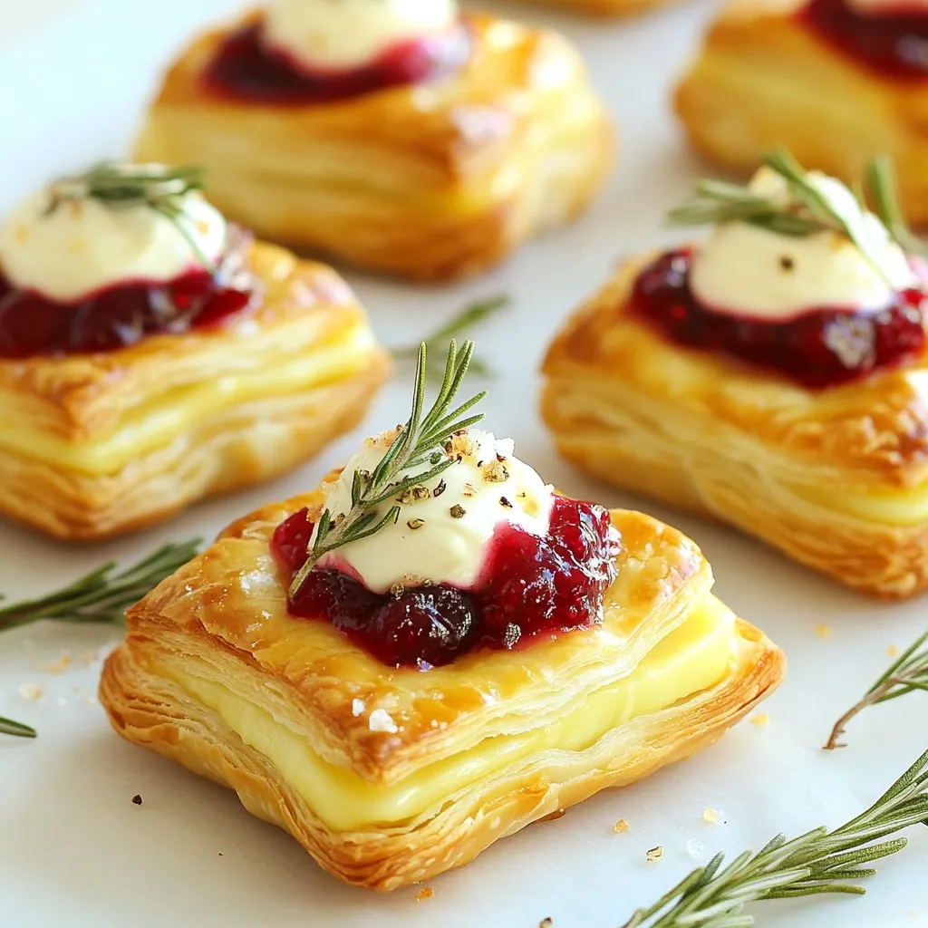 Hier sind die Zutaten für die Cranberry Brie Puff Pastry Bites: - 1 Blatt Blätterteig, aufgetaut - 225 g Brie-Käse, in kleine Stücke geschnitten - 240 ml Preiselbeersauce (selbstgemacht oder aus dem Geschäft) - 1 Esslöffel frischer Rosmarin, fein gehackt - 1 Ei, geschlagen (für den Eierwasch) - Meersalz, zum Bestreuen - Frisch gemahlener schwarzer Pfeffer, nach Geschmack Wenn du Blätterteig kaufst, achte darauf, dass er frisch ist. Tiefkühl-Blätterteig ist oft eine gute Wahl. Der Brie-Käse sollte weich und cremig sein. Wähle eine Preiselbeersauce, die dir gut schmeckt. Selbstgemacht bringt mehr Geschmack, aber auch die gekaufte ist in Ordnung. Frischer Rosmarin gibt einen tollen Duft und Geschmack. Wenn du keinen Brie magst, probiere Camembert oder Gouda. Diese Käsesorten schmelzen gut. Für die Preiselbeersauce kannst du auch Himbeermarmelade oder Kirschsauce verwenden. Diese Alternativen bieten einen neuen Geschmack und machen die Häppchen interessant. {{ingredient_image_2}} Heize deinen Ofen auf 200°C vor. Das ist wichtig, damit die Häppchen gleichmäßig garen. Lege ein Backblech mit Backpapier aus. Dieses Papier verhindert, dass die Häppchen ankleben. Nimm das Blatt Blätterteig aus dem Kühlschrank. Lass es etwas auftauen. Wenn es weich ist, rolle den Teig auf einer leicht bemehlten Fläche aus. Achte darauf, dass keine Falten mehr sichtbar sind. Schneide den Teig in Quadrate von etwa 7,5 cm x 7,5 cm. Diese Größe ist perfekt für die Häppchen. Lege ein Quadrat des Blätterteigs auf das Backblech. Platziere in die Mitte ein Stück Brie-Käse. Das gibt einen schönen, cremigen Geschmack. Füge einen kleinen Klecks Preiselbeersauce hinzu. Streue etwas frischen, gehackten Rosmarin darüber. Falten die Ecken des Teigs über die Füllung, um ein Päckchen zu formen. Drücke die Nähte gut zusammen, damit nichts herausläuft. Bestreiche die Oberseite jedes Päckchens mit geschlagenem Ei. Das gibt eine schöne goldene Farbe. Bestreue die Häppchen mit einer Prise Meersalz und frisch gemahlenem schwarzen Pfeffer. Backe die Häppchen im Ofen für 15-20 Minuten. Achte darauf, dass sie aufgebläht und goldbraun sind. Lass sie nach dem Backen ein paar Minuten abkühlen, bevor du sie servierst. Um den perfekten Blätterteig zu bekommen, achte auf diese Punkte: - Kühl halten: Halte den Teig kühl, bevor du ihn verarbeitest. Warmer Teig wird klebrig. - Dünn ausrollen: Rolle den Teig dünn aus, etwa 3 mm dick. So wird er knusprig. - Falten vermeiden: Achte darauf, dass der Teig beim Ausrollen keine Falten hat. Diese können das Aufgehen stören. Du kannst die Füllung nach deinem Geschmack ändern. Hier sind ein paar Ideen: - Käse: Probiere andere Käsesorten wie Ziegenkäse oder Gouda. Sie geben einen neuen Geschmack. - Früchte: Füge einen Esslöffel Apfelmarmelade oder Feigenmarmelade hinzu. Das gibt eine süße Note. - Kräuter: Zusätzlich zu Rosmarin kannst du Thymian oder Oregano verwenden. Diese Kräuter ergänzen den Käse gut. Das Anrichten macht einen großen Unterschied. Hier sind einige Tipps: - Präsentation: Lege die Häppchen auf ein rustikales Holzbrett. Das sieht schön aus. - Garnierung: Dekoriere mit frischen Rosmarinzweigen. Das wirkt frisch und einladend. - Dips: Stelle eine kleine Schüssel mit Preiselbeersauce zum Dippen bereit. Das erhöht den Genuss. Pro Tipps Teig richtig ausrollen: Stellen Sie sicher, dass der Blätterteig gleichmäßig ausgerollt ist, um ein gleichmäßiges Backen zu gewährleisten und Falten zu vermeiden. Brie-Käse wählen: Verwenden Sie hochwertigen Brie-Käse für einen cremigeren und geschmackvolleren Genuss. Achten Sie darauf, den Käse in kleine Stücke zu schneiden, damit er beim Backen gut schmilzt. Frische Kräuter hinzufügen: Experimentieren Sie mit verschiedenen frischen Kräutern wie Thymian oder Oregano, um den Häppchen eine zusätzliche Geschmacksdimension zu verleihen. Richtige Backzeit: Überwachen Sie die Häppchen während des Backens genau. Jeder Ofen ist unterschiedlich, und eine goldbraune Farbe zeigt an, dass sie fertig sind. {{image_4}} Um übrig gebliebene Häppchen gut aufzubewahren, lassen Sie sie zuerst abkühlen. Legen Sie die Häppchen in einen luftdichten Behälter. Stellen Sie sicher, dass der Behälter sauber ist. So bleiben die Häppchen frisch. Sie können sie bis zu drei Tage im Kühlschrank aufbewahren. Wenn Sie die Häppchen wieder aufwärmen möchten, heizen Sie den Ofen auf 180°C (350°F) vor. Legen Sie die Häppchen auf ein Backblech. Backen Sie sie für etwa 10 Minuten. So werden sie wieder knusprig. Alternativ können Sie auch eine Mikrowelle nutzen, aber das macht die Häppchen weich. Im Kühlschrank halten die Häppchen drei Tage. Wenn Sie sie länger aufbewahren möchten, frieren Sie sie ein. Wickeln Sie die Häppchen einzeln in Frischhaltefolie und legen Sie sie in einen Gefrierbeutel. So bleiben sie bis zu drei Monate frisch. Wenn Sie bereit sind, sie zu genießen, tauen Sie sie im Kühlschrank auf und wärmen Sie sie wie beschrieben auf. Wenn du eine vegane oder laktosefreie Variante machen möchtest, gibt es tolle Optionen. Anstelle von Brie kannst du veganen Käse verwenden. Es gibt viele Marken, die cremige Alternativen bieten. Achte darauf, dass der Käse gut schmilzt. Für die Preiselbeersauce kannst du auch einen veganen Joghurt oder eine andere pflanzliche Sauce nutzen. Das gibt einen tollen Geschmack! Du kannst die Preiselbeersauce durch andere Fruchtsaucen ersetzen. Himbeersauce oder Blaubeeren passen sehr gut. Diese Früchte bringen eine süß-saure Note in die Häppchen. Du könntest auch eine Mischung aus verschiedenen Beeren ausprobieren. Das sorgt für eine bunte und geschmackvolle Variation. Die Gewürze und Kräuter sind wichtig für den Geschmack. Du kannst den frischen Rosmarin durch Thymian oder Oregano ersetzen. Diese Kräuter geben einen anderen, aber leckeren Geschmack. Du kannst auch etwas Knoblauchpulver für mehr Tiefe hinzufügen. Experimentiere mit deinen Lieblingsgewürzen, um die Häppchen nach deinem Geschmack zu gestalten. Sie können die Häppchen bis zu 24 Stunden im Voraus zubereiten. Bereiten Sie die Häppchen einfach vor und lassen Sie sie im Kühlschrank ruhen. Backen Sie sie erst kurz vor dem Servieren. So bleiben sie frisch und lecker. Ja, Sie können den Blätterteig selbst machen, wenn Sie es möchten. Er ist jedoch zeitaufwändig. Fertiger Blätterteig spart Zeit und ist einfach zu verwenden. Wenn Sie Zeit haben, probieren Sie es aus. Selbstgemachter Teig hat einen tollen Geschmack. Zu diesen Häppchen passen viele Beilagen gut. Hier sind einige Ideen: - Ein frischer grüner Salat - Eine Auswahl an Nüssen - Ein leichter Dip, wie Joghurt oder Hummus - Frische Obststücke, wie Trauben oder Äpfel Diese Kombinationen machen Ihr Essen noch besser und runder. Experimentieren Sie mit verschiedenen Beilagen! In diesem Artikel haben wir die Zutaten, die Zubereitung und Tipps für leckere Blätterteig-Häppchen besprochen. Wir haben auch Varianten und Aufbewahrungsmöglichkeiten behandelt. Diese Häppchen sind perfekt für jede Feier. Sie sind einfach zu machen und schmecken köstlich. Experimentiere mit verschiedenen Füllungen und Soßen. Du wirst sicher neue Lieblingskombinationen finden. Viel Spaß beim Ausprobieren und Genießen deiner Kreationen!
