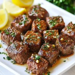 - 450 g Rinder-Sirloin, in 2,5 cm große Stücke geschnitten - 4 Esslöffel ungesalzene Butter - 4 Knoblauchzehen, fein gehackt Die Hauptzutaten sind einfach, aber voller Geschmack. Rinder-Sirloin ist zart und saftig. Die ungesalzene Butter macht die Bisse reichhaltig. Knoblauch bringt eine aromatische Note. - 1 Teelöffel frischer Rosmarin, gehackt - 1 Teelöffel frische Thymianblätter - Frische Petersilie, gehackt (zum Garnieren) Rosmarin und Thymian fügen frische Aromen hinzu. Sie machen das Gericht lebendig. Petersilie dient als schöne Garnitur und sorgt für Farbe. Diese Kräuter sind wichtig für den Gesamtgeschmack und die Präsentation. - Zitronenschnitze - Salz und frisch gemahlener Pfeffer nach Geschmack Zitronenschnitze bringen Frische und einen spritzigen Kick. Sie passen perfekt zu den herzhaften Steakbissen. Salz und Pfeffer sind die Basis für jede gute Würze. Sie heben den Geschmack des Fleisches hervor und machen die Bisse noch besser. {{ingredient_image_2}} - Schneiden Sie 450 g Rinder-Sirloin in 2,5 cm große Stücke. Das sorgt für gleichmäßiges Garen. - Würzen Sie die Rinderwürfel großzügig mit Salz und frisch gemahlenem Pfeffer. Eine gute Würze macht das Fleisch lecker. - Erhitzen Sie eine große Pfanne auf mittlere bis hohe Hitze. Geben Sie 2 Esslöffel ungesalzene Butter hinein. - Sobald die Butter sprudelt, fügen Sie die Rinderbisse in einer einzigen Schicht hinzu. Braten Sie sie 2-3 Minuten pro Seite an. Sie sollen schön braun werden. - Reduzieren Sie die Hitze auf mittlere Stufe und geben Sie die restlichen 2 Esslöffel Butter in die Pfanne. - Fügen Sie 4 fein gehackte Knoblauchzehen, 1 Teelöffel frischen Rosmarin und 1 Teelöffel frische Thymianblätter hinzu. Sautieren Sie alles für 1-2 Minuten, bis es duftet. Achten Sie darauf, dass der Knoblauch nicht verbrennt. - Geben Sie die gebratenen Rinderbisse zurück in die Pfanne und vermengen Sie alles gut. Lassen Sie es 1-2 Minuten weiter garen, damit das Fleisch warm wird. Empfohlene Kerntemperaturen Die ideale Kerntemperatur für Rindfleisch liegt bei 54 °C für medium rare. Für medium steuern wir 60 °C an. Wenn Sie gut durchgegart möchten, zielen Sie auf 70 °C. Verwenden Sie ein Fleischthermometer, um die Temperatur genau zu prüfen. Tipps zur Überprüfung der Garstufe Drücken Sie mit dem Finger auf das Fleisch. Wenn es sich weich anfühlt, ist es rare. Bei medium rare wird es fester, aber immer noch nachgiebig. Gut durchgegart fühlt sich fest an. Diese Methode hilft, das Fleisch perfekt zu garen. Verwendung von frischen Kräutern Frische Kräuter wie Rosmarin und Thymian bringen das Steak auf ein neues Level. Sie geben ein intensives Aroma, das jeden Bissen köstlich macht. Fügen Sie sie in die Butter, um den vollen Geschmack zu nutzen. Aromen variieren mit Gewürzen Experimentieren Sie mit Gewürzen wie Paprika oder Kreuzkümmel. Diese geben dem Gericht eine besondere Note. Ein Hauch von Chili kann auch für etwas Schärfe sorgen. So wird Ihr Gericht einzigartig und spannend. Garnieren mit Petersilie Frische Petersilie bringt Farbe ins Spiel. Streuen Sie sie über die Steakbisse für einen schönen Kontrast. Dieses kleine Detail macht das Gericht einladender und appetitlicher. Anrichten mit Zitronen Zitronenschnitze sind nicht nur für die Optik wichtig. Sie bieten einen frischen Geschmack, der das Steak ergänzt. Servieren Sie die Schnitze neben dem Fleisch, damit jeder nach Belieben einen Spritzer hinzufügen kann. Pro Tipps Fleisch temperieren: Lassen Sie das Rindfleisch vor dem Kochen etwa 30 Minuten bei Raumtemperatur stehen, damit es gleichmäßiger gart. Butter nicht überhitzen: Achten Sie darauf, die Butter nicht zu stark zu erhitzen, da sie sonst verbrennen kann. Warten Sie, bis sie schäumt, bevor Sie das Fleisch hinzufügen. Rinderbisse ruhen lassen: Nach dem Braten sollten die Rinderbisse einige Minuten ruhen, damit die Säfte sich setzen können und das Fleisch zarter wird. Variieren Sie die Kräuter: Experimentieren Sie mit anderen Kräutern wie Oregano oder Basilikum, um verschiedene Geschmacksrichtungen zu erzielen. {{image_4}} Sie können auch eine Gemüse-Pfanne als Beilage zu den Knoblauchbutter-Steakbissen machen. Eine Mischung aus Paprika, Zucchini und Brokkoli passt gut. Braten Sie das Gemüse in der Pfanne mit etwas Öl und Knoblauch. So bleibt der Geschmack frisch und lecker. Tofu-Spieße sind eine tolle Option für Vegetarier. Schneiden Sie den Tofu in Würfel und marinieren Sie ihn mit Sojasauce und Gewürzen. Grillen oder braten Sie die Spieße dann bis sie goldbraun sind. Das gibt Ihnen einen tollen Biss mit viel Geschmack. Anstatt die Rinderbisse zu braten, können Sie sie auch grillen. Der Grill gibt dem Fleisch einen rauchigen Geschmack. Achten Sie darauf, das Fleisch nicht zu übergaren. Das sorgt für zarte Bisse. Eine andere Art ist die Verwendung eines Slow Cookers. Geben Sie die gewürzten Rinderbisse, Butter und Gewürze in den Slow Cooker. Lassen Sie alles langsam garen. So wird das Fleisch sehr zart und nimmt die Aromen gut auf. Sie können einen asiatischen Touch hinzufügen. Fügen Sie Sojasauce und Ingwer zur Knoblauchbutter hinzu. Das gibt den Steakbissen eine spannende Note. Servieren Sie dazu Reis oder Gemüse. Eine mediterrane Version ist ebenfalls möglich. Verwenden Sie anstelle von Butter Olivenöl und fügen Sie getrocknete Kräuter wie Oregano hinzu. Diese Mischung gibt den Steakbissen einen frischen, herzhaften Geschmack. Um die Knoblauchbutter Steakbisse frisch zu halten, lagern Sie sie im Kühlschrank. Nutzen Sie einen luftdichten Behälter. So bleibt der Geschmack länger erhalten. Stellen Sie sicher, dass die Bisse abgekühlt sind, bevor Sie sie einpacken. Dies verhindert Kondenswasser und hält die Bisse zart. - Verwenden Sie einen Behälter mit dicht schließendem Deckel. - Legen Sie ein Blatt Küchenpapier zwischen Steakbisse und Deckel. Das hilft, Feuchtigkeit zu absorbieren. Wenn Sie die Reste aufwärmen, nutzen Sie die Pfanne oder die Mikrowelle. Die Pfanne gibt Ihnen die beste Textur zurück. Erhitzen Sie bei mittlerer Hitze für 4-5 Minuten. Fügen Sie dabei etwas Butter hinzu, um das Austrocknen zu vermeiden. - In der Mikrowelle: Nutzen Sie einen mikrowellengeeigneten Teller. Decken Sie die Bisse mit einem feuchten Papiertuch ab. So bleibt die Feuchtigkeit erhalten. - Achten Sie darauf, die Bisse nicht zu lange zu erhitzen. So bleiben sie saftig und zart. Genießen Sie die Knoblauchbutter Steakbisse warm und voller Geschmack! Die Garlic Butter Steak Bites sind im Kühlschrank etwa 3 bis 4 Tage haltbar. Um die Frische zu bewahren, lege sie in einen luftdichten Behälter. Achte darauf, dass die Bisse gut abgekühlt sind, bevor du sie verpackst. So bleibt das Aroma erhalten. Wenn du sie länger aufbewahren möchtest, kannst du sie auch einfrieren. In einem Gefrierbeutel halten sie bis zu 3 Monate. Ja, du kannst die ungesalzene Butter ersetzen. Eine gute Alternative ist Kokosöl oder Margarine. Beide geben einen anderen Geschmack, sind aber ebenfalls lecker. Olivenöl kann auch verwendet werden, besonders wenn du einen mediterranen Geschmack magst. Achte darauf, dass das Öl bei mittlerer Hitze erhitzt wird, um den besten Geschmack zu erzielen. Ich empfehle, die Garlic Butter Steak Bites mit frischen Beilagen zu servieren. Ein einfacher grüner Salat passt gut dazu. Auch geröstetes Gemüse ist eine tolle Wahl. Für den perfekten Drink kannst du einen leichten Rotwein oder ein kühles Bier wählen. Zitronenschnitze sind nicht nur dekorativ, sie bringen auch einen frischen Kick, wenn man sie über die Bisse träufelt. Die Zutaten und Schritte für die Zubereitung der Garlic Butter Steak Bites sind klar. Wir haben die Hauptzutaten, Gewürze und Beilagen besprochen. Tipps zur perfekten Garstufe und Variationen zeigen, wie vielseitig das Gericht ist. Denke daran, Reste richtig zu lagern und beim Aufwärmen vorsichtig zu sein. Nutze diese Informationen, um dein Steakgericht perfekt zuzubereiten und zu genießen. Experimentiere mit verschiedenen Aromen, um es einzigartig zu machen!