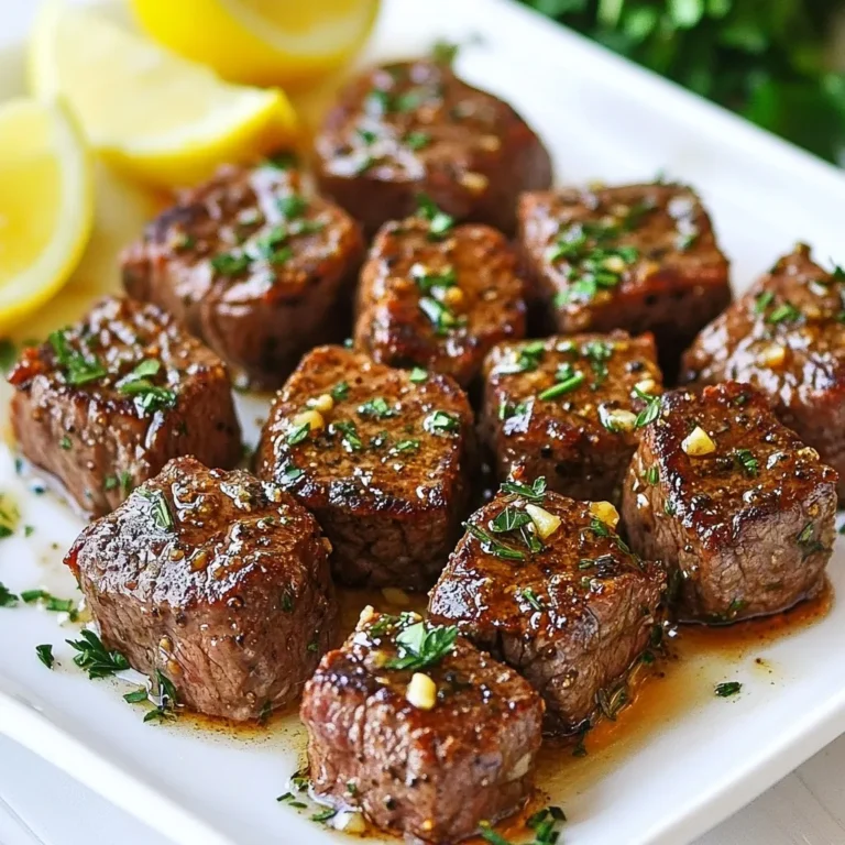 - 450 g Rinder-Sirloin, in 2,5 cm große Stücke geschnitten - 4 Esslöffel ungesalzene Butter - 4 Knoblauchzehen, fein gehackt Die Hauptzutaten sind einfach, aber voller Geschmack. Rinder-Sirloin ist zart und saftig. Die ungesalzene Butter macht die Bisse reichhaltig. Knoblauch bringt eine aromatische Note. - 1 Teelöffel frischer Rosmarin, gehackt - 1 Teelöffel frische Thymianblätter - Frische Petersilie, gehackt (zum Garnieren) Rosmarin und Thymian fügen frische Aromen hinzu. Sie machen das Gericht lebendig. Petersilie dient als schöne Garnitur und sorgt für Farbe. Diese Kräuter sind wichtig für den Gesamtgeschmack und die Präsentation. - Zitronenschnitze - Salz und frisch gemahlener Pfeffer nach Geschmack Zitronenschnitze bringen Frische und einen spritzigen Kick. Sie passen perfekt zu den herzhaften Steakbissen. Salz und Pfeffer sind die Basis für jede gute Würze. Sie heben den Geschmack des Fleisches hervor und machen die Bisse noch besser. {{ingredient_image_2}} - Schneiden Sie 450 g Rinder-Sirloin in 2,5 cm große Stücke. Das sorgt für gleichmäßiges Garen. - Würzen Sie die Rinderwürfel großzügig mit Salz und frisch gemahlenem Pfeffer. Eine gute Würze macht das Fleisch lecker. - Erhitzen Sie eine große Pfanne auf mittlere bis hohe Hitze. Geben Sie 2 Esslöffel ungesalzene Butter hinein. - Sobald die Butter sprudelt, fügen Sie die Rinderbisse in einer einzigen Schicht hinzu. Braten Sie sie 2-3 Minuten pro Seite an. Sie sollen schön braun werden. - Reduzieren Sie die Hitze auf mittlere Stufe und geben Sie die restlichen 2 Esslöffel Butter in die Pfanne. - Fügen Sie 4 fein gehackte Knoblauchzehen, 1 Teelöffel frischen Rosmarin und 1 Teelöffel frische Thymianblätter hinzu. Sautieren Sie alles für 1-2 Minuten, bis es duftet. Achten Sie darauf, dass der Knoblauch nicht verbrennt. - Geben Sie die gebratenen Rinderbisse zurück in die Pfanne und vermengen Sie alles gut. Lassen Sie es 1-2 Minuten weiter garen, damit das Fleisch warm wird. Empfohlene Kerntemperaturen Die ideale Kerntemperatur für Rindfleisch liegt bei 54 °C für medium rare. Für medium steuern wir 60 °C an. Wenn Sie gut durchgegart möchten, zielen Sie auf 70 °C. Verwenden Sie ein Fleischthermometer, um die Temperatur genau zu prüfen. Tipps zur Überprüfung der Garstufe Drücken Sie mit dem Finger auf das Fleisch. Wenn es sich weich anfühlt, ist es rare. Bei medium rare wird es fester, aber immer noch nachgiebig. Gut durchgegart fühlt sich fest an. Diese Methode hilft, das Fleisch perfekt zu garen. Verwendung von frischen Kräutern Frische Kräuter wie Rosmarin und Thymian bringen das Steak auf ein neues Level. Sie geben ein intensives Aroma, das jeden Bissen köstlich macht. Fügen Sie sie in die Butter, um den vollen Geschmack zu nutzen. Aromen variieren mit Gewürzen Experimentieren Sie mit Gewürzen wie Paprika oder Kreuzkümmel. Diese geben dem Gericht eine besondere Note. Ein Hauch von Chili kann auch für etwas Schärfe sorgen. So wird Ihr Gericht einzigartig und spannend. Garnieren mit Petersilie Frische Petersilie bringt Farbe ins Spiel. Streuen Sie sie über die Steakbisse für einen schönen Kontrast. Dieses kleine Detail macht das Gericht einladender und appetitlicher. Anrichten mit Zitronen Zitronenschnitze sind nicht nur für die Optik wichtig. Sie bieten einen frischen Geschmack, der das Steak ergänzt. Servieren Sie die Schnitze neben dem Fleisch, damit jeder nach Belieben einen Spritzer hinzufügen kann. Pro Tipps Fleisch temperieren: Lassen Sie das Rindfleisch vor dem Kochen etwa 30 Minuten bei Raumtemperatur stehen, damit es gleichmäßiger gart. Butter nicht überhitzen: Achten Sie darauf, die Butter nicht zu stark zu erhitzen, da sie sonst verbrennen kann. Warten Sie, bis sie schäumt, bevor Sie das Fleisch hinzufügen. Rinderbisse ruhen lassen: Nach dem Braten sollten die Rinderbisse einige Minuten ruhen, damit die Säfte sich setzen können und das Fleisch zarter wird. Variieren Sie die Kräuter: Experimentieren Sie mit anderen Kräutern wie Oregano oder Basilikum, um verschiedene Geschmacksrichtungen zu erzielen. {{image_4}} Sie können auch eine Gemüse-Pfanne als Beilage zu den Knoblauchbutter-Steakbissen machen. Eine Mischung aus Paprika, Zucchini und Brokkoli passt gut. Braten Sie das Gemüse in der Pfanne mit etwas Öl und Knoblauch. So bleibt der Geschmack frisch und lecker. Tofu-Spieße sind eine tolle Option für Vegetarier. Schneiden Sie den Tofu in Würfel und marinieren Sie ihn mit Sojasauce und Gewürzen. Grillen oder braten Sie die Spieße dann bis sie goldbraun sind. Das gibt Ihnen einen tollen Biss mit viel Geschmack. Anstatt die Rinderbisse zu braten, können Sie sie auch grillen. Der Grill gibt dem Fleisch einen rauchigen Geschmack. Achten Sie darauf, das Fleisch nicht zu übergaren. Das sorgt für zarte Bisse. Eine andere Art ist die Verwendung eines Slow Cookers. Geben Sie die gewürzten Rinderbisse, Butter und Gewürze in den Slow Cooker. Lassen Sie alles langsam garen. So wird das Fleisch sehr zart und nimmt die Aromen gut auf. Sie können einen asiatischen Touch hinzufügen. Fügen Sie Sojasauce und Ingwer zur Knoblauchbutter hinzu. Das gibt den Steakbissen eine spannende Note. Servieren Sie dazu Reis oder Gemüse. Eine mediterrane Version ist ebenfalls möglich. Verwenden Sie anstelle von Butter Olivenöl und fügen Sie getrocknete Kräuter wie Oregano hinzu. Diese Mischung gibt den Steakbissen einen frischen, herzhaften Geschmack. Um die Knoblauchbutter Steakbisse frisch zu halten, lagern Sie sie im Kühlschrank. Nutzen Sie einen luftdichten Behälter. So bleibt der Geschmack länger erhalten. Stellen Sie sicher, dass die Bisse abgekühlt sind, bevor Sie sie einpacken. Dies verhindert Kondenswasser und hält die Bisse zart. - Verwenden Sie einen Behälter mit dicht schließendem Deckel. - Legen Sie ein Blatt Küchenpapier zwischen Steakbisse und Deckel. Das hilft, Feuchtigkeit zu absorbieren. Wenn Sie die Reste aufwärmen, nutzen Sie die Pfanne oder die Mikrowelle. Die Pfanne gibt Ihnen die beste Textur zurück. Erhitzen Sie bei mittlerer Hitze für 4-5 Minuten. Fügen Sie dabei etwas Butter hinzu, um das Austrocknen zu vermeiden. - In der Mikrowelle: Nutzen Sie einen mikrowellengeeigneten Teller. Decken Sie die Bisse mit einem feuchten Papiertuch ab. So bleibt die Feuchtigkeit erhalten. - Achten Sie darauf, die Bisse nicht zu lange zu erhitzen. So bleiben sie saftig und zart. Genießen Sie die Knoblauchbutter Steakbisse warm und voller Geschmack! Die Garlic Butter Steak Bites sind im Kühlschrank etwa 3 bis 4 Tage haltbar. Um die Frische zu bewahren, lege sie in einen luftdichten Behälter. Achte darauf, dass die Bisse gut abgekühlt sind, bevor du sie verpackst. So bleibt das Aroma erhalten. Wenn du sie länger aufbewahren möchtest, kannst du sie auch einfrieren. In einem Gefrierbeutel halten sie bis zu 3 Monate. Ja, du kannst die ungesalzene Butter ersetzen. Eine gute Alternative ist Kokosöl oder Margarine. Beide geben einen anderen Geschmack, sind aber ebenfalls lecker. Olivenöl kann auch verwendet werden, besonders wenn du einen mediterranen Geschmack magst. Achte darauf, dass das Öl bei mittlerer Hitze erhitzt wird, um den besten Geschmack zu erzielen. Ich empfehle, die Garlic Butter Steak Bites mit frischen Beilagen zu servieren. Ein einfacher grüner Salat passt gut dazu. Auch geröstetes Gemüse ist eine tolle Wahl. Für den perfekten Drink kannst du einen leichten Rotwein oder ein kühles Bier wählen. Zitronenschnitze sind nicht nur dekorativ, sie bringen auch einen frischen Kick, wenn man sie über die Bisse träufelt. Die Zutaten und Schritte für die Zubereitung der Garlic Butter Steak Bites sind klar. Wir haben die Hauptzutaten, Gewürze und Beilagen besprochen. Tipps zur perfekten Garstufe und Variationen zeigen, wie vielseitig das Gericht ist. Denke daran, Reste richtig zu lagern und beim Aufwärmen vorsichtig zu sein. Nutze diese Informationen, um dein Steakgericht perfekt zuzubereiten und zu genießen. Experimentiere mit verschiedenen Aromen, um es einzigartig zu machen!