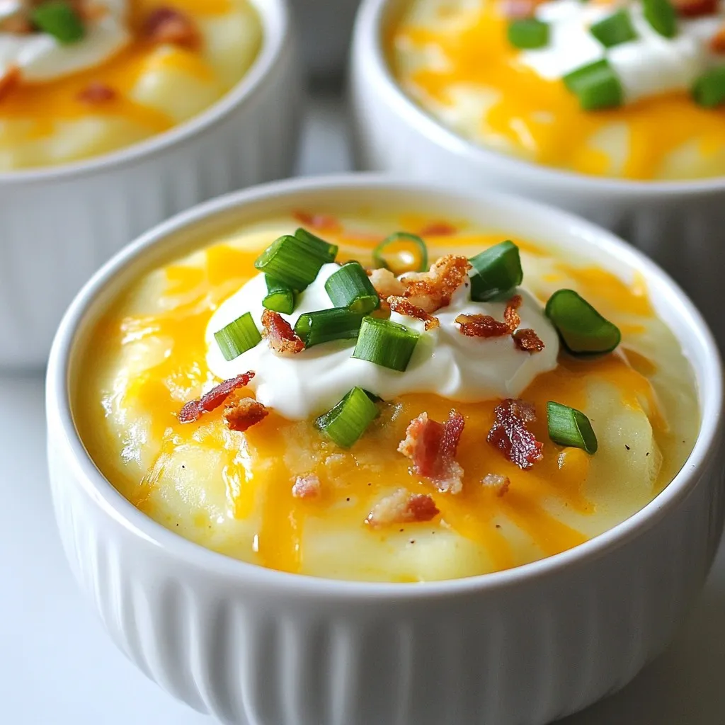 - 4 große Russet-Kartoffeln, geschält und gewürfelt - 1,5 Liter Gemüsebrühe - 240 ml Schlagsahne - 100 g geriebener scharfer Cheddar-Käse Die Hauptzutaten sind einfach zu finden. Russet-Kartoffeln geben der Suppe die beste Textur. Sie machen die Suppe dick und cremig. Gemüsebrühe sorgt für den guten Geschmack. Schlagsahne macht die Suppe besonders reichhaltig. Der scharfe Cheddar-Käse bringt eine tolle Würze. - 1 mittelgroße Zwiebel, fein gehackt - 3 Knoblauchzehen, gehackt - 100 g gekochter und zerbröselter Truthahnspeck (oder pflanzlicher Speck) - 120 g Sauerrahm - 60 g gehackte grüne Zwiebeln Zwiebel und Knoblauch bringen ein tolles Aroma. Sie machen die Suppe noch schmackhafter. Truthahnspeck gibt einen herzhaften Biss. Wenn du es vegetarisch magst, nimm einfach pflanzlichen Speck. Sauerrahm sorgt für eine feine Cremigkeit. Die grünen Zwiebeln sind das perfekte Topping. - 1 Teelöffel geräuchertes Paprikapulver - Olivenöl (zum Anbraten) - Salz und Pfeffer nach Geschmack Gewürze machen alles besser. Geräuchertes Paprikapulver gibt der Suppe eine feine Rauchnote. Olivenöl ist ideal zum Anbraten von Zwiebel und Knoblauch. Salz und Pfeffer sind ein Muss für den Geschmack. Sie heben die Aromen der anderen Zutaten hervor. {{ingredient_image_2}} Zuerst schälen Sie die Kartoffeln. Schneiden Sie sie in kleine Würfel. So garen sie gleichmäßig. Nehmen Sie eine Zwiebel und hacken Sie sie fein. Dann hacken Sie auch die Knoblauchzehen. Diese Schritte sind wichtig für den Geschmack. Erhitzen Sie in einem großen Topf etwas Olivenöl. Fügen Sie die Zwiebel und den Knoblauch hinzu. Braten Sie beides an. Warten Sie, bis es weich und duftend ist, etwa drei bis vier Minuten. Geben Sie dann die gewürfelten Kartoffeln in den Topf. Rühren Sie gut um, damit sich alles vermischt. Lassen Sie das Ganze zwei bis drei Minuten weiterkochen. Gießen Sie nun die Gemüsebrühe dazu, bis die Kartoffeln ganz bedeckt sind. Bringen Sie alles zum Kochen und reduzieren Sie dann die Hitze. Lassen Sie die Suppe 15 bis 20 Minuten köcheln. Die Kartoffeln sollten weich sein. Sobald die Kartoffeln weich sind, pürieren Sie die Suppe teilweise. Verwenden Sie dazu einen Kartoffelstampfer oder einen Stabmixer. Lassen Sie einige Stücke für die Textur. Rühren Sie nun die Schlagsahne, den Cheddar-Käse und den zerbröselten Speck ein. Kochen Sie die Suppe bei niedriger Hitze weiter, bis der Käse schmilzt. Das dauert ungefähr fünf Minuten. Würzen Sie die Suppe mit geräuchertem Paprikapulver, Salz und Pfeffer. Wenn die Suppe zu dick ist, fügen Sie mehr Brühe hinzu. Nehmen Sie den Topf vom Herd und rühren Sie den Sauerrahm unter. Servieren Sie die Suppe heiß, garniert mit mehr Käse, grünen Zwiebeln und eventuell extra Speck. - Perfekte Konsistenz erreichen: Um die perfekte Cremigkeit zu erzielen, pürieren Sie die Suppe nur teilweise. So bleibt eine angenehme Textur mit Stückchen erhalten. Wenn die Suppe zu dick ist, fügen Sie einfach mehr Gemüsebrühe hinzu. - Alternative Zutaten verwenden: Wenn Sie keinen Truthahnspeck mögen, können Sie pflanzlichen Speck oder gebratene Champignons verwenden. Diese Optionen sorgen für einen tollen Geschmack und sind eine gesunde Wahl. - Ideen für zusätzliche Toppings: Garnieren Sie die Suppe mit extra Cheddar-Käse, gehackten grünen Zwiebeln und knusprigem Speck. Auch einige frische Kräuter wie Schnittlauch oder Petersilie machen sich gut. - Serviervorschläge: Servieren Sie die Suppe in tiefen Schalen mit einem Stück frischem Brot oder knusprigen Crackern. Das macht das Essen noch besser und sättigender. - Welche Getränke passen gut dazu? Ein kaltes Bier oder ein frischer Apfelwein harmonieren gut mit der Suppe. Auch ein leichter Weißwein kann eine schöne Ergänzung sein. - Kombinationsmöglichkeiten: Für eine alkoholfreie Option sind sprudelnde Limonaden oder ein fruchtiger Eistee toll. Diese Getränke erfrischen und ergänzen die cremige Suppe perfekt. Pro Tipps Die richtige Kartoffelwahl: Verwenden Sie Russet-Kartoffeln für die beste Textur und den besten Geschmack. Diese Kartoffeln sind stärkehaltig und ergeben eine cremige Suppe. Für zusätzlichen Geschmack: Rösten Sie die Zwiebeln und den Knoblauch etwas länger, um eine tiefere Geschmacksbasis zu schaffen. Ein leicht karamellisierter Geschmack kann die Suppe erheblich verbessern. Textur anpassen: Pürieren Sie die Suppe nur teilweise, um eine angenehme Textur zu erhalten. Einige Stücke Kartoffel sorgen für einen herzhaften Biss. Frische Kräuter hinzufügen: Ein Spritzer frischer Schnittlauch oder Petersilie kurz vor dem Servieren bringt Farbe und Frische in die Suppe. {{image_4}} Für eine vegetarische oder vegane Version der Suppe können Sie einige einfache Änderungen vornehmen. Ersetzen Sie die Schlagsahne durch Kokoscreme oder Cashewcreme. Diese Optionen bringen eine cremige Textur, ohne tierische Produkte zu verwenden. Verwenden Sie zudem pflanzlichen Speck anstelle von Truthahnspeck. Achten Sie darauf, Gemüsebrühe anstelle von Hühnerbrühe zu benutzen. So bleibt die Suppe voll und ganz pflanzlich. Experimentieren Sie mit verschiedenen Käsesorten, um neue Geschmäcker zu entdecken. Gouda oder Mozzarella geben der Suppe eine andere Note. Sie können auch Gemüse wie Spinat oder Karotten hinzufügen, um die Nährstoffe zu erhöhen. Wenn Sie Protein hinzufügen möchten, probieren Sie gekochte Kichererbsen oder gebratene Pilze. Diese Zutaten bringen zusätzliche Tiefe in den Geschmack und machen die Suppe noch sättigender. Möchten Sie etwas mehr Würze? Fügen Sie frische Chili oder scharfe Soße hinzu. Diese Zutaten bringen eine schöne Schärfe in die Suppe. Beginnen Sie mit einer kleinen Menge und passen Sie die Schärfe nach Ihrem Geschmack an. Wenn Sie es weniger scharf mögen, können Sie die Chili ganz weglassen. Verwenden Sie stattdessen milde Paprika oder entfernen Sie die Kerne von frischen Chilis. So bleibt der Geschmack gut, ohne zu scharf zu sein. Um die Suppe frisch zu halten, bewahre sie im Kühlschrank auf. Nutze einen luftdichten Behälter. So bleibt der Geschmack erhalten. Stelle sicher, dass die Suppe vollständig abgekühlt ist, bevor du sie in den Kühlschrank stellst. Wenn du die Suppe länger aufbewahren möchtest, friere sie in Portionen ein. Verwende gefrierfeste Beutel oder Behälter. Achte darauf, etwas Platz im Behälter zu lassen, da sich die Suppe beim Einfrieren ausdehnt. Die beste Methode zum Aufwärmen ist die Verwendung des Herds. Gieße die Suppe in einen Topf und erhitze sie langsam. Rühre oft um, damit sie gleichmäßig warm wird. Wenn du die Mikrowelle nutzt, erwärme die Suppe in kurzen Intervallen. Rühre zwischen den Intervallen um, um heiße Stellen zu vermeiden. Um die Textur der Suppe zu bewahren, füge einen Schuss Brühe oder Sahne hinzu, wenn du sie aufwärmst. Das hilft, die Cremigkeit zu erhalten. Die Suppe hält sich im Kühlschrank etwa 3 bis 5 Tage. Achte darauf, sie in einem luftdichten Behälter zu lagern. Wenn du die Suppe eingefroren hast, ist sie bis zu 3 Monate haltbar. Zeichen für die Verderblichkeit sind ein unangenehmer Geruch oder eine veränderte Farbe. Wenn die Suppe seltsam aussieht oder riecht, wirf sie weg. Um die Suppe cremiger zu machen, können Sie folgende Tipps ausprobieren: - Fügen Sie mehr Schlagsahne hinzu. Das erhöht die Cremigkeit. - Verwenden Sie einen zusätzlichen Löffel Sauerrahm. Das macht die Suppe reichhaltiger. - Pürieren Sie die Kartoffeln feiner. So wird die Textur glatter. - Ein bisschen Frischkäse kann auch helfen. Er schmilzt gut und macht die Suppe cremig. Ja, Sie können die Suppe im Voraus zubereiten. Hier sind ein paar Tipps: - Bereiten Sie die Suppe bis zum Pürieren vor. Das spart Zeit. - Lagern Sie die Suppe in einem luftdichten Behälter im Kühlschrank. So bleibt sie frisch. - Sie können die Suppe bis zu drei Tage aufbewahren. Einfach wieder aufwärmen, wenn Sie bereit sind zu essen. Einige Beilagen schmecken besonders gut zu dieser Suppe: - Ein frischer grüner Salat bringt einen tollen Kontrast. - Knuspriges Brot oder Brötchen sind perfekte Begleiter. - Gegrilltes Gemüse ergänzt den Geschmack der Suppe gut. - Servieren Sie auch einige nach Belieben belegte Brötchen. Diese Suppe ist einfach und schmackhaft. Sie verlangt nach wenigen Zutaten wie Kartoffeln, Brühe und Käse. Ich habe auch Tipps für vegetarische und vegane Varianten geteilt. Vom richtigen Kochen bis zur Lagerung, alles ist wichtig. Denke daran, dass du die Suppe mit verschiedenen Gewürzen und Toppings anpassen kannst. Sie bleibt frisch und lecker, wenn du sie richtig lagerst. Jetzt bist du bereit, deine eigene Suppe zu machen und zu genießen!