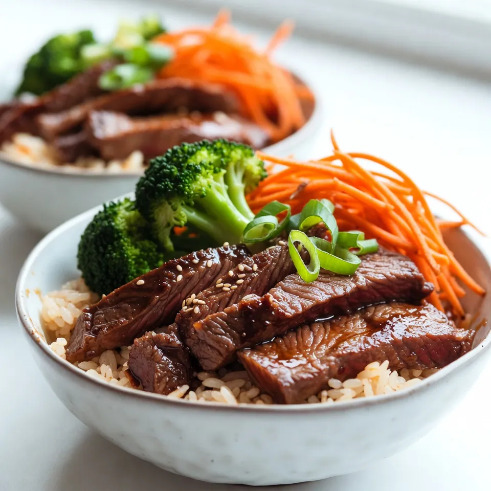 Um die Korean BBQ Steak Rice Bowls zu machen, brauchen Sie folgende Hauptzutaten: - 450 g Flankensteak, dünn geschnitten - 2 Esslöffel Sojasauce - 2 Esslöffel Gochujang (Koreanische Chilipaste) - 1 Esslöffel Sesamöl - 2 Esslöffel brauner Zucker - 2 Zehen Knoblauch, gehackt - 1 Esslöffel geriebener Ingwer - 2 Tassen gekochter Reis (weißer Reis) - 1 Tasse gedämpfte Brokkoliröschen - 1 Tasse geraspelte Karotten - 2 Frühlingszwiebeln, in Ringe geschnitten - Sesamsamen zum Garnieren Diese Zutaten bringen den typischen Geschmack von Korean BBQ in Ihre Schalen. Der Mix aus Sojasauce und Gochujang sorgt für eine perfekte Balance zwischen salzig und scharf. Flankensteak ist eine großartige Wahl. Es ist zart und hat viel Geschmack. Achten Sie darauf, dass das Fleisch gut marmoriert ist. Das bedeutet, dass es feine Fettadern hat. Diese machen das Steak saftig und lecker. Wenn Sie kein Flankensteak finden, können Sie auch Rinderfilet oder Sirloin verwenden. Beide sind zart und passen gut zur Marinade. Denken Sie daran, das Fleisch dünn zu schneiden, um die Marinade besser aufnehmen zu können. Sie können die Marinade anpassen. Wenn Sie weniger Schärfe wollen, reduzieren Sie Gochujang. Eine gute Alternative ist süße Chilisauce. Diese gibt einen milden, süßen Geschmack. Sie können auch frisch gehackte Kräuter wie Koriander hinzufügen. Das bringt frische Aromen in die Schalen. Für einen zusätzlichen Kick probieren Sie einen Spritzer Limettensaft. So wird das Gericht noch frischer und interessanter. {{ingredient_image_2}} Um die Marinade zu machen, nimm eine große Schüssel. Gib 2 Esslöffel Sojasauce hinein. Füge 2 Esslöffel Gochujang, 1 Esslöffel Sesamöl und 2 Esslöffel braunen Zucker hinzu. Hacke 2 Zehen Knoblauch und reibe 1 Esslöffel Ingwer. Mische alles gut, bis es eine glatte Masse ergibt. Diese Marinade gibt deinem Steak viel Geschmack. Jetzt kommt das Steak. Nimm 450 g Flankensteak, dünn geschnitten. Gib die Steakstücke in die Marinade. Rühre gut um, damit jedes Stück bedeckt ist. Decke die Schüssel ab und stelle sie in den Kühlschrank. Lass das Steak mindestens 30 Minuten marinieren. Für einen intensiveren Geschmack lasse es bis zu 2 Stunden ziehen. So wird dein Steak besonders zart. Heize eine große Pfanne oder Grillpfanne bei mittelhoher Hitze. Nimm die marinierten Steaks aus dem Kühlschrank. Lege sie in die heiße Pfanne. Brate die Steaks für etwa 3-4 Minuten pro Seite. Sie sollten schön gebräunt und durchgegart sein. Nimm sie dann vom Herd. Lass sie ein paar Minuten ruhen. So bleibt der Saft im Fleisch. Schneide das Steak in dünne Streifen, wenn es etwas abgekühlt ist. Um das Steak perfekt zuzubereiten, sind Garstufen wichtig. Ich empfehle, das Flankensteak medium rare zu braten. Das Steak bleibt saftig und zart. Braten Sie es 3-4 Minuten pro Seite. Verwenden Sie ein Fleischthermometer. Die Innentemperatur sollte bei 57-60 Grad Celsius liegen. Lassen Sie das Steak nach dem Braten ruhen. So verteilt sich der Saft gleichmäßig. Gemüse macht die Schalen bunt und nährstoffreich. Fügen Sie Paprika oder Zucchini hinzu. Diese Gemüsesorten passen gut zu den Aromen. Auch Pilze sind eine schöne Ergänzung. Sie geben einen herzhaften Geschmack. Denken Sie auch an Spinat oder Edamame für mehr Farbe und Textur. Lassen Sie Ihrer Kreativität freien Lauf! Ein paar einfache Tricks können den Geschmack verbessern. Fügen Sie etwas Limettensaft über das fertige Gericht. Das gibt Frische und Säure. Auch frische Kräuter wie Koriander oder Minze machen einen großen Unterschied. Nutzen Sie geröstete Sesamsamen als Topping. Sie sorgen für einen nussigen Geschmack. Experimentieren Sie mit verschiedenen Saucen und Gewürzen, um Ihr Gericht zu personalisieren! Pro Tipps Marinierzeit maximieren: Lassen Sie das Flankensteak idealerweise 2 Stunden marinieren, um den Geschmack zu intensivieren. Hitze kontrollieren: Achten Sie darauf, die Pfanne nicht zu überfüllen, damit die Steaks gleichmäßig braten und eine schöne Kruste bekommen. Reiswahl: Verwenden Sie Jasmin- oder Klebreis für ein authentischeres Erlebnis und zusätzliche Textur. Garnierungen anpassen: Experimentieren Sie mit zusätzlichen Toppings wie eingelegtem Gemüse oder Avocado für mehr Geschmack und Frische. {{image_4}} Wenn du keine Fleischgerichte magst, probiere Tofu oder Seitan. Diese Optionen sind toll! Du kannst sie mit der gleichen Marinade zubereiten. Schneide den Tofu in Würfel und mariniere ihn wie das Steak. Brate ihn dann in einer Pfanne. Die Textur wird dir gefallen. Für vegane Schalen verwende auch Gemüsebrühe statt Sojasauce. Reis ist klassisch, aber du kannst auch Quinoa oder Gerste verwenden. Quinoa hat einen nussigen Geschmack und ist reich an Proteinen. Gerste gibt dir einen herzhaften Biss. Koche diese Körner einfach nach Anleitung. Sie passen gut zu den Aromen der Marinade. Experimentiere und finde deine Lieblingsbasis. Toppings machen jede Schüssel einzigartig. Probiere Avocado, Kimchi oder geröstete Nüsse. Diese bringen neue Geschmäcker und Texturen. Du kannst auch frische Kräuter wie Koriander oder Minze hinzufügen. Sie geben einen frischen Kick! Sei kreativ und passe die Schalen an deinen Geschmack an. Um die Reste deiner Korean BBQ Steak Rice Bowls frisch zu halten, solltest du sie schnell kühlen. Fülle die Schalen in luftdichte Behälter. Achte darauf, dass der Reis und das Gemüse nicht zu lange bei Raumtemperatur stehen. Lagere die Reste im Kühlschrank. So bleiben sie bis zu drei Tage genießbar. Wenn du viel zu tun hast, kannst du einige Teile im Voraus zubereiten. Marinieren das Steak kann einen Tag vorher erfolgen. Auch der Reis kann im Voraus gekocht werden. Das Gemüse lässt sich gut vorbereiten und im Kühlschrank aufbewahren. So sparst du Zeit, wenn du bereit bist, die Schalen zusammenzustellen. Um die Schalen wieder aufzuwärmen, benutze die Mikrowelle oder eine Pfanne. Wenn du die Mikrowelle benutzt, stelle die Schale abgedeckt ein. So bleibt die Feuchtigkeit erhalten. In einer Pfanne kannst du etwas Wasser hinzufügen und das Gericht sanft erhitzen. Rühre gut um, damit alles gleichmäßig warm wird. Das Steak sollte mindestens 30 Minuten marinieren. Für mehr Geschmack empfehle ich, es bis zu 2 Stunden im Kühlschrank zu lassen. So zieht die Marinade gut in das Fleisch ein. Das gibt dir ein zartes und würziges Steak. Achte darauf, das Steak gut zu wenden, damit die Marinade überall hinkommt. Ja, du kannst die Schalen im Voraus zubereiten. Bereite das Steak und das Gemüse vor und lagere sie getrennt im Kühlschrank. Wenn du bereit bist zu essen, erwärme alles zusammen. Du kannst auch die Schalen ganz fertig machen und im Kühlschrank aufbewahren. So sparst du Zeit beim Essen und hast eine schnelle Option für die Woche. Diese leckeren Schalen findest du in vielen koreanischen Restaurants. Achte auf die Speisekarten, die BBQ- oder Grillgerichte anbieten. Oft gibt es auch lokale Imbisse, die diese Schalen anbieten. Manchmal bieten Restaurants auch ihre eigene Variante mit unterschiedlichen Saucen oder Toppings an. Es lohnt sich, verschiedene Orte auszuprobieren, um deinen Favoriten zu finden. Diese Anleitung bietet Ihnen eine klare Übersicht über die Zubereitung der Korean BBQ Steak Rice Bowls. Sie lernen die besten Zutaten, Marinaden und Gartechniken kennen. Wir haben auch Tipps für Gemüse und verschiedene Variationen angegeben, sodass jeder etwas Passendes findet. Denken Sie daran, die Reste richtig zu lagern. Experimentieren Sie mit neuen Toppings und genießen Sie die Flexibilität dieser Schalen. Probieren Sie die Rezepte aus und entdecken Sie, was Ihnen am besten schmeckt!