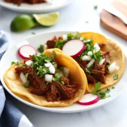 Für die Birria Beef Tacos benötigst du: - 1,4 kg Rindfleisch (Chuck Roast), in Stücke geschnitten - 4 getrocknete Guajillo-Chilis, Stiele und Kerne entfernt - 2 getrocknete Ancho-Chilis, Stiele und Kerne entfernt - 1 mittelgroße Zwiebel, gehackt - 4 Knoblauchzehen, fein gehackt - 1 Teelöffel Kreuzkümmel (gemahlen) - 1 Teelöffel Oregano (getrocknet) - 2 Lorbeerblätter - 1 Liter Rinderbrühe - 2 Esslöffel Apfelessig - Salz und Pfeffer nach Geschmack - Tortillas aus Mais Diese Hauptzutaten machen dein Gericht herzhaft und voller Geschmack. Die Gewürze und Aromen sind wichtig. Sie bringen Tiefe und Komplexität in dein Gericht. - Kreuzkümmel sorgt für einen erdigen Geschmack. - Oregano fügt eine frische Note hinzu. - Die Guajillo- und Ancho-Chilis geben eine milde Schärfe und eine schöne Farbe. - Knoblauch und Zwiebel bieten Aroma und Süße. Diese Gewürze machen die Birria Beef Tacos einzigartig. Die richtigen Beilagen und Garnierungen machen die Tacos noch besser. - Frischer Koriander bringt Frische. - Limettenschnitze sorgen für einen saftigen Kick. - Gehackte Zwiebeln geben Crunch und Geschmack. - Radieschenscheiben bringen eine schöne Farbe. Diese Beilagen machen die Tacos nicht nur lecker, sondern auch schön anzusehen. {{ingredient_image_2}} Zuerst röste die Guajillo- und Ancho-Chilis in einer heißen Pfanne. Warte 2-3 Minuten, bis sie gut riechen. Achte darauf, dass sie nicht verbrennen. Danach lege die Chilis in eine Schüssel und übergieße sie mit heißem Wasser. Lass sie 15-20 Minuten einweichen, bis sie weich sind. Das macht die Chilis geschmackvoller. Gib die eingeweichten Chilis in einen Mixer. Füge die gehackte Zwiebel, den Knoblauch, Kreuzkümmel, Oregano, Lorbeerblätter, Apfelessig und eine Prise Salz dazu. Gieße etwa 250 ml Rinderbrühe hinein, um das Pürieren zu erleichtern. Mixe die Mischung, bis sie ganz glatt ist. Probiere die Soße und passe den Geschmack nach deinem Wunsch an. Erhitze etwas Öl in einem großen Topf oder Dutch Oven. Würze das Rindfleisch mit Salz und Pfeffer. Brate die Stücke in Chargen an, bis sie schön gebräunt sind. Danach nimm das Fleisch heraus und lege es beiseite. - Zutaten kombinieren und aufkochen: Gib das angebratene Rindfleisch zurück in den Topf. Gieße die Chili-Soße über das Fleisch und füge die restliche Rinderbrühe hinzu. Lass alles aufkochen. - Garen des Rindfleischs und Zerkleinern: Decke den Topf ab und reduziere die Hitze. Lass das Fleisch 3-4 Stunden lang kochen, bis es zart ist. Du kannst auch einen Schnellkochtopf nutzen, um die Zeit auf 45 Minuten zu verkürzen. Nimm das Rindfleisch heraus und zerkleinere es mit zwei Gabeln. - Tortillas erwärmen und Tacos zusammenstellen: Erwärme die Maistortillas in einer separaten Pfanne. Fülle jede Tortilla mit dem zerkleinerten Rindfleisch. Belege sie mit gehackten Zwiebeln und frischem Koriander. Serviere die Tacos mit Limettenschnitzen. Diese Schritte sorgen dafür, dass deine Birria Beef Tacos lecker und saftig werden! Für Birria Beef Tacos sind die richtigen Chilis wichtig. Ich empfehle, Guajillo- und Ancho-Chilis zu verwenden. Guajillo-Chilis bringen eine milde Schärfe und süßen Geschmack. Ancho-Chilis fügen eine fruchtige Note hinzu. Röste die Chilis in einer Pfanne, bis sie duften. Das verbessert den Geschmack. Achte darauf, sie nicht zu verbrennen. Nach dem Rösten weiche sie in heißem Wasser ein. So werden sie weich und leicht zu pürieren. Die Garzeit des Rindfleischs ist entscheidend. Ich empfehle, das Fleisch langsam zu garen. So wird es zart und saftig. Verwende einen Dutch Oven oder einen großen Topf. Brate das Fleisch zuerst an, bis es braun ist. Dies gibt mehr Geschmack. Danach koche das Fleisch in der Chili-Soße für 3-4 Stunden. Alternativ kannst du einen Schnellkochtopf nutzen. So verkürzt sich die Garzeit auf etwa 45 Minuten. Das Ergebnis bleibt köstlich und sehr zart. Das Zusammenstellen der Tacos ist einfach, aber wichtig. Erwärme die Maistortillas in einer Pfanne. So werden sie weich und biegsam. Fülle jede Tortilla mit dem zerkleinerten Rindfleisch. Das Fleisch sollte gut gewürzt und saftig sein. Belege die Tacos mit gehackten Zwiebeln und frischem Koriander. Limettenschnitze dazugeben, bringt Frische. Serviere die Tacos mit einer kleinen Schüssel der Soße zum Dippen. So wird jede Biss ein Genuss! Pro Tipps Chilis richtig rösten: Achte darauf, die Chilis nur kurz zu rösten, um ihren Geschmack zu intensivieren, ohne sie zu verbrennen. Der richtige Zeitpunkt ist, wenn sie anfangen zu duften. Fleisch zart machen: Lasse das Rindfleisch lange genug köcheln, damit es schön zart wird. Wenn du einen Schnellkochtopf verwendest, achte darauf, die Garzeit genau zu timen. Die perfekte Soße: Püriere die Soße gründlich, damit sie eine samtige Textur hat. Ein wenig Brühe hilft, die Mischung leichter zu verarbeiten. Tortillas erwärmen: Wärme die Tortillas in einer trockenen Pfanne auf, bis sie biegsam sind. Dies sorgt dafür, dass sie beim Füllen nicht reißen. {{image_4}} Birria Tacos mit Käse sind ein Hochgenuss! Du kannst Käse direkt in die Tacos geben oder sie einfach darüber streuen. Der Käse schmilzt und macht die Tacos noch leckerer. Verwende für diesen Twist Queso Oaxaca oder Cheddar. Der geschmolzene Käse verbindet sich perfekt mit dem zarten Rindfleisch. Du wirst den herzhaften Geschmack lieben! Für eine vegane Variante kannst du pflanzliche Zutaten nutzen. Statt Rindfleisch verwende Jackfruit oder Tofu. Diese Optionen nehmen die Gewürze gut auf. Das gibt dir den gleichen köstlichen Geschmack. Du kannst auch schwarze Bohnen oder Linsen verwenden. Diese Zutaten sind nahrhaft und lecker. Achte darauf, die Gewürze anzupassen, um den vollen Geschmack zu erhalten. Die Saucen und Beilagen machen Birria Tacos noch spannender. Probiere verschiedene Salsas aus! Eine scharfe Salsa verde oder eine milde Tomatensalsa passt gut. Auch Guacamole ist eine tolle Ergänzung. Du kannst die Tacos mit frischem Gemüse, wie Radieschen oder Salat, anrichten. Diese Beilagen bringen Frische und Crunch in dein Gericht. Um die Birria Tacos frisch zu halten, bewahre sie in einem luftdichten Behälter auf. Lass die Tacos vor dem Lagern abkühlen. Du kannst die Reste bis zu drei Tage im Kühlschrank aufbewahren. Vermeide es, die Tacos bereits gefüllt zu lagern. Lagere die Tortillas und das Rindfleisch getrennt. Das übrig gebliebene Rindfleisch lässt sich gut einfrieren. Zerkleinere das Fleisch und lege es in einen gefrierfesten Beutel. Drücke die Luft heraus und schließe den Beutel. So bleibt das Fleisch bis zu drei Monate frisch. Achte darauf, die Rinderbrühe ebenfalls zu speichern. So bleibt das Fleisch saftig. Um die Tacos aufzuwärmen, benutze eine Pfanne. Erhitze sie bei mittlerer Hitze. Lege die Tortillas in die Pfanne für etwa 30 Sekunden pro Seite. Füge dann das zerkleinerte Rindfleisch hinzu. Das Fleisch kannst du auch in der Mikrowelle aufwärmen. Stelle sie in eine mikrowellengeeignete Schüssel und decke sie ab. So bleibt das Fleisch saftig. Birria Beef Tacos sind gefüllte Tortillas mit zartem Rindfleisch und würziger Soße. Das Fleisch wird langsam gegart und hat einen tollen Geschmack. Oft serviert man sie mit frischem Koriander und Zwiebeln. Die Tacos sind ein beliebtes Gericht aus Mexiko. Du kannst sie auch mit einer scharfen Soße genießen. Birria Tacos bleiben im Kühlschrank für etwa drei Tage frisch. Um sie länger zu lagern, kannst du das Rindfleisch abdecken und einfrieren. So bleibt der Geschmack erhalten. Achte darauf, die Tacos gut zu verpacken, um Gefrierbrand zu vermeiden. Um die besten Birria Tacos zu finden, frage Freunde oder schaue online nach Restaurants in deiner Nähe. Oft haben Food-Blogger gute Tipps. Streetfood-Märkte sind auch tolle Orte, um authentische Birria Tacos zu probieren. Probiere verschiedene Orte aus, um deinen Favoriten zu finden. Ja, du kannst Birria Beef Tacos im Voraus zubereiten. Koche das Rindfleisch einen Tag vorher und lagere es im Kühlschrank. Am nächsten Tag kannst du die Tacos schnell zusammenstellen. Die Aromen ziehen über Nacht noch besser durch. So sparst du Zeit und kannst die Tacos schneller servieren. Birria Beef Tacos sind ein Genuss. Wir haben die wichtigsten Zutaten und Schritte durchgegangen. Gewürze sorgen für den perfekten Geschmack. Tolle Tipps helfen beim Garen und Zusammenstellen. Variationen bieten für jeden etwas. Achte auf die richtige Lagerung, um die Tacos frisch zu halten. Mit diesen Informationen kannst du jetzt deine eigenen Birria Tacos machen. Genieße jeden Biss!
