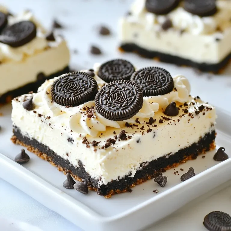 Für die No Bake Oreo Cheesecake Bars benötigst du: - 24 Oreo-Kekse (plus 2 zum Garnieren), zerbrochen - 60 ml ungesalzene Butter, geschmolzen - 450 g Frischkäse, weich - 125 g Puderzucker - 1 Teelöffel Vanilleextrakt - 240 ml Schlagsahne - 75 g Mini-Schokoladenstückchen (für zusätzlichen Biss) Diese Zutaten sorgen für einen leckeren und cremigen Käsekuchen mit einem knusprigen Keksboden. Die Mengenangaben sind einfach und leicht zu merken. Du kannst die Oreo-Kekse durch andere Kekse ersetzen, wenn du magst. Für einen glutenfreien Keksboden wähle glutenfreie Kekse. Du kannst auch andere Frischkäse-Alternativen verwenden, wie zum Beispiel veganen Frischkäse. Wähle frischen Frischkäse für den besten Geschmack. Achte darauf, dass die Schlagsahne gut gekühlt ist, um die besten Ergebnisse zu erzielen. Die Qualität der Oreo-Kekse macht einen großen Unterschied. Verwende die Original-Oreos für den besten Geschmack. Wenn du magst, kannst du auch die normale Butter durch pflanzliche Butter ersetzen. So kannst du die Bars noch etwas gesünder machen. {{ingredient_image_2}} Zuerst zerbrich 24 Oreo-Kekse in kleine Stücke. Du kannst sie mit einem Nudelholz oder in einem Gefrierbeutel zerdrücken. Gib die Keksbrösel in eine mittelgroße Schüssel. Füge 60 ml geschmolzene Butter hinzu. Vermische alles gut, bis die Keksbrösel gleichmäßig mit Butter überzogen sind. Drücke die Mischung fest in den Boden einer 23x23 cm Backform. Nutze den Boden eines Messbechers, um eine feste Kruste zu formen. Stelle die Form zur Seite. Nimm 450 g weichen Frischkäse in eine große Rührschüssel. Schlage ihn mit einem elektrischen Mixer glatt und cremig. Füge nach und nach 125 g Puderzucker und 1 Teelöffel Vanilleextrakt hinzu. Mische alles gut, bis es gleichmäßig ist. In einer separaten Schüssel schlage 240 ml Schlagsahne, bis sie steife Spitzen bildet. Heben die geschlagene Sahne vorsichtig unter die Frischkäse-Mischung. Zum Schluss rühre 75 g Mini-Schokoladenstückchen ein, um einen zusätzlichen Crunch zu bekommen. Gieße die Käsekuchenfüllung gleichmäßig über die bereitgestellte Oreo-Kruste. Benutze einen Spatel, um die Oberfläche glatt zu streichen. Decke die Backform ab und stelle sie für mindestens 4 Stunden in den Kühlschrank, bis die Riegel fest sind. Vor dem Servieren zerbrösele die restlichen 2 Oreo-Kekse und streue sie über die Käsekuchenfüllung. Schneide die Riegel in quadratische Stücke und serviere sie kalt. Um die perfekte Konsistenz für deine No Bake Oreo Cheesecake Bars zu erreichen, achte auf die folgenden Punkte: - Frischkäse: Verwende weichen Frischkäse. Lass ihn vorher etwas bei Raumtemperatur stehen. - Sahne: Schlage die Sahne, bis sie steife Spitzen hat. So wird die Füllung leicht und luftig. - Kühlen: Lasse die Riegel mindestens vier Stunden im Kühlschrank. Dadurch werden sie fest und lassen sich gut schneiden. Einige häufige Fehler können das Ergebnis beeinträchtigen. Hier sind einige Tipps: - Zu viel Luft: Mische die Sahne vorsichtig unter die Frischkäse-Mischung. Zu viel Luft kann die Füllung wässrig machen. - Kruste: Drücke die Keksbasis fest in die Form. Eine lockere Kruste zerbricht leicht. - Kühlzeit: Kühle die Riegel länger, wenn sie nicht fest genug sind. Geduld ist hier wichtig. Die Präsentation macht viel aus. Hier sind einige Ideen, um deine Bars schön zu servieren: - Garnierung: Zerbrich die restlichen Oreo-Kekse und streue sie oben auf die Käsekuchenfüllung. Das sieht toll aus! - Stücke schneiden: Verwende ein heißes Messer, um saubere Schnitte zu machen. So sehen die Stücke besser aus. - Servieren: Stelle die Riegel auf einem schönen Teller oder einer Platten. Das gibt dem Dessert einen besonderen Touch. Pro Tipps Frischkäse vorbereiten: Stellen Sie sicher, dass der Frischkäse Zimmertemperatur hat, um eine glatte und klumpenfreie Käsekuchenfüllung zu erhalten. Schlagsahne richtig schlagen: Schlagen Sie die Sahne bis zu steifen Spitzen, um eine luftigere Textur in der Füllung zu erzielen. Variationen ausprobieren: Fügen Sie andere Kekssorten oder Aromen hinzu, wie Minze oder Erdnussbutter, um die Geschmacksrichtung zu verändern. Vor dem Servieren kühlen: Lassen Sie die Käsekuchenriegel vollständig im Kühlschrank abkühlen, damit sie fest werden und sich leichter schneiden lassen. {{image_4}} Du kannst deine No Bake Oreo Cheesecake Bars mit vielen Toppings aufpeppen. Hier sind einige Ideen: - Frische Früchte: Erdbeeren, Himbeeren oder Blaubeeren bringen Frische. - Schokoladensauce: Ein Schuss flüssige Schokolade macht alles besser. - Nüsse: Gehackte Walnüsse oder Mandeln geben einen tollen Crunch. - Karamellsoße: Ein süßer Karamell-Twist ist immer eine gute Wahl. Diese Toppings machen dein Dessert noch spannender. Oreo-Kekse sind toll, aber du kannst auch andere Kekse verwenden. Hier sind einige Vorschläge: - Chocolate Chip Cookies: Sie bringen eine süße Note in die Kruste. - Graham Crackers: Diese Kekse geben einen leichten, knusprigen Geschmack. - Biscotti: Für einen besonderen Crunch und Aroma. Experimentiere mit verschiedenen Keksen und finde deinen Favoriten. Wenn du besondere Diäten beachtest, gibt es viele Alternativen: - Vegane Kekse: Nutze vegane Kekse und pflanzliche Butter. - Kokoscreme: Ersetze Frischkäse durch Kokoscreme für eine cremige Textur. - Glutenfreie Kekse: Suche nach glutenfreien Oreos für die Kruste. Mit diesen Alternativen kannst du alle glücklich machen. Um die No Bake Oreo Cheesecake Bars frisch zu halten, lege sie in einen Behälter. Wähle einen luftdichten Behälter, damit sie nicht austrocknen. Du kannst die Riegel entweder ganz lassen oder bereits in Stücke schneiden. Wenn du sie in Stücke schneidest, lege ein Stück Backpapier zwischen die Riegel, damit sie nicht aneinander kleben. Im Kühlschrank halten die Käsekuchenriegel bis zu einer Woche. Du kannst sie auch einfrieren! Im Gefrierfach bleiben sie bis zu drei Monate frisch. Achte darauf, sie gut einzupacken, bevor du sie ins Gefrierfach legst. So bleiben sie lecker und sehen gut aus, wenn du sie später genießt. Wenn du die Riegel portionierst, benutze einen scharfen Messer. So erhältst du schöne, gleichmäßige Stücke. Wenn du die Riegel wiederverschließt, stelle sicher, dass der Deckel fest sitzt. Das hilft, den Geschmack zu bewahren. Du kannst auch kleine Stücke in Frischhaltefolie einwickeln. So sind sie bereit für einen schnellen Snack! Die Käsekuchenriegel brauchen mindestens 4 Stunden im Kühlschrank, um fest zu werden. Wenn du Zeit hast, lasse sie am besten über Nacht stehen. So sind sie perfekt fest und leicht zu schneiden. Die Kälte hilft der Füllung, sich gut zu setzen. Dies macht die Riegel auch einfacher zu servieren. Ja, du kannst die Riegel mit anderen Füllungen machen! Nutze beispielsweise verschiedene Kekse wie Butterkekse oder Schokoladenkekse. Du kannst auch Fruchtpürees oder Schokoladencreme hinzufügen. Sei kreativ mit dem, was du magst. Denke daran, die Textur und den Geschmack anzupassen, wenn du neue Füllungen ausprobierst. Wenn du keinen Frischkäse hast, gibt es gute Alternativen. Du kannst Mascarpone oder griechischen Joghurt verwenden. Beide geben einen ähnlichen Geschmack und eine cremige Textur. Achte darauf, dass der Joghurt gut abgetropft ist, um die Füllung nicht zu wässrig zu machen. So gelingt dir die perfekte Käsekuchenfüllung auch ohne Frischkäse! Der No Bake Oreo Cheesecake Bar ist einfach zuzubereiten. Wir haben die Hauptzutaten, Mengen und Tipps zur Auswahl besprochen. Die Schritt-für-Schritt-Anleitung macht das Nachmachen leicht. Du kannst die Konsistenz perfekt hinbekommen, wenn du die häufigsten Fehler vermeidest. Tolle Präsentation macht dein Dessert noch ansprechender. Denk daran, Variationen und Alternativen auszuprobieren. Sie garantieren neuen Geschmack. Bewahre die Riegel richtig auf, damit sie frisch bleiben. Jetzt bist du bereit, das Rezept auszuprobieren. Genieße jeden Bissen!