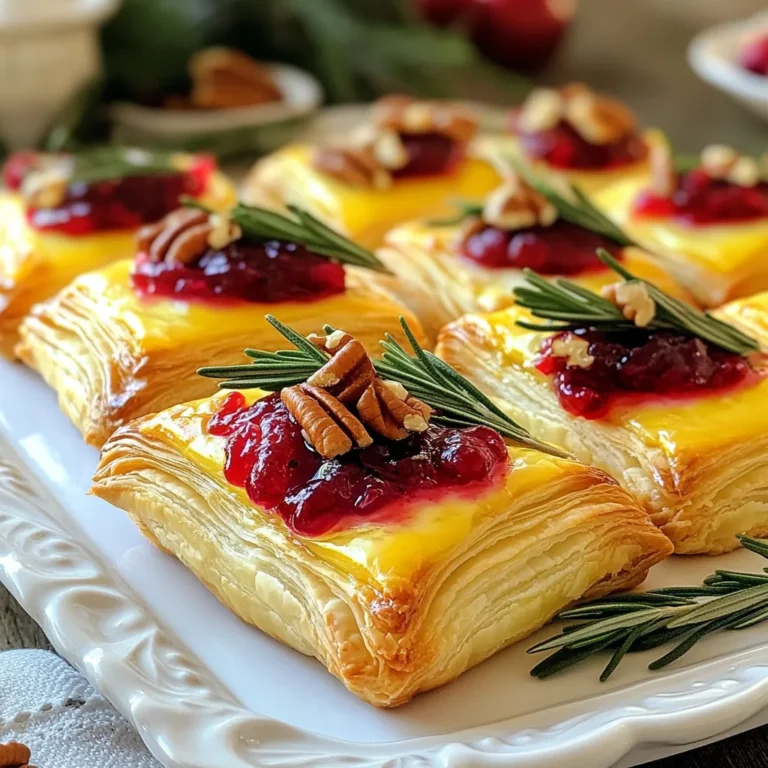 - 1 Packung Blätterteig (2 Blätter), aufgetaut - 225 g Brie-Käse, in kleine Würfel geschnitten - 240 ml Preiselbeersauce (frisch oder aus dem Laden) Die Hauptzutaten sind einfach und leicht zu finden. Der Blätterteig sorgt für eine knusprige Basis. Der Brie-Käse bringt einen cremigen Geschmack. Die Preiselbeersauce fügt eine süße Note hinzu, die perfekt mit dem Käse harmoniert. - 1 Esslöffel frischer Rosmarin, fein gehackt - Salz und Pfeffer nach Geschmack - Optional: gehackte Pekannüsse oder Walnüsse als Topping Die Gewürze geben den Häppchen den letzten Schliff. Frischer Rosmarin bringt ein tolles Aroma. Salz und Pfeffer helfen, die Aromen zu verstärken. Wenn du magst, kannst du Nüsse hinzufügen. Sie geben einen knackigen Biss und mehr Geschmack. {{ingredient_image_2}} 1. Heize deinen Ofen auf 200°C (400°F) vor. Ein heißer Ofen sorgt für knusprige Häppchen. 2. Bestäube deine Arbeitsfläche leicht mit Mehl. 3. Rolle die Blätterteigblätter aus, bis sie etwa 0,6 cm dick sind. 4. Schneide jedes Blatt in 7,5 cm große Quadrate. Du solltest etwa 24 Quadrate erhalten. 1. Lege in die Mitte jedes Quadrats einen kleinen Würfel Brie-Käse. Wähle einen Käse mit viel Geschmack. 2. Gib etwa einen Teelöffel Preiselbeersauce über den Brie. Die Süße der Sauce passt gut zum Käse. 3. Bestreue jede Füllung mit einer Prise frischem Rosmarin, Salz und Pfeffer. 4. Füge nach Belieben gehackte Nüsse hinzu. Sie bringen einen schönen Crunch. 1. Falte die Ecken der Teigquadrate zur Mitte. Drücke sie fest, um kleine Päckchen zu formen. 2. Bestreiche die Oberseite der Teigpäckchen mit dem geschlagenen Ei. Das gibt eine goldbraune Farbe. 3. Backe die Häppchen im vorgeheizten Ofen für etwa 15 Minuten. Sie sind fertig, wenn der Teig aufgegangen und goldbraun ist. 4. Nimm die Häppchen aus dem Ofen und lasse sie kurz abkühlen. Serviere sie warm für den besten Geschmack. - Teig nicht zu dick ausrollen: Wenn du den Teig zu dick machst, wird er nicht schön knusprig. Halte ihn bei etwa 0,6 cm. So wird der Teig lecker und leicht. - Ausreichend Abstand zwischen den Häppchen lassen: Lasse genug Platz auf dem Blech. So können die Häppchen gleichmäßig backen und laufen nicht zusammen. - Richtige Backzeit und Temperatur: Backe die Häppchen bei 200°C für etwa 15 Minuten. Achte darauf, dass sie goldbraun sind. So sind sie perfekt. - Abkühlen vor dem Servieren: Lass die Häppchen kurz abkühlen. So sind sie angenehmer zu essen. Sie sind dann nicht mehr so heiß und bleiben knusprig. - Anrichten auf einem festlichen Tablett: Stelle die Häppchen auf ein schönes, festliches Tablett. Das wirkt einladend und schick für deine Gäste. - Garnierung mit Rosmarin: Dekoriere die Häppchen mit frischem Rosmarin. Das sieht toll aus und gibt einen zusätzlichen Geschmack. Pro Tipps Blätterteig kühlen: Halten Sie den Blätterteig im Kühlschrank, bis Sie bereit sind, ihn zu verwenden, um ein Ausrollen zu erleichtern und die Blätterteigschichten knusprig zu halten. Frische Kräuter: Verwenden Sie frischen Rosmarin für intensiveren Geschmack. Sie können auch Thymian oder Oregano ausprobieren, um eine andere Geschmacksrichtung zu erzielen. Brie-Käse vorbereiten: Lassen Sie den Brie-Käse vor dem Schneiden auf Raumtemperatur kommen, damit er sich leichter in Würfel schneiden lässt. Serviervorschlag: Servieren Sie die Häppchen mit einer zusätzlichen Schale Preiselbeersauce zum Dippen für mehr Geschmack und Präsentation. {{image_4}} Eine einfache Möglichkeit, die Häppchen zu variieren, ist der Käse. Statt Brie kannst du Gouda oder Ziegenkäse verwenden. Diese Käsesorten haben verschiedene Aromen, die gut mit der Preiselbeersauce harmonieren. Du kannst auch andere Fruchtsoßen nutzen. Mango- oder Himbeersoße bringen eine frische Note. Diese Varianten machen deine Häppchen einzigartig. Wenn du eine vegetarische Füllung suchst, probiere Gemüse. Spinat oder gegrillte Paprika sind gute Optionen. Du kannst auch frische Kräuter wie Basilikum oder Thymian hinzufügen. Diese bringen frischen Geschmack und Farbe. Diese Variante ist leicht und gesund. Sie passt gut zu einem festlichen Anlass oder einem gemütlichen Abend. Möchtest du die Häppchen im Voraus zubereiten? Das ist einfach. Bereite die Häppchen bis zum Backen vor. Lege sie auf ein Backblech und friere sie ein. Wenn du sie backen möchtest, nimm sie einfach heraus und backe sie direkt. Du musst die Backzeit nicht ändern. Diese Methode sorgt für frische Häppchen, wann immer du sie brauchst. Lagern Sie die restlichen Cranberry Brie Häppchen im Kühlschrank. Wickeln Sie sie in Frischhaltefolie oder legen Sie sie in einen luftdichten Behälter. So bleiben sie frisch. Genießen Sie sie innerhalb von drei Tagen. Sie können die Häppchen auch einfrieren. Legen Sie sie nach dem Backen auf ein Blech. Frieren Sie sie für etwa zwei Stunden ein. Danach können Sie sie in einen Gefrierbeutel umfüllen. So sparen Sie Platz. Zum Auftauen lassen Sie sie über Nacht im Kühlschrank. Um die Häppchen wieder warm zu machen, heizen Sie Ihren Ofen auf 175°C vor. Legen Sie die Häppchen auf ein Backblech. Backen Sie sie für etwa 10 Minuten. So werden sie knusprig und lecker. Die Cranberry Brie Häppchen bleiben im Kühlschrank etwa 3 Tage frisch. Lagern Sie sie in einem luftdichten Behälter. Im Gefrierfach halten sie bis zu 3 Monate. Stellen Sie sicher, dass Sie die Häppchen gut verpacken, um Gefrierbrand zu vermeiden. Zum Auftauen legen Sie sie einfach über Nacht in den Kühlschrank. Ja, Sie können die Häppchen im Voraus zubereiten. Bereiten Sie die Häppchen bis zum Backen vor. Legen Sie sie dann auf ein Blech und decken Sie sie ab. Lagern Sie die ungebakten Häppchen im Kühlschrank für bis zu 24 Stunden. Alternativ können Sie sie auch einfrieren und später backen. Achten Sie darauf, sie gut zu verpacken. Die Häppchen schmecken hervorragend mit verschiedenen Dips. Hier sind einige Vorschläge: - Honig oder Balsamico-Glasur für einen süßen Kontrast. - Fruchtige Salsas, wie Mango oder Ananas. - Ein einfacher Joghurt-Dip mit Kräutern. Auf einem festlichen Tisch können Sie auch Nüsse oder frisches Obst dazu legen. Die Cranberry Brie Häppchen sind einfach und lecker. Wir haben die Hauptzutaten, wie Blätterteig und Brie, genau besprochen. Die Tipps helfen, häufige Fehler zu vermeiden und tolle Ergebnisse zu erzielen. Variationen, wie vegetarische Optionen oder das Einfrieren, bieten viele Möglichkeiten. Achte darauf, die Häppchen richtig aufzubewahren, damit sie frisch bleiben. Diese kleinen Snacks sind perfekt für Feiern oder den kleinen Hunger zwischendurch. Probiere sie aus und lass dich von ihrem Geschmack begeistern!