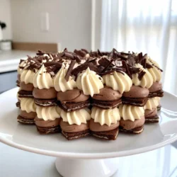 - 2 Tassen stark gebrühter Kaffee, abgekühlt - 1 Tasse Schlagsahne - 1/2 Tasse Puderzucker - 1 Teelöffel Vanilleextrakt - 2 Esslöffel Kakaopulver - 1 Packung (15oz) Schokoladenwafer-Kekse - 1 Tasse Mascarpone-Käse - 1/4 Tasse Schokoladenspäne zur Garnierung Die Hauptzutaten für die Mocha Layered Icebox Cake sind einfach und lecker. Stark gebrühter Kaffee bringt den vollen Geschmack. Schlagsahne sorgt für die leichte Textur. Puderzucker gibt der Schlagsahne die nötige Süße. Zusätzliche Zutaten wie Vanilleextrakt und Kakaopulver machen die Schlagsahne noch aromatischer. Schokoladenwafer-Kekse sind perfekt, um eine schokoladige Basis zu schaffen. Mascarpone-Käse verleiht dem Ganzen eine cremige Note. Schließlich bringen Schokoladenspäne den letzten Schliff auf die Torte. Diese Zutaten sind leicht zu finden und machen die Zubereitung einfach. Sie ermöglichen es jedem, diese leckere Torte zu Hause zu machen. Genießen Sie es, die verschiedenen Geschmäcker zu kombinieren! {{ingredient_image_2}} Um die Schlagsahne vorzubereiten, brauchen Sie eine große Rührschüssel. Geben Sie die Schlagsahne, Puderzucker und Kakaopulver hinein. Schlagen Sie die Mischung mit einem Handmixer auf. Achten Sie darauf, dass weiche Spitzen entstehen. Das sorgt für eine schokoladige Textur. Fügen Sie zum Schluss einen Teelöffel Vanilleextrakt hinzu. Das bringt einen feinen Geschmack in die Schlagsahne. Nun bereiten Sie den Kaffee vor. Nutzen Sie zwei Tassen stark gebrühten Kaffee. Lassen Sie ihn abkühlen, damit er später die Kekse nicht matschig macht. Wenn Sie es süßer mögen, können Sie etwas Zucker hinzufügen. Rühren Sie den Zucker gut ein, bis er sich auflöst. Jetzt beginnt der spaßige Teil: das Schichten der Torte. Tauchen Sie jeden Schokoladenwafer-Keks schnell in den abgekühlten Kaffee. Achten Sie darauf, dass die Kekse nicht durchweichen. Legen Sie die getauchten Kekse dann in eine rechteckige Form. Das bildet die erste Schicht. Verteilen Sie etwa ein Drittel der schokoladigen Schlagsahne gleichmäßig über die Kekse. Fügen Sie eine weitere Schicht der getauchten Kekse hinzu, gefolgt von mehr Schlagsahne. Wiederholen Sie diesen Vorgang, bis Sie drei Schichten haben. Die letzte Schicht sollte Schlagsahne sein. Zum Schluss geben Sie einige Löffel Mascarpone-Käse auf die oberste Schicht. Marmorieren Sie den Käse sanft mit einem Spatel. Das sorgt für eine schöne Optik. Decken Sie die Form mit Frischhaltefolie ab. Stellen Sie die Torte für mindestens vier Stunden in den Kühlschrank. So entfalten sich die Aromen und die Kekse werden weich. - Um weiche Spitzen zu erreichen, schlagen Sie die Sahne nicht zu lange. Hören Sie auf, wenn sich leichte Spitzen bilden. - Verwenden Sie kalte Utensilien. Kalte Schüsseln und Rührbesen helfen, die Sahne besser aufzuschlagen. - Um ein Durchweichen der Kekse zu vermeiden, tauchen Sie die Kekse schnell in den Kaffee. Lassen Sie sie nicht zu lange darin. - Sie können verschiedene Kekse verwenden, um zusätzliche Texturen zu schaffen. Zum Beispiel, versuchen Sie Vanillekekse oder Karamellkekse für einen neuen Geschmack. - Fügen Sie zusätzliche Aromen hinzu, wie einen Schuss Kaffeelikör oder Zimt. Diese geben dem Kuchen einen besonderen Kick. - Lassen Sie den Kuchen mindestens vier Stunden im Kühlschrank stehen. Über Nacht ist noch besser. So entfalten sich die Aromen gut und die Kekse werden weich. Pro Tipps Kekse nicht zu lange eintauchen: Tauchen Sie die Schokoladenwafer-Kekse nur kurz in den Kaffee, damit sie weich werden, aber nicht zerfallen. Mascarpone-Käse richtig marmorieren: Verwenden Sie einen Spatel, um den Mascarpone-Käse sanft in die Schlagsahne zu marmorieren, um eine ansprechende Optik zu erzielen. Über Nacht kühlen: Lassen Sie den Kuchen über Nacht im Kühlschrank, damit die Aromen gut durchziehen und die Kekse die perfekte Konsistenz erreichen. Garnierung hinzufügen: Bestreuen Sie den Kuchen vor dem Servieren mit Schokoladenspänen für einen zusätzlichen Geschmack und eine elegante Präsentation. {{image_4}} Für die Mocha Layered Icebox Cake gibt es viele schokoladige Alternativen. Du kannst verschiedene Kekse verwenden. Zum Beispiel sind Butterkekse oder Oreos eine gute Wahl. Sie bringen eine andere Textur und einen neuen Geschmack. Auch die Schlagsahne kann variieren. Du kannst aromatisierte Sahne machen. Zum Beispiel füge einen Esslöffel Kakaopulver für extra Schokolade hinzu. Oder probiere etwas Zimt für eine warme Note. Diese kleinen Änderungen machen einen großen Unterschied. Zusätzliche Aromen bringen neuen Schwung. Probiere, einen Likör hinzuzufügen. Ein Schuss Baileys oder Amaretto kann die Schichten verfeinern. Diese Liköre passen gut zu Kaffee und Schokolade. Du kannst auch frische Früchte hinzufügen. Ein paar Scheiben Banane oder Beeren geben einen frischen Twist. Diese Ergänzungen sorgen für einen schönen Kontrast zur Schokolade. Wenn du glutenfrei essen möchtest, gibt es auch tolle Optionen. Verwende glutenfreie Kekse. Es gibt viele Marken, die köstliche Alternativen anbieten. Diese Kekse sind oft genauso knusprig. Achte darauf, das Rezept anzupassen. Manchmal brauchen glutenfreie Kekse mehr Feuchtigkeit. Füge ein wenig mehr Sahne oder Mascarpone hinzu. So erhältst du die beste Konsistenz und einen leckeren Geschmack. Die Mocha Layered Icebox Cake braucht kühle Temperaturen. Der optimale Kühlschrankzeitraum beträgt mindestens 4 Stunden. Ich empfehle, die Torte über Nacht im Kühlschrank zu lassen. So können sich die Aromen gut entfalten. Die Kekse werden weich, was die Textur verbessert. Um die Frische zu bewahren, decken Sie die Torte mit Frischhaltefolie ab. Haben Sie Reste? Lagern Sie diese in einem luftdichten Behälter. So bleibt die Torte frisch und lecker. Sie hält sich bis zu 3 Tage im Kühlschrank. Achten Sie darauf, die Reste gut abzudecken, damit keine Gerüche von anderen Lebensmitteln eindringen. Wenn Sie die Torte länger aufbewahren möchten, können Sie sie einfrieren. Schneiden Sie die Stücke in Portionen, bevor Sie sie einpacken. Wickeln Sie jede Portion in Frischhaltefolie und legen Sie sie in einen Gefrierbehälter. So bleibt die Torte bis zu 2 Monate haltbar. Zum Auftauen, lassen Sie die Stücke im Kühlschrank über Nacht. Servieren Sie die Torte gekühlt für den besten Geschmack. Die Mocha Layered Icebox Cake bleibt frisch für etwa 3 bis 5 Tage im Kühlschrank. Um die beste Qualität zu sichern, decken Sie die Torte gut ab. Verwenden Sie Frischhaltefolie oder einen luftdichten Behälter. So bleibt die Torte feucht und die Aromen erhalten. Stellen Sie sicher, dass die Torte nicht mit anderen starken Gerüchen in Kontakt kommt. Das kann ihren Geschmack verändern. Ja, Sie können den Kaffee durch verschiedene Flüssigkeiten ersetzen. Eine gute Option ist die Verwendung von Milch oder pflanzenbasierten Alternativen wie Mandelmilch. Diese Varianten geben einen anderen, aber leckeren Geschmack. Sie können auch einen Fruchtsaft verwenden, um eine fruchtige Note hinzuzufügen. Denken Sie daran, dass die Konsistenz der Torte sich leicht ändern kann. Probieren Sie es aus, um Ihren perfekten Geschmack zu finden! Für die Garnierung Ihrer Mocha Layered Icebox Cake gibt es viele Optionen. Schokoladenspäne sind klassisch und lecker. Sie können auch frisch geschlagene Sahne hinzufügen, um die Torte noch reichhaltiger zu machen. Für eine fruchtige Note eignen sich Himbeeren oder Erdbeeren gut. Nüsse wie gehackte Mandeln oder Walnüsse geben zusätzlichen Crunch. Experimentieren Sie mit verschiedenen Toppings, um Ihre persönliche Lieblingsversion zu finden! Diese Torte ist ein echter Genuss und einfach zuzubereiten. Wir haben die Hauptzutaten wie stark gebrühten Kaffee, Schlagsahne und Puderzucker genutzt. Mit unseren Tipps zur perfekten Schlagsahne und leckeren Variationen können Sie Ihr Rezept anpassen. Lampen Sie ihre Kreativität mit neuen Aromen oder glutenfreien Optionen. Vergessen Sie nicht, die Torte richtig zu lagern für den besten Geschmack. Machen Sie sich bereit, Ihre Familie und Freunde mit dieser Mocha Layered Icebox Cake zu beeindrucken!