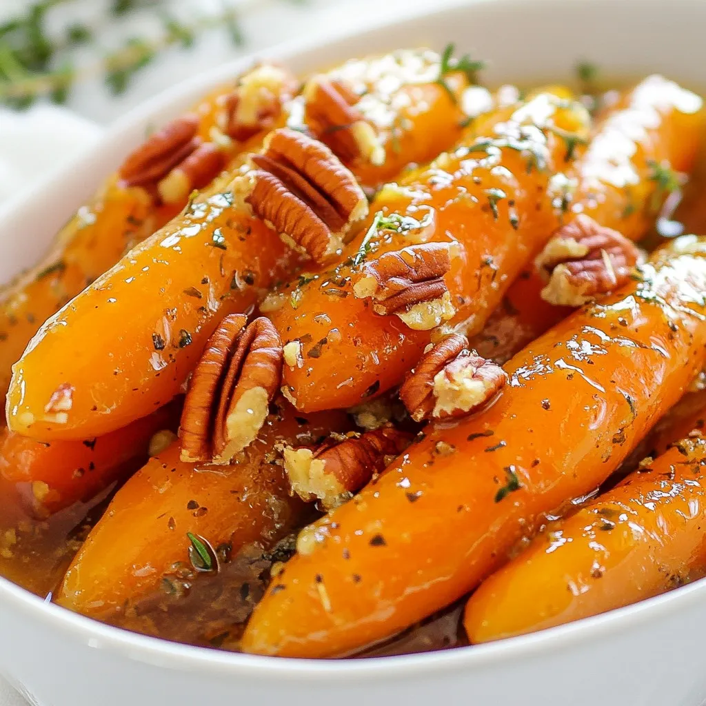 Für die köstlichen Ahornsirup-glasierten Karotten benötigen Sie folgende Hauptzutaten: - 450 g Babykarotten oder normale Karotten in Stifte - 4 Esslöffel ungesalzene Butter - 60 ml reiner Ahornsirup - 1 Esslöffel frischer Zitronensaft - 1 Teelöffel frische Thymianblätter oder 1/2 Teelöffel getrockneter Thymian - Salz und Pfeffer nach Geschmack Diese Zutaten geben den Karotten ihren süßen und herzhaften Geschmack. Wenn Sie keine Babykarotten haben, können Sie normale Karotten verwenden. Schälen Sie sie und schneiden Sie sie in gleichmäßige Stifte. Die Größe ist wichtig, damit sie gleichmäßig garen. Sie können auch andere Karottensorten ausprobieren, wie violette oder gelbe Karotten. Sie fügen Farbe und einen einzigartigen Geschmack hinzu. Um die Karotten noch besser zu machen, können Sie grobgehackte Pekannüsse hinzufügen. Diese geben einen schönen Crunch. Andere Optionen sind geröstete Mandeln oder frische Kräuter wie Petersilie. Diese Garnierungen machen das Gericht noch ansprechender und schmackhafter. {{ingredient_image_2}} Zuerst müssen wir die Karotten vorbereiten. Wenn Sie normale Karotten haben, schälen Sie sie. Schneiden Sie sie in Stifte, die etwa 0,5 cm dick sind. Wenn Sie Babykarotten nutzen, spülen Sie diese einfach gut ab. Stellen Sie sie dann beiseite. Heizen Sie eine große Pfanne bei mittlerer Hitze. Geben Sie die ungesalzene Butter hinein. Lassen Sie die Butter schmelzen, bis sie zu schäumen beginnt. Dies gibt den Karotten einen tollen Geschmack. Jetzt fügen Sie die vorbereiteten Karotten in die Pfanne hinzu. Sautieren Sie die Karotten etwa 5 Minuten lang. Sie sollten beginnen, weich zu werden. Gießen Sie dann den reinen Ahornsirup und den frischen Zitronensaft über die Karotten. Mischen Sie alles gut, damit die Karotten gleichmäßig bedeckt sind. Fügen Sie die frischen Thymianblätter hinzu. Würzen Sie die Mischung mit Salz und Pfeffer. Rühren Sie erneut um. Reduzieren Sie die Hitze auf niedrig. Decken Sie die Pfanne ab und lassen Sie die Karotten 10 bis 15 Minuten köcheln. Sie sollten zart und glänzend werden. Rühren Sie gelegentlich um, um ein Anbrennen zu vermeiden. Sobald die Karotten zart sind und die Glasur leicht eingedickt ist, nehmen Sie die Pfanne vom Herd. Übertragen Sie die glasierten Karotten in eine Servierschüssel. Wenn Sie möchten, bestreuen Sie die Karotten mit grob gehackten Pekannüssen. Das gibt zusätzlichen Crunch und macht das Gericht noch schmackhafter. Um die Karotten perfekt zart zu machen, ist die Kochzeit wichtig. Sautiere die Karotten zuerst für fünf Minuten. Dadurch werden sie weich, bevor du die Glasur hinzufügst. Reduziere dann die Hitze und lasse sie 10 bis 15 Minuten köcheln. So bleiben sie saftig und geschmackvoll. Achte darauf, sie regelmäßig umzurühren. Das verhindert das Anbrennen und sorgt für eine gleichmäßige Garung. Frische Kräuter geben deinen Karotten eine besondere Note. Nutze frische Thymianblätter für den besten Geschmack. Sie sind stark im Aroma und passen gut zum süßen Ahornsirup. Wenn du getrockneten Thymian verwendest, nimm die Hälfte der Menge. Getrocknete Kräuter sind konzentrierter, also sei vorsichtig. Du kannst auch frischen Schnittlauch oder Petersilie für einen anderen Geschmack hinzufügen. Ein häufiger Fehler ist, die Karotten zu lange zu kochen. Sie sollten zart, aber nicht matschig sein. Achte darauf, die Hitze rechtzeitig zu reduzieren. Ein weiterer Fehler ist, die Glasur nicht gleichmäßig zu verteilen. Rühre gut um, bevor du die Karotten köcheln lässt. Wenn du die Karotten nicht abdeckst, kann die Glasur zu schnell eindicken. Achte darauf, die Pfanne während des Kochens abzudecken. Pro Tipps Karotten gleichmäßig schneiden: Achten Sie darauf, die Karotten in gleichmäßige Stücke zu schneiden, damit sie gleichmäßig garen und eine einheitliche Textur erhalten. Ahornsirup-Qualität: Verwenden Sie hochwertigen, reinen Ahornsirup für den besten Geschmack. Der Unterschied in der Qualität kann das gesamte Gericht erheblich beeinflussen. Thymian frisch verwenden: Frischer Thymian bringt ein intensiveres Aroma als getrockneter. Wenn möglich, verwenden Sie frische Kräuter für beste Ergebnisse. Servieren Sie sofort: Diese glasierten Karotten schmecken am besten frisch zubereitet. Servieren Sie sie sofort, um die zarte Textur und den Glanz der Glasur zu genießen. {{image_4}} Fügen Sie eine knackige Textur hinzu, indem Sie Nüsse verwenden. Grobgehackte Pekannüsse oder Walnüsse passen gut. Sie fügen nicht nur Crunch hinzu, sondern auch gesunde Fette. Einfach die Nüsse am Ende über die Karotten streuen. Das bringt den Geschmack auf ein neues Level. Für eine vegane Glasur können Sie die Butter ersetzen. Verwenden Sie stattdessen pflanzliches Öl oder Margarine. Der Ahornsirup bleibt gleich und sorgt für die Süße. Diese Variante ist leicht und für alle geeignet. Genießen Sie die Karotten ohne tierische Produkte. Verleihen Sie den Karotten mehr Geschmack mit zusätzlichen Gewürzen. Zimt oder Muskatnuss sind tolle Optionen. Auch frische Kräuter wie Petersilie oder Dill passen gut. Experimentieren Sie mit verschiedenen Kombinationen. So finden Sie Ihren perfekten Geschmack. Um Reste von den Ahornsirup-glasierte Karotten aufzubewahren, lassen Sie sie zuerst abkühlen. Geben Sie die Karotten in einen luftdichten Behälter. Achten Sie darauf, dass die Karotten gut bedeckt sind. So bleibt der Geschmack frisch. Lagern Sie sie im Kühlschrank. Beim Aufwärmen der Karotten können Sie die Mikrowelle oder eine Pfanne nutzen. In der Mikrowelle stellen Sie die Karotten in eine Schüssel. Fügen Sie ein wenig Wasser hinzu, um sie feucht zu halten. Erhitzen Sie sie in kurzen Intervallen. In einer Pfanne erwärmen Sie die Karotten bei mittlerer Hitze. Rühren Sie oft, damit sie gleichmäßig warm werden. Im Kühlschrank sind die Reste etwa 3 bis 5 Tage haltbar. Wenn Sie die Karotten länger aufbewahren möchten, können Sie sie einfrieren. Packen Sie die Karotten in einen gefrierfesten Behälter oder Beutel. So bleiben sie bis zu 3 Monate frisch. Zum Auftauen lassen Sie die Karotten einfach über Nacht im Kühlschrank. Die Zubereitung der Ahornsirup-glasierten Karotten dauert insgesamt etwa 30 Minuten. Du brauchst 10 Minuten für die Vorbereitung und 20 Minuten für das Kochen. Diese schnelle Zubereitung macht sie perfekt für ein schnelles Abendessen. Ja, du kannst gefrorene Karotten verwenden. Sie sind praktisch und schnell bereit. Achte darauf, sie vorher leicht aufzutauen. So werden sie gleichmäßiger gekocht und behalten ihren Geschmack. Ahornsirup-glasierte Karotten passen gut zu vielen Gerichten. Sie sind eine tolle Beilage zu gebratenem Hähnchen oder Steak. Auch zu Fisch oder einer vegetarischen Quinoa-Schüssel sind sie lecker. Ihre Süße ergänzt viele Aromen. Ja, es gibt tolle Alternativen. Du kannst Honig oder Agavendicksaft verwenden. Diese Süßstoffe geben ähnliche Aromen. Für einen anderen Geschmack probiere Balsamico-Glasur oder eine Mischung aus braunem Zucker und Zitronensaft. Die Zubereitung von Ahornsirup-glasierte Karotten ist einfach und macht Spaß. Wir haben die Hauptzutaten und Alternativen für mehr Geschmack besprochen. Eine Schritt-für-Schritt-Anleitung hilft bei der Zubereitung. Tipps und Tricks sorgen für perfekte Karotten. Variationen und Lagerinformationen erweitern Ihre Möglichkeiten bei der Vorbereitung. Denken Sie daran, mit frischen Zutaten und Ideen zu experimentieren. So bringen Sie mehr Freude auf den Tisch. Genießen Sie die köstlichen Karotten mit jedem Bissen!
